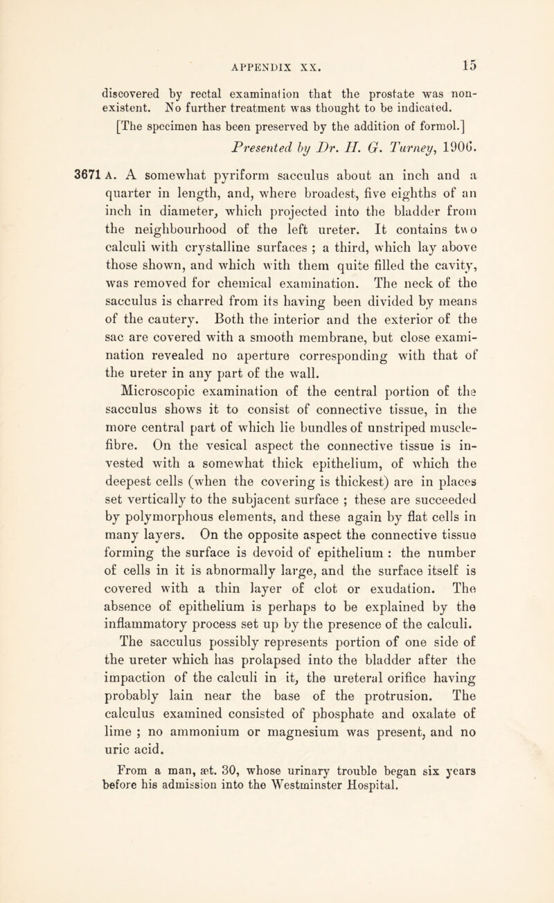 discovered by rectal examination that the prostate was non¬ existent. No further treatment was thought to be indicated. [The specimen has been preserved by the addition of formoh] Presented by Dr. II. G. Turney, 190(3. 3671 A. A somewhat pyriform sacculus about an inch and a quarter in length, and, where broadest, five eighths of an inch in diameter, which projected into the bladder from the neighbourhood of the left ureter. It contains tw o calculi with crystalline surfaces ; a third, which lay above those shown, and which with them quite filled the cavity, was removed for chemical examination. The neck of the sacculus is charred from its having been divided by means of the cautery. Both the interior and the exterior of the sac are covered with a smooth membrane, but close exami¬ nation revealed no aperture corresponding with that of the ureter in any part of the wall. Microscopic examination of the central portion of the sacculus shows it to consist of connective tissue, in the more central part of which lie bundles of unstriped muscle- fibre. On the vesical aspect the connective tissue is in¬ vested with a somewhat thick epithelium, of which the deepest cells (when the covering is thickest) are in places set vertically to the subjacent surface ; these are succeeded by polymorphous elements, and these again by flat cells in many layers. On the opposite aspect the connective tissue forming the surface is devoid of epithelium : the number of cells in it is abnormally large, and the surface itself is covered with a thin layer of clot or exudation. The absence of epithelium is perhaps to be explained by the inflammatory process set up by the presence of the calculi. The sacculus possibly represents portion of one side of the ureter which has prolapsed into the bladder after the impaction of the calculi in it, the ureteral orifice having probably lain near the base of the protrusion. The calculus examined consisted of phosphate and oxalate of lime ; no ammonium or magnesium was present, and no uric acid. From a man, set. 30, whose urinary trouble began six years before his admission into the Westminster Hospital.