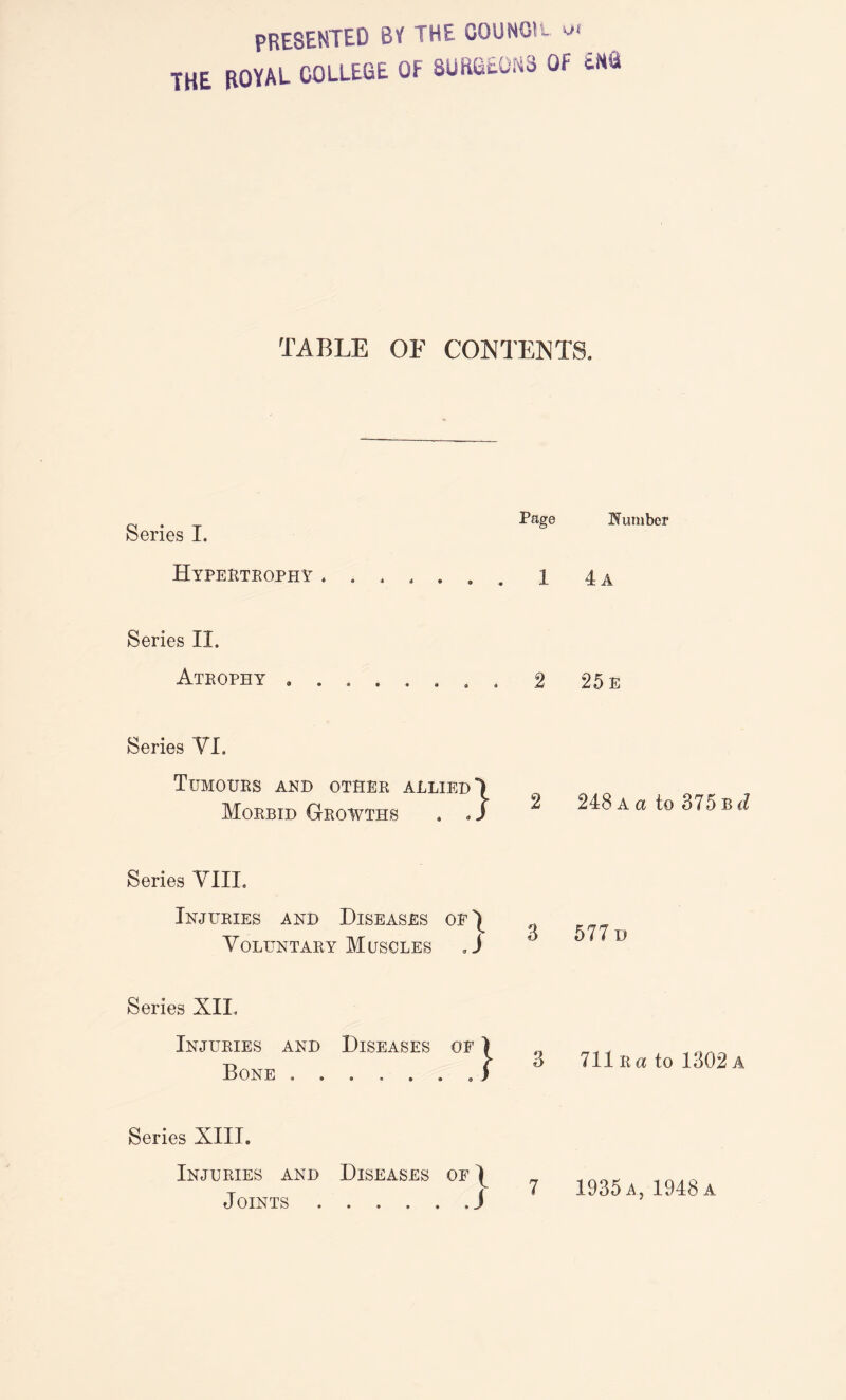 presented by the goungi _ - . e 'i L o* tuc royal college of surgeons of eng TABLE OF CONTENTS. Series I. Hypertrophy . ® 4 4 Page Number 4 A Series II. Atrophy • ♦ 2 25 e Series YI. Tumours and other allied 1 Morbid Growths . , J ^ 248 a a to 375 b Series VIII. Injuries and Diseases of^ Voluntary Muscles aJ 3 577 d Series XII. Injuries and Diseases of Bone ■9 9 9 9 3ES OF ) • • © J 3 711 r a to 1302 Series XIII. Injuries and Diseases of \ Joints . .... A 7 1935 a, 1948 a