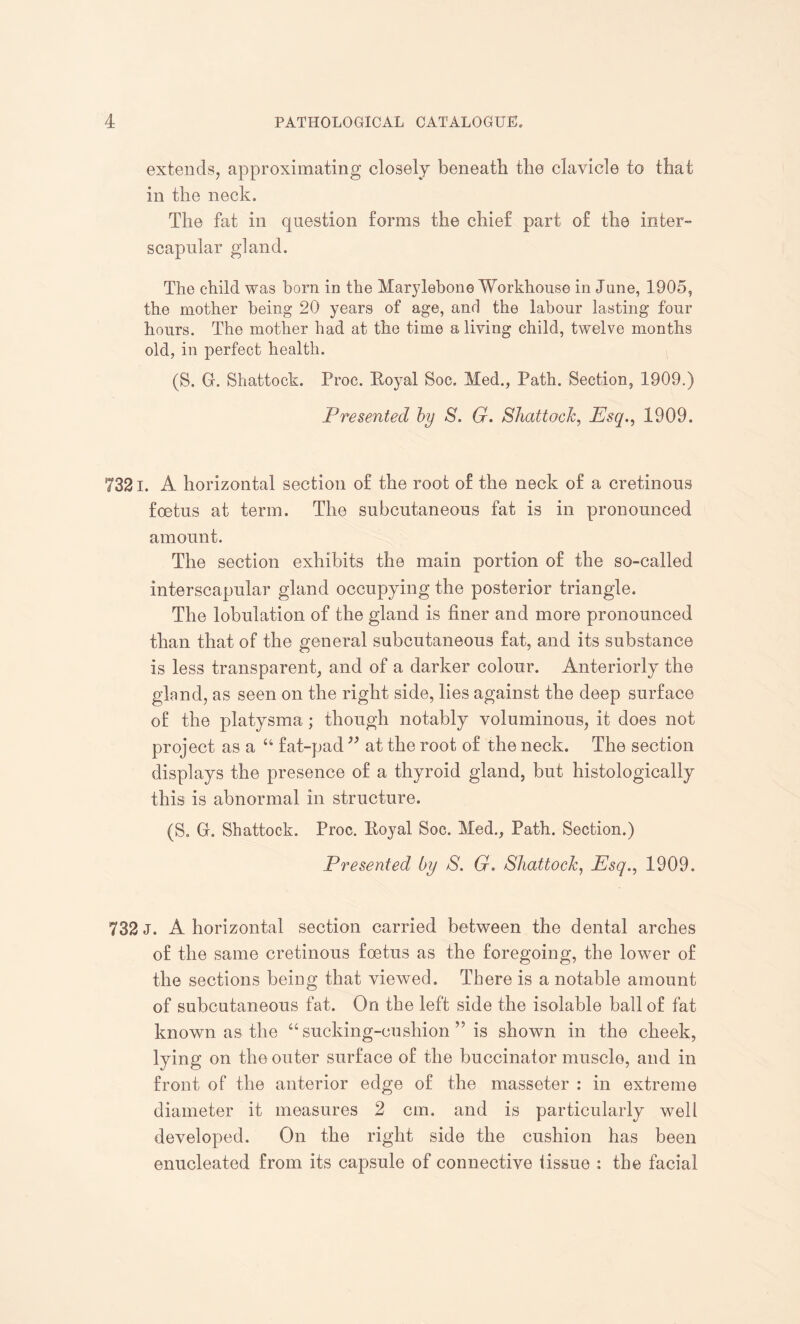 extends, approximating closely beneath the clavicle to that in the neck. The fat in question forms the chief part of the inter- scapular gland. The child was bom in the Marylebone Workhouse in June, 1905, the mother being 20 years of age, and the labour lasting four hours. The mother had at the time a living child, twelve months old, in perfect health. (S. G. Shattock. Proc. Royal Soc. Med., Path. Section, 1909.) Presented by S. G. Shattock, Esq., 1909. 7321. A horizontal section of the root of the neck of a cretinous foetus at term. The subcutaneous fat is in pronounced amount. The section exhibits the main portion of the so-called interscapular gland occupying the posterior triangle. The lobulation of the gland is finer and more pronounced than that of the general subcutaneous fat, and its substance is less transparent, and of a darker colour. Anteriorly the gland, as seen on the right side, lies against the deep surface of the platysma ; though notably voluminous, it does not project as a “ fat-pad ” at the root of the neck. The section displays the presence of a thyroid gland, but histologically this is abnormal in structure. (S. G. Shattock. Proc. Royal Soc. Med., Path. Section.) Presented by S. G. Shattock, Esq., 1909. 732 J. A horizontal section carried between the dental arches of the same cretinous foetus as the foregoing, the lower of the sections being that viewed. There is a notable amount of subcutaneous fat. On the left side the isolable ball of fat known as the “ sucking-cushion ” is shown in the cheek, lying on the outer surface of the buccinator muscle, and in front of the anterior edge of the masseter : in extreme diameter it measures 2 cm. and is particularly well developed. On the right side the cushion has been enucleated from its capsule of connective tissue : the facial