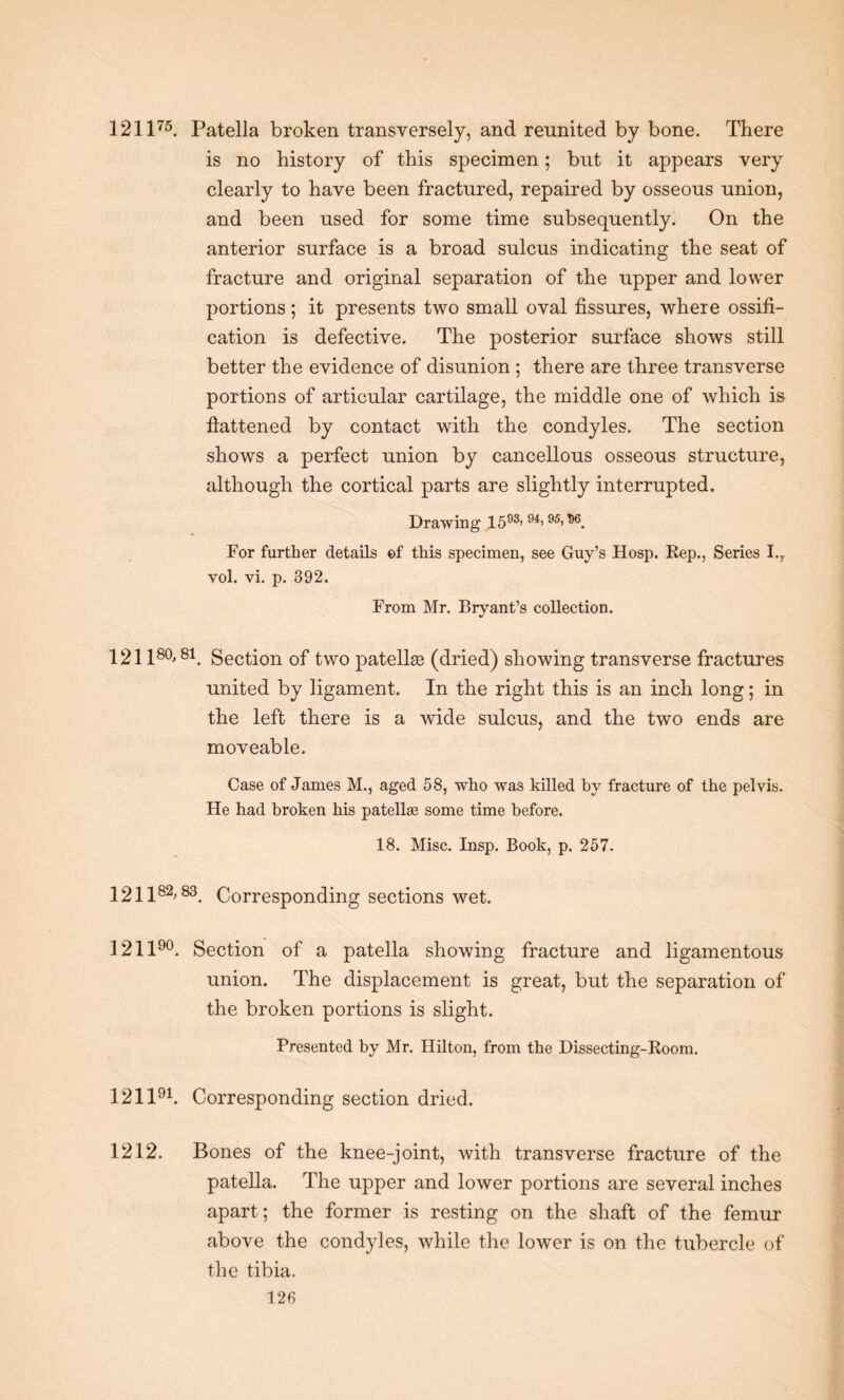 121175. Patella broken transversely, and reunited by bone. There is no history of this specimen; but it appears very clearly to have been fractured, repaired by osseous union, and been used for some time subsequently. On the anterior surface is a broad sulcus indicating the seat of fracture and original separation of the upper and lower portions; it presents two small oval fissures, where ossifi¬ cation is defective. The posterior surface shows still better the evidence of disunion ; there are three transverse portions of articular cartilage, the middle one of which is flattened by contact with the condyles. The section shows a perfect union by cancellous osseous structure, although the cortical parts are slightly interrupted. Drawing 1598’ 94>95’ ^6. For further details ©f this specimen, see Guy’s Hosp. Rep., Series I.y vol. vi. p. 392. From Mr. Bryant’s collection. 121180'81. Section of two patellae (dried) showing transverse fractures united by ligament. In the right this is an inch long; in the left there is a wide sulcus, and the two ends are moveable. Case of James M., aged 58, who was killed by fracture of the pelvis. He had broken his patellae some time before. 18. Misc. Insp. Book, p. 257. 121182'83. Corresponding sections wet. 121190. Section of a patella showing fracture and ligamentous union. The displacement is great, but the separation of the broken portions is slight. Presented by Mr. Hilton, from the Dissecting-Room. 12 ll91. Corresponding section dried. 1212. Bones of the knee-joint, with transverse fracture of the patella. The upper and lower portions are several inches apart; the former is resting on the shaft of the femur above the condyles, while the lower is on the tubercle of the tibia.
