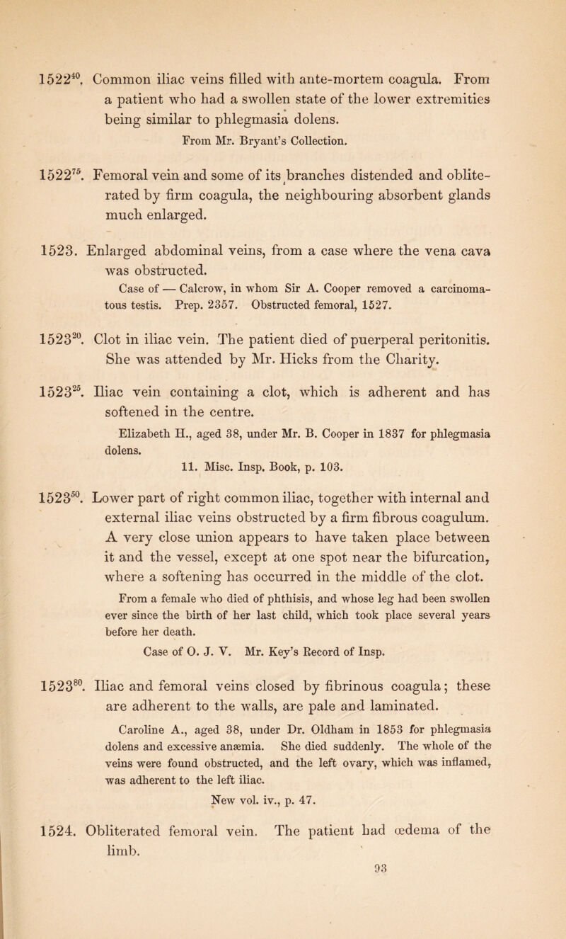 152240, Common iliac veins filled with ante-mortem coagula. From a patient who had a swollen state of the lower extremities being similar to phlegmasia dolens. From Mr. Bryant’s Collection. 152275. Femoral vein and some of its branches distended and oblite- i rated by firm coagula, the neighbouring absorbent glands much enlarged. 1523. Enlarged abdominal veins, from a case where the vena cava was obstructed. Case of — Calcrow, in whom Sir A. Cooper removed a carcinoma¬ tous testis. Prep. 2357. Obstructed femoral, 1527. 152320. Clot in iliac vein. The patient died of puerperal peritonitis. She was attended by Mr. Hicks from the Charity. 152325. Iliac vein containing a clot, which is adherent and has softened in the centre. Elizabeth H., aged 38, under Mr. B. Cooper in 1837 for phlegmasia dolens. 11. Misc. Insp. Book, p. 103. 152350. Lower part of right common iliac, together with internal and external iliac veins obstructed by a firm fibrous coagulum. A very close union appears to have taken place between it and the vessel, except at one spot near the bifurcation, where a softening has occurred in the middle of the clot. From a female who died of phthisis, and whose leg had been swollen ever since the birth of her last child, which took place several years before her death. Case of 0. J. V. Mr. Key’s Record of Insp, 152380. Iliac and femoral veins closed by fibrinous coagula; these are adherent to the walls, are pale and laminated. Caroline A., aged 38, under Dr. Oldham in 1853 for phlegmasia dolens and excessive anaemia. She died suddenly. The whole of the veins were found obstructed, and the left ovary, which was inflamed, was adherent to the left iliac. New vol. iv., p. 47. 1524. Obliterated femoral vein. The patient had oedema of the limb.