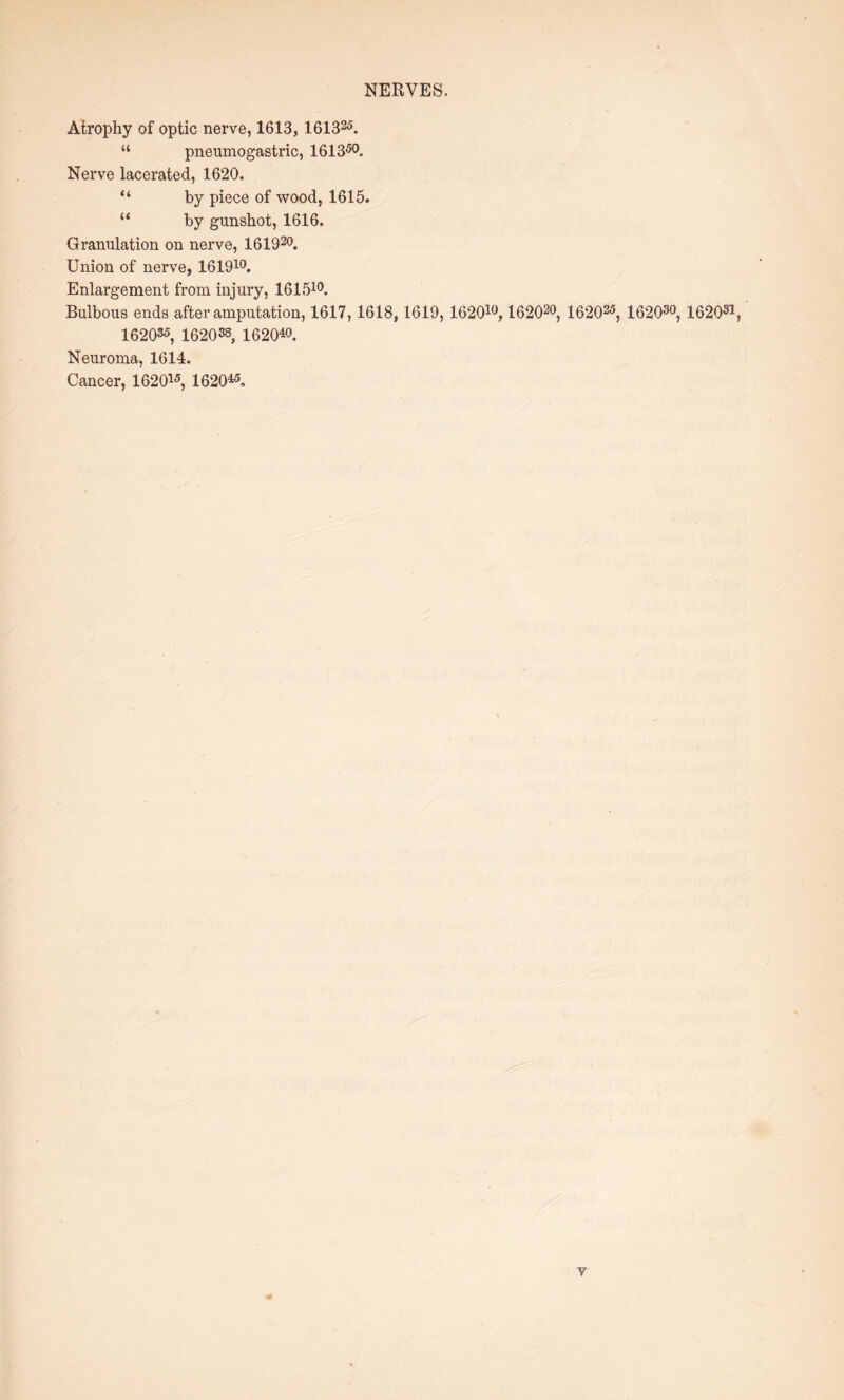 NERVES, Atrophy of optic nerve, 1613, 161325. “ pneumogastric, 161 350. Nerve lacerated, 1620. “ by piece of wood, 1615. “ by gunshot, 1616. Granulation on nerve, 161920. Union of nerve, 161910. Enlargement from injury, 161510. Bulbous ends after amputation, 1617,1618, 1619, 1620lw, 162020, 162025, 162030, 162031, 162035, 162038, 162040. Neuroma, 1614. Cancer, 1620”, 162045.
