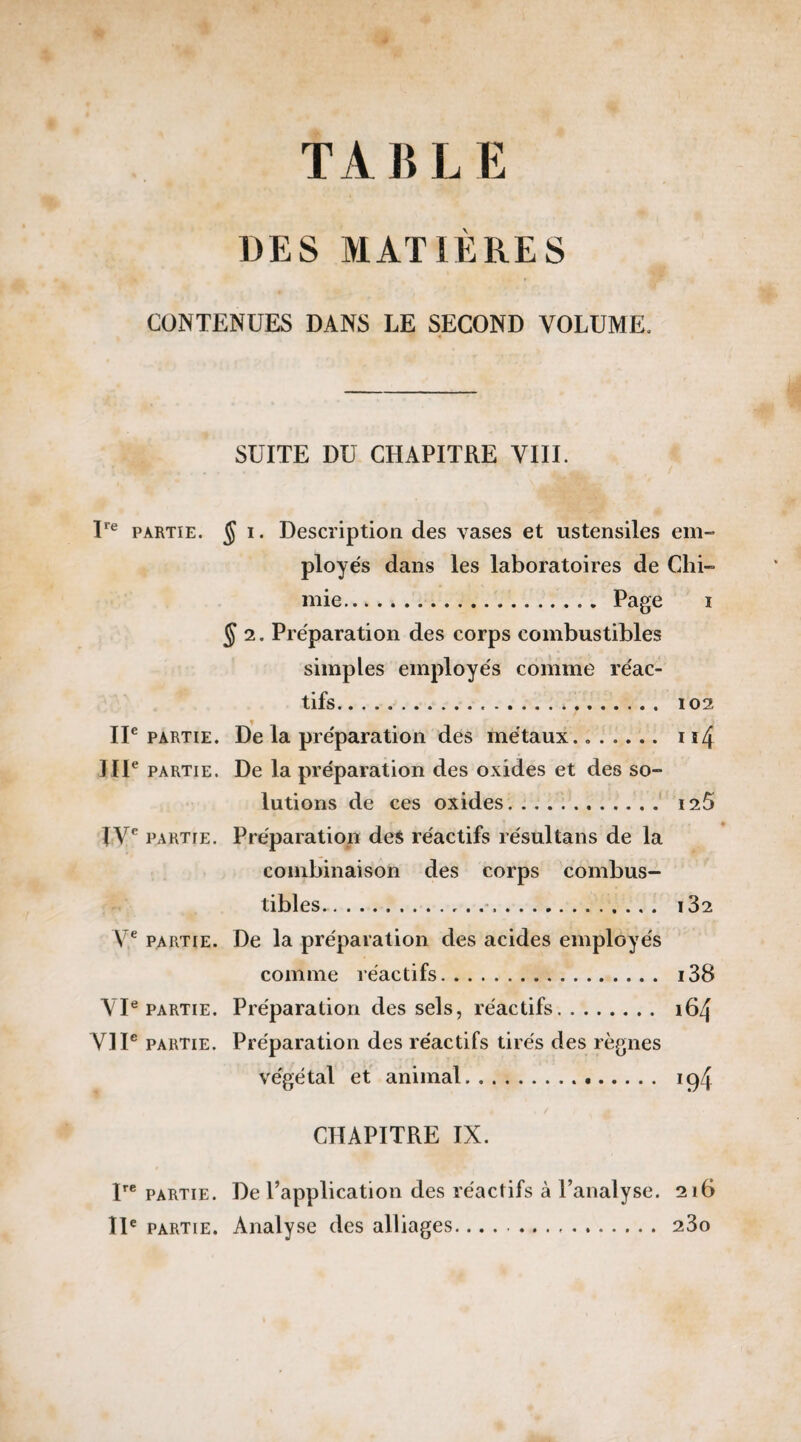 TAULE UES MATIÈRES CONTENUES DANS LE SECOND VOLUME. SUITE DU CHAPITRE VIII. Ire partie. § i. Description des vases et ustensiles em¬ ployés dans les laboratoires de Chi¬ mie. Page i § 2. Préparation des corps combustibles simples employés comme réac¬ tifs..... 102 IIe partie. De la préparation des métaux... 114 IIIe partie. De la préparation des oxides et des so¬ lutions de ces oxides. .. 125 IVe partie. Préparation des réactifs résultans de la combinaison des corps combus¬ tibles.-,. l32 Ve partie. De la préparation des acides employés comme réactifs. i38 VIe partie. Préparation des sels, réactifs. 164 VIIe partie. Préparation des réactifs tirés des règnes végétal et animal. ic)4 CHAPITRE IX. Ire partie. De l’application des réactifs à l’analyse. 216 IIe partie. Analyse des alliages.. 23o