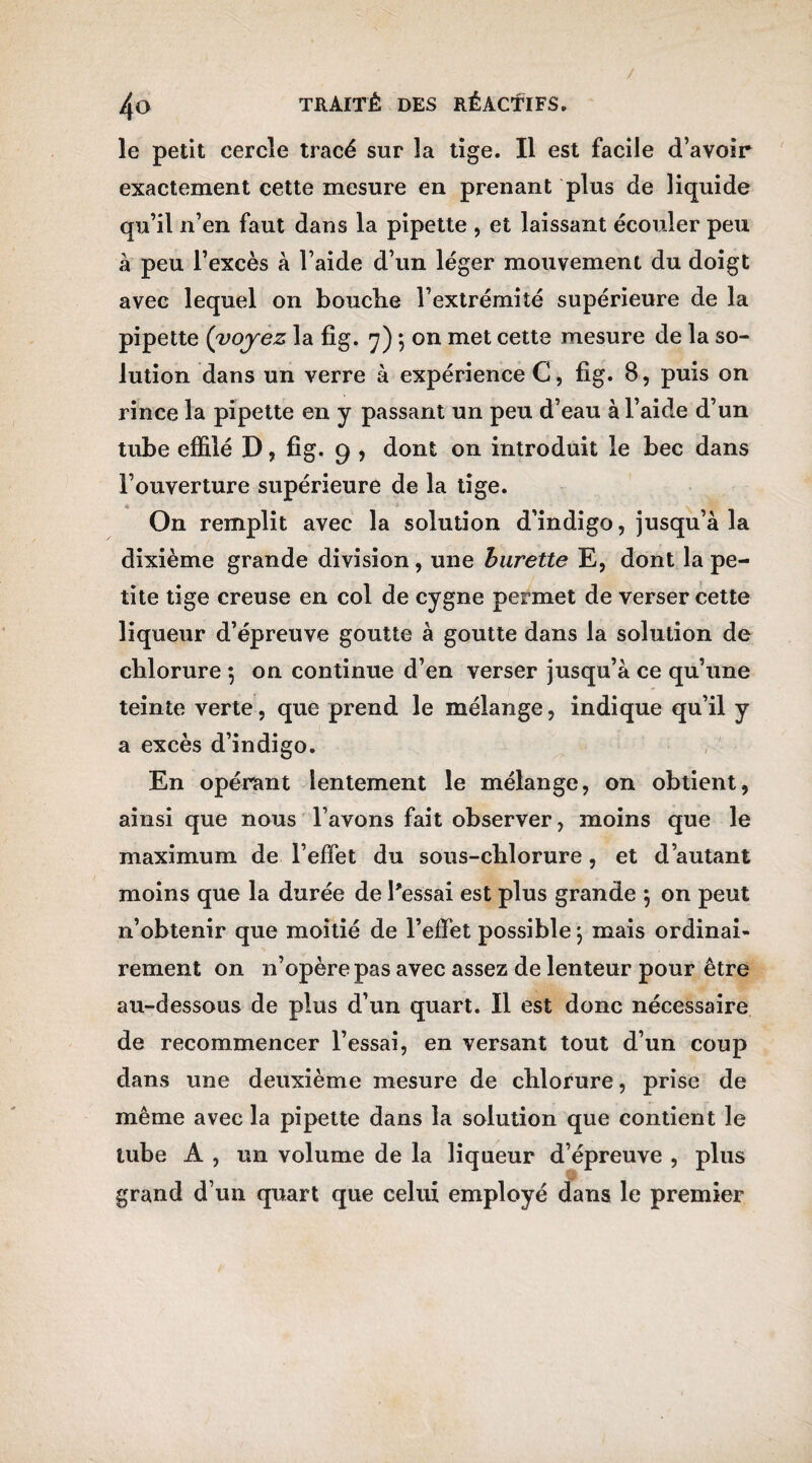 le petit cercle tracé sur la tige. Il est facile d’avoir exactement cette mesure en prenant plus de liquide qu’il n’en faut dans la pipette , et laissant écouler peu à peu l’excès à l’aide d’un léger mouvement du doigt avec lequel on bouclie l’extrémité supérieure de la pipette (voyez la fîg. 7) *, on met cette mesure de la so¬ lution dans un verre à expérience C, fig. 8, puis on rince la pipette en y passant un peu d’eau à l’aide d’un tube effilé D, fig. 9 , dont on introduit le bec dans l’ouverture supérieure de la tige. On remplit avec la solution d’indigo, jusqu’à la dixième grande division, une burette E, dont la pe¬ tite tige creuse en col de cygne permet de verser cette liqueur d’épreuve goutte à goutte dans la solution de chlorure ; on continue d’en verser jusqu’à ce qu’une teinte verte, que prend le mélange, indique qu’il y a excès d’indigo. En opérant lentement le mélange, on obtient, ainsi que nous l’avons fait observer, moins que le maximum de l’effet du sous-clilorure, et d’autant moins que la durée de l'essai est plus grande 5 on peut n’obtenir que moitié de l’effet possible \ mais ordinai¬ rement on n’opère pas avec assez de lenteur pour être au-dessous de plus d’un quart. Il est donc nécessaire de recommencer l’essai, en versant tout d’un coup dans une deuxième mesure de chlorure, prise de même avec la pipette dans la solution que contient le tube A , un volume de la liqueur d’épreuve , plus grand d’un quart que celui employé dans le premier