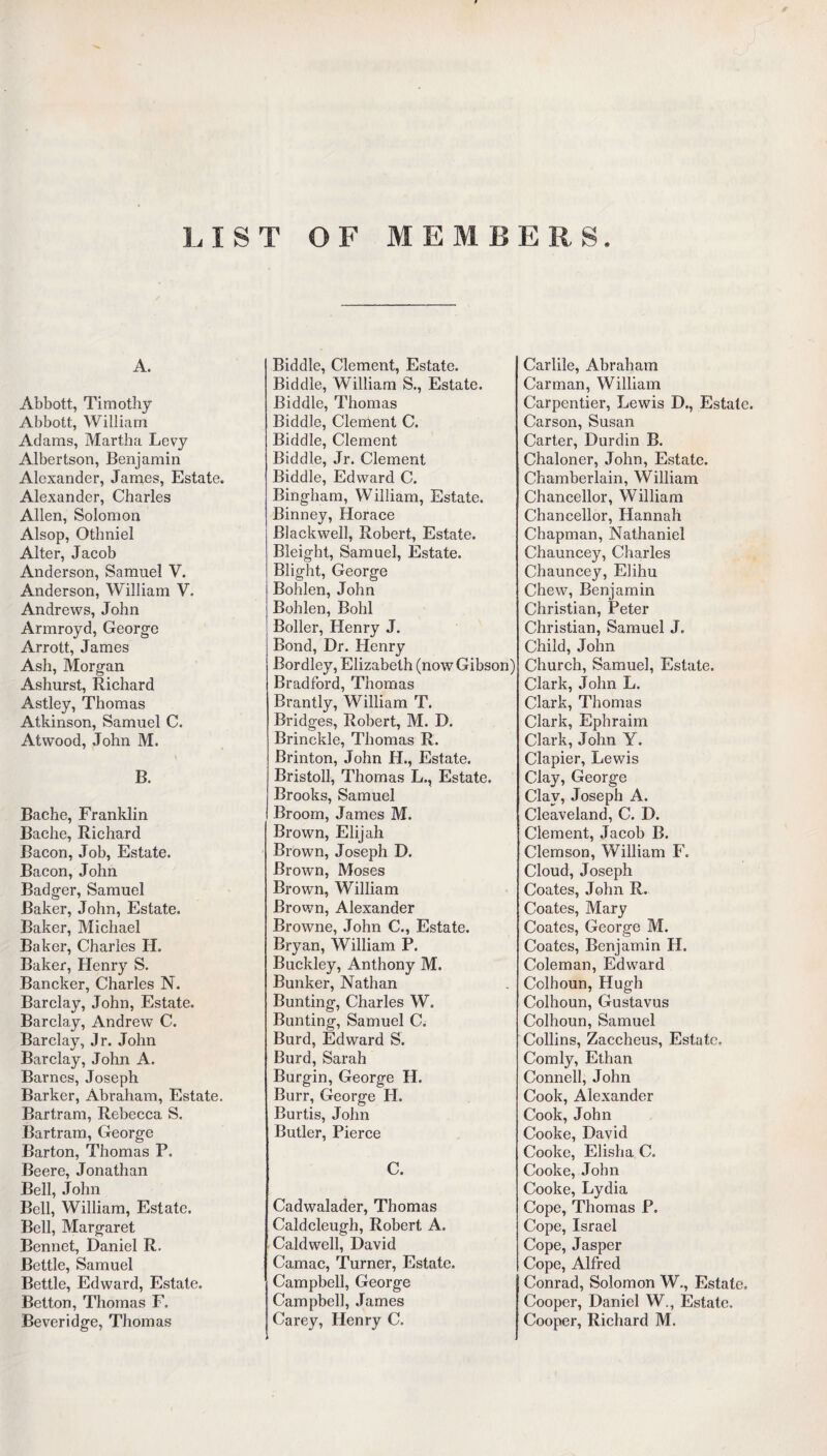 1ST OF MEMBERS A. Abbott, Timothy Abbott, William Adams, Martha Levy Albertson, Benjamin Alexander, James, Estate. Alexander, Charles Allen, Solomon Alsop, Othniel Alter, Jacob Anderson, Samuel V. Anderson, William V. Andrews, John Armroyd, George Arrott, James Ash, Morgan Ashurst, Richard Astley, Thomas Atkinson, Samuel C. Atwood, John M. B. Bache, Franklin Bache, Richard Bacon, Job, Estate. Bacon, John Badger, Samuel Baker, John, Estate. Baker, Michael Baker, Charles H. Baker, Henry S. Bancker, Charles N. Barclay, John, Estate. Barclay, Andrew C. Barclay, Jr. John Barclay, John A. Barnes, Joseph Barker, Abraham, Estate. Bartram, Rebecca S. Bartram, George Barton, Thomas P. Beere, Jonathan Bell, John Bell, William, Estate. Bell, Margaret Bennet, Daniel R. Bettle, Samuel Bettle, Edward, Estate. Betton, Thomas F. Beveridge, Thomas Biddle, Clement, Estate. Biddle, William S., Estate. Biddle, Thomas Biddle, Clement C. Biddle, Clement Biddle, Jr. Clement Biddle, Edward C. Bingham, William, Estate. Binney, Horace Blackwell, Robert, Estate. Bleight, Samuel, Estate. Blight, George Bohlen, John Bohlen, Bohl Boiler, Henry J. Bond, Dr. Henry Bordley, Elizabeth (now Gibson) Bradford, Thomas Brantly, William T. Bridges, Robert, M. D. Brinckle, Thomas R. Brinton, John H., Estate. Bristoll, Thomas L., Estate. Brooks, Samuel Broom, James M. Brown, Elijah Brown, Joseph D. Brown, Moses Brown, William Brown, Alexander Browne, John C., Estate. Bryan, William P. Buckley, Anthony M. Bunker, Nathan Bunting, Charles W. Bunting, Samuel C. Burd, Edward S. Burd, Sarah Burgin, George H. Burr, George H. Burtis, John Butler, Pierce C. Cadwalader, Thomas Caldcleugh, Robert A. Caldwell, David Camac, Turner, Estate. Campbell, George Campbell, James Carey, Henry C. Carlile, Abraham Carman, William Carpentier, Lewis D., Estate. Carson, Susan Carter, Durdin B. Chaloner, John, Estate. Chamberlain, William Chancellor, William Chancellor, Hannah Chapman, Nathaniel Chauncey, Charles Chauncey, Elihu Chew, Benjamin Christian, Peter Christian, Samuel J. Child, John Church, Samuel, Estate. Clark, John L. Clark, Thomas Clark, Ephraim Clark, John Y. Clapier, Lewis Clay, George Clay, Joseph A. Cleaveland, C. D. Clement, Jacob B. Clemson, William F. Cloud, Joseph Coates, John R. Coates, Mary Coates, George M. Coates, Benjamin H. Coleman, Edward Colhoun, Hugh Colhoun, Gustavus Colhoun, Samuel Collins, Zaccheus, Estate, Comly, Ethan Connell, John Cook, Alexander Cook, John Cooke, David Cooke, Elisha C. Cooke, John Cooke, Lydia Cope, Thomas P. Cope, Israel Cope, Jasper Cope, Alfred Conrad, Solomon W., Estate. Cooper, Daniel W., Estate. Cooper, Richard M.