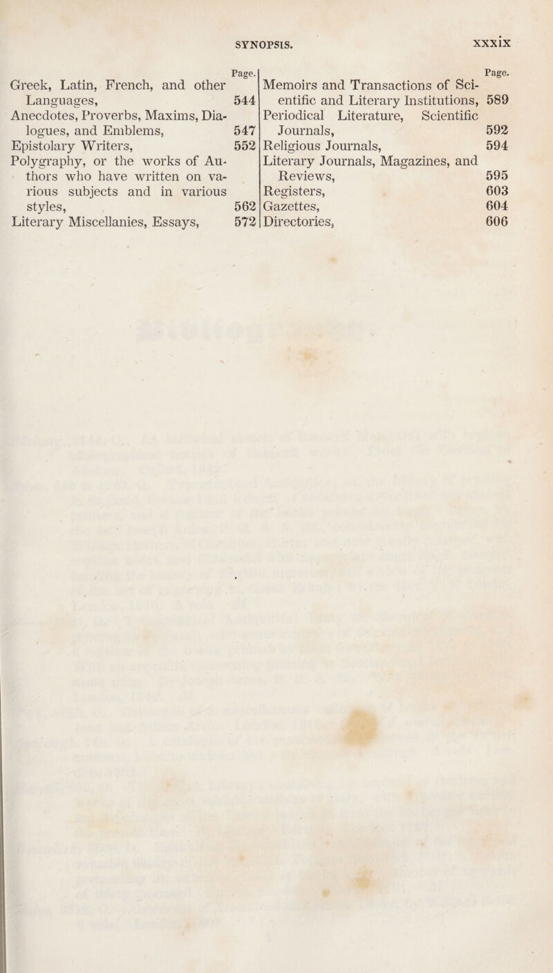 Greek, Latin, French, and other Languages, Anecdotes, Proverbs, Maxims, Dia¬ logues, and Emblems, Epistolary Writers, Polygraphy, or the works of Au¬ thors who have written on va¬ rious subjects and in various styles, Literary Miscellanies, Essays, Page. 544 547 552 562 572 Page. Memoirs and Transactions of Sci¬ entific and Literary Institutions, 589 Periodical Literature, Scientific Journals, 592 Religious Journals, 594 Literary Journals, Magazines, and Reviews, 595 Registers, 603 Gazettes, 604 Directories, 606