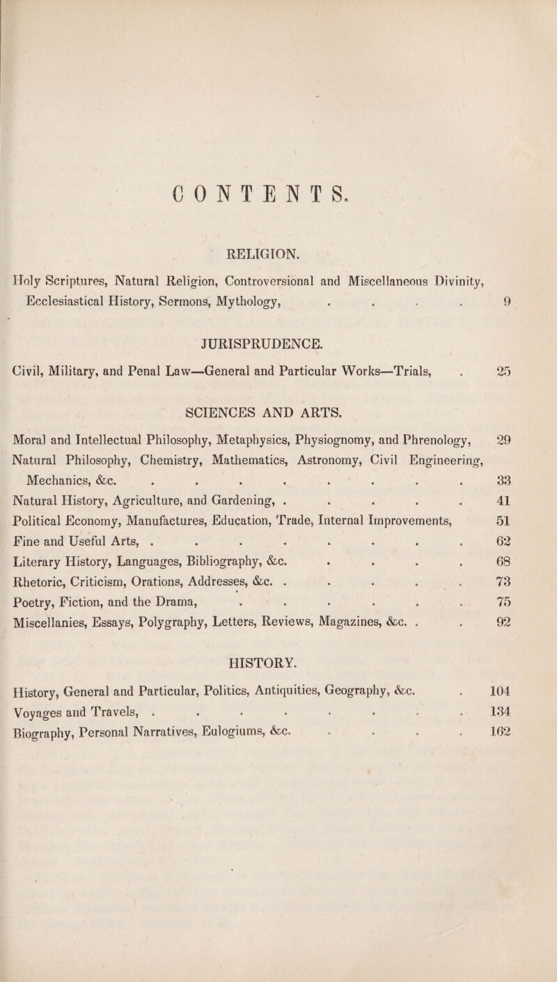 CONTENTS. RELIGION. Holy Scriptures, Natural Religion, Controversional and Miscellaneous Divinity, Ecclesiastical History, Sermons, Mythology, .... 9 JURISPRUDENCE. Civil, Military, and Penal Law—General and Particular Works—Trials, . 25 SCIENCES AND ARTS. Moral and Intellectual Philosophy, Metaphysics, Physiognomy, and Phrenology, 29 Natural Philosophy, Chemistry, Mathematics, Astronomy, Civil Engineering, Mechanics, &c. ........ 33 Natural History, Agriculture, and Gardening, ..... 41 Political Economy, Manufactures, Education, Trade, Internal Improvements, Si- Fine and Useful Arts, ........ 62 Literary History, Languages, Bibliography, &c. . . . .68 Rhetoric, Criticism, Orations, Addresses, &c. ..... 73 * Poetry, Fiction, and the Drama, ...... 75 Miscellanies, Essays, Polygraphy, Letters, Reviews, Magazines, &c. . . 92 HISTORY. History, General and Particular, Politics, Antiquities, Geography, &c. . 104 Voyages and Travels, . . . . . . . . • 134 Biography, Personal Narratives, Eulogiums, &c. . . . .162