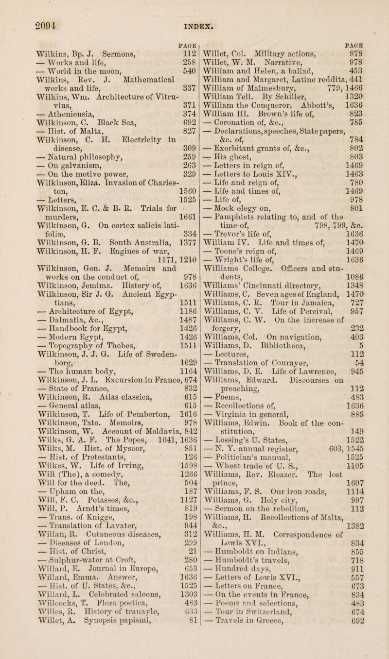 PAGE Wilkins, Bp. J. Sermons, 112 — Works and life, 258 — World in tlie moon, 540 Wilkins, Rev. J. Mathematical works and life, 337 Wilkins, Wm. Architecture of Vitru¬ vius, 371 — Atheniensia, 374 Wilkinson, C. Black Sea, 692 — Hist, of Malta, 827 Wilkinson, C. H. Electricity in disease, 309 — Natural philosophy, 259 — On galvanism, 263 — On the motive power, 329 Wilkinson, Eliza. Invasion of Charles¬ ton, 1560 — Letters, 1525 Wilkinson, E. C. & B. R. Trials for murders, 1661 Wilkinson, G. On cortex salicis lati- folise, 334 Wilkinson, G. B. South Australia, 1377 Wilkinson, H. F. Engines of war, 1171,1210 Wilkinson, Gen. J. Memoirs and works on the conduct of, 978 Wilkinson, Jemima. History of, 1636 Wilkinson, Sir J. G. Ancient Egyp¬ tians, 1511 — Architecture of Egypt, 1186 — Dalmatia, &c., 1487 — Handbook for Egypt, 1426 — Modern Egypt, 1426 — Topography of Thebes, 1511 Wilkinson, J. J. G. Life of Sweden¬ borg, 1629 — The human body, 1164 Wilkinson, J. L. Excursion in France, 674 — State of France, 832 Wilkinson, R. Atlas classica, 615 — General atlas, 615 Wilkinson, T. Life of Pemberton, 1616 Wilkinson, Tate. Memoirs, 978 Wilkinson, W. Account of Moldavia, 842 Wilks, G. A. F. The Popes, 1041, 1636 Wilks, M. Hist, of Mysoor, 851 — Hist, of Protestants, 126 Wilkes, W. Life of Irving, 1598 Will (The), a comedy, 1266 Will for the deed. The, 504 — Upham on the, 187 Will, F. C. Potasses, &c., 1127 Will, P. Arndt’s times, 819 — Trans, of Knigge, 198 — Translation of Lavater, 944 Willan, R. Cutaneous diseases, 312 — Diseases of London, 299 — Hist, of Christ, 21 — .Sulphur-water at Croft, 280 Willard, E. Journal in Europe, 653 Willard, Emma. Answer, 1636 — Hist, of U. States, &c., 1525 Willard, L. Celebrated saloons, 1303 Willcocks, T. Flora poetica, 483 Willes, R. History of trauayle, 633 Willet, A. Synopsis papismi, 81 PAGE Willet, Col. Military actions, 978 Willet, W. M. Narrative, 978 William and Helen, a ballad, 453 William and Margaret, Latine reddita, 441 WTilliam of Malmesburv, 779, 1466 William Tell. By Schiller, 1320 William the Conqueror. Abbott’s, 1636 William III. Brown’s life of, 823 — Coronation of, &c., 785 — Declarations, speeches, State papers, &c. of, 784 — Exorbitant grants of, &e., 802 — His ghost, 803 — Letters in reign of, 1469 — Letters to Louis XIV., 1463 — Life and reign of, 780 — Life and times of, 1469 — Life of, 978 — Mock elegy on, 801 — Pamphlets relating to, and of the time of, 798, 799, &c. — Trevor’s life of, 1636 William IV. Life and times of, 1470 — Toone’s reign of, 1469 — Wright’s life of, 1636 Williams College. Officers and stu¬ dents, 1086 Williams’ Cincinnati directory, 1348 Williams, C. Seven ages of England, 1470 Williams, C. R. Tour in Jamaica, 727 Williams, C. V. Life of Percival, 957 Williams, C. W. On the increase of forgery, 232 Whlliams, Col. On navigation, 403 Williams, D. Bibliotheca, 5 — Lectures, 112 — Translation of Courayer, 54 Williams, D. E. Life of Lawrence, 945 Williams, Edward. Discourses on preaching, 112 — Poems, 483 — Recollections of, 1636 — Virginia in general, 885 Williams, Edwin. Book of the con¬ stitution, 149 — Lossing’s U. States, 1522 — N. Y. annual register, 603, 1545 — Politician’s manual, 1525 — Wheat trade of U. S., 1105 Williams, Rev. Eleazer. The lost prince, 1607 Williams, F. S. Our iron roads, 1114 Williams, G. Holy city, 997 — Sermon on the rebellion, 112 Williams, H. Recollections of Malta, &c., 1382 Williams, H. M. Correspondence of Lewis XVI., 834 — Humboldt on Indians, 855 — Humboldt’s travels, 718 — Hundred days, 911 — Letters of Lewis XVI., 557 — Letters on France, 673 — On the events in France, 834 — Poems and selections, 483 — Tour in Switzerland, 674 — Travels in Greece, 692