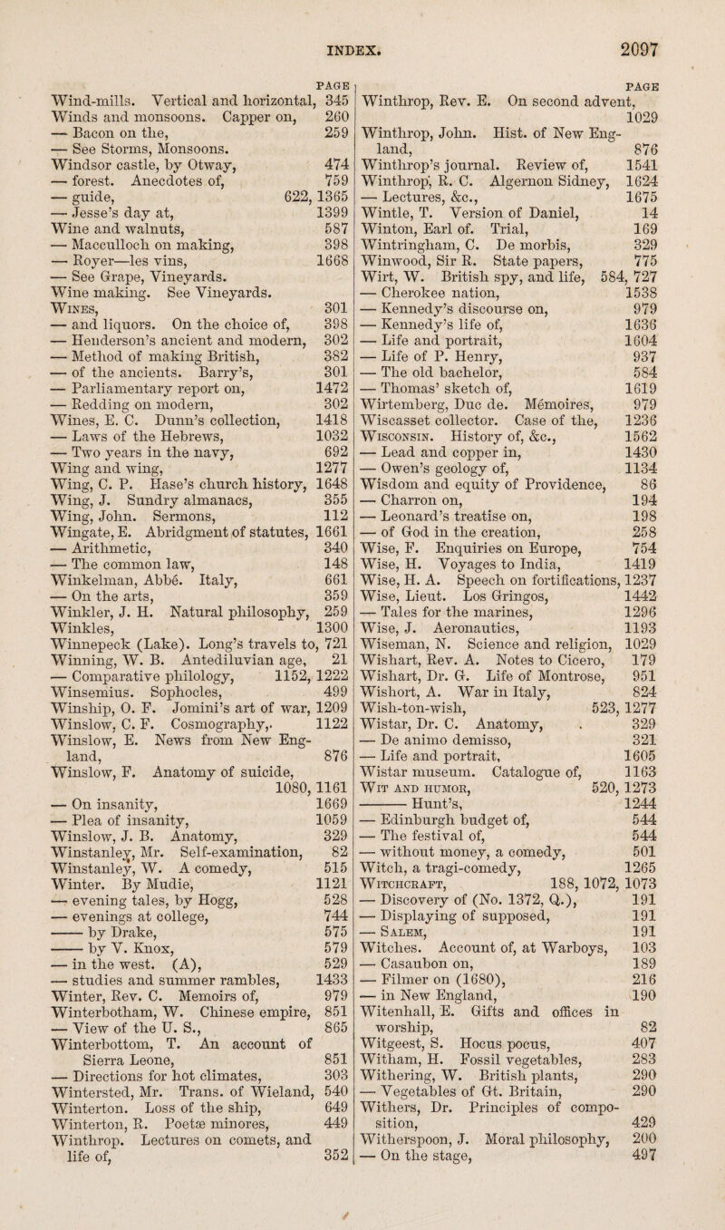 PAGE Wind-mills. Vertical and horizontal, 345 Winds and monsoons. Capper on, 260 —• Bacon on tlie, 259 — See Storms, Monsoons. Windsor castle, by Otway, 474 — forest. Anecdotes of, 759 — guide, 622, 1365 — Jesse’s day at, 1399 Wine and walnuts, 587 —• Macculloch on making, 398 — Royer—les vins, 1668 — See Grape, Vineyards. Wine making. See Vineyards. Wines, 301 — and liquors. On the choice of, 398 — Henderson’s ancient and modern, 302 — Method of making British, 382 — of the ancients. Barry’s, 301 — Parliamentary report on, 1472 — Redding on modern, 302 Wines, E. C. Dunn’s collection, 1418 — Laws of the Hebrews, 1032 — Two years in the navy, 692 Wing and wing, 1277 Wing, C. P. Plase’s church history, 1648 Wing, J. Sundry almanacs, 355 Wing, John. Sermons, 112 Wingate, E. Abridgment of statutes, 1661 — Arithmetic, 340 — The common law, 148 Winkelman, Abbe. Italy, 661 — On the arts, 359 Winkler, J. H. Natural philosophy, 259 Winkles, 1300 Winnepeck (Lake). Long’s travels to, 721 Winning, W. B. Antediluvian age, 21 — Comparative philology, 1152, 1222 Winsemius. Sophocles, 499 Winship, O. F. Jomini’s art of war, 1209 Winslow, C. F. Cosmography,. 1122 Winslow, E. News from New Eng¬ land, 876 Winslow, F. Anatomy of suicide, 1080, 1161 — On insanity, 1669 — Plea of insanity, 1059 Winslow, J. B. Anatomy, 329 Winstanley, Mr. Self-examination, 82 Winstanley, W. A comedy, 515 Winter. By Mudie, 1121 —> evening tales, by Hogg, 528 — evenings at college, 744 -by Drake, 575 -by V. Knox, 579 — in the west. (A), 529 — studies and summer rambles, 1433 Winter, Rev. C. Memoirs of, 979 Winterbotham, W. Chinese empire, 851 — View of the U. S., 865 Winterbottom, T. An account of Sierra Leone, 851 — Directions for hot climates, 303 Wintersted, Mr. Trans, of Wieland, 540 Winterton. Loss of the ship, 649 Winterton, R. Poetse minores, 449 Winthrop. Lectures on comets, and life of, PAGE Winthrop, Rev. E. On second advent, 1029 Winthrop, John. Hist, of New Eng¬ land, 876 Winthrop’s journal. Review of, 1541 Winthrop, R. C. Algernon Sidney, 1624 — Lectures, &c., 1675 Wintle, T. Version of Daniel, 14 Winton, Earl of. Trial, 169 Wintringham, C. De morbis, 329 Winwood, Sir R. State papers, 775 Wirt, W. British spy, and life, 584, 727 — Cherokee nation, 1538 — Kennedy’s discourse on, 979 — Kennedy’s life of, 1636 — Life and portrait, 1604 — Life of P. Henry, 937 — The old bachelor, 584 — Thomas’ sketch of, 1619 Wirtemberg, Due de. Memoires, 979 Wiscasset collector. Case of the, 1236 Wisconsin. History of, &c., 1562 — Lead and copper in, 1430 — Owen’s geology of, 1134 Wisdom and equity of Providence, 86 — Charron on, 194 — Leonard’s treatise on, 198 — of God in the creation, 258 Wise, F. Enquiries on Europe, 754 Wise, H. Voyages to India, 1419 Wise, H. A. Speech on fortifications, 1237 Wise, Lieut. Los Gringos, 1442 — Tales for the marines, 1296 Wise, J. Aeronautics, 1193 Wiseman, N. Science and religion, 1029 Wishart, Rev. A. Notes to Cicero, 179 Wishart, Dr. G. Life of Montrose, 951 Wishort, A. War in Italy, 824 Wish-ton-wish, 523, 1277 Wistar, Dr. C. Anatomy, . 329 — De animo demisso, 321 — Life and portrait, 1605 Wistar museum. Catalogue of, 1163 Wit and humoe, 520, 1273 -Hunt’s, 1244 — Edinburgh budget of, 544 — The festival of, 544 — without money, a comedy, 501 Witch, a tragi-comedy, 1265 Witchcraft, 188, 1072, 1073 — Discovery of (No. 1372, Q.), 191 — Displaying of supposed, 191 — Salem, 191 Witches. Account of, at Warboys, 103 — Casaubon on, 189 — Filmer on (1680), 216 — in New England, 190 Witenhall, E. Gifts and offices in worship, 82 Witgeest, S. Hocus pocus, 407 Wi'tham, H. Fossil vegetables, 283 Withering, W. British plants, 290 —- Vegetables of Gt. Britain, 290 Withers, Dr. Principles of compo¬ sition, 429 Witherspoon, J. Moral philosophy, 200 — On the stage, 497 352