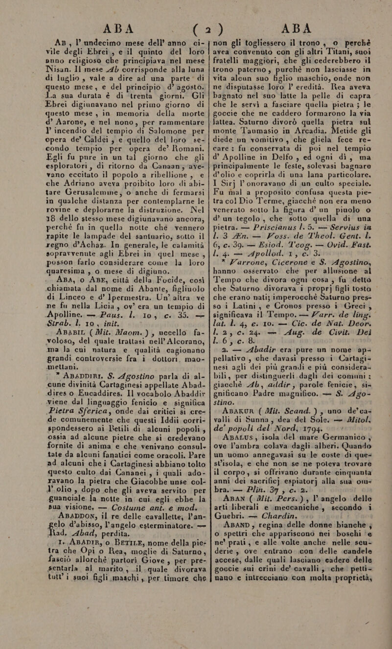 AB, l’undecimo mese dell’ anno ci- vile degli Ebrei, e il quinto del loro anno religioso che principiava nel mese Nisan. Il mese 4d corrisponde alla luna di luglio , vale a dire ad una parte‘ di questo mese, e del principio d’ agosto. La sua durata è di ‘trenta giorni. Gli Ebrei digiunavano nel primo giorno di questo mese , in memoria della morte d’ Aarone, e nel nono, per rammentare } incendio del tempio di Salomone per opera de’ Caldei, e quello del loro se- condo tempio per opera de’ Romani. Egli fu pure in un tal giorno che gli esploratori, di ritorno da Canaan, ave- vano eccitato il popolo a ribellione , e che Adriano aveva proibito loro di abi- tare Gerusalemme, o anche di fermarsi in qualche distanza per contemplarne le rovine e deplorarne la distruzione. Nel 18 dello stesso mese digiunavano ancora, perchè fu in quella notte ché vennero rapite le lampade del santuario, sotto il regno d’Achaz. In generale, le calamità sopravvenute agli Ebrei in quel mese, posson farlo considerare come la loro quaresima , o mese di digiuno. ABA, 0 ABE, città della Focide, così chiamata dal nome di Abante, figliuolo di Linceo e d’ Ipermestra. Un’ altra ve ne fu nella Licia, ov era un tempio di Apolline. — Paus. Î 10, c. 35. — Strab. l. 10, init. ABazir (Mit. Maom.), uccello fa- voloso, del quale trattasi nell’ Alcorano, ma la cui natura e qualità cagionano grandi controversie fra i dottori, mao- mettani. * ABADDIRI, S. Agostino parla di al- cune divinità Cartaginesi appellate Abad- dires o Eucaddires. Il vocabolo Abaddir viene dal linguaggio fenicio e significa .Pietra Sferica, onde dai critici si cre- de comunemente che questi Iddii corri- spondessero ai letili di. alcuni popoli, ossia ad alcune pietre che si credevano fornite di anima e che venivano consul- tate da alcuni fanatici come oracoli. Pare ad alcuni chei Cartaginesi abbiano tolto questo culto dai Cananei, i quali ado- ravano la pietra che Giacobbe unse col- I’. olio , dopo che gli aveva servito per guanciale la notte in cui egli ebbe la sua visione, — Costume ant. e mod. ABADDON, il re delle cavallette; l’an- elo d’abisso, l’angelo esterminatore. — fiad. Ahad, perdita. I. ABADIR, o BETILE, nome della pie- tra che Opi o Rea, moglie di Saturno, fasciò allorchè partori Giove , per pre- sentarla. al marito , .il.quale divorava tutti suoi figli maschi, per timore che non gli togliessero il trono, o perchè avea convenuto con gli altri Titani, suoi fratelli maggiori, che gli cederebbero il trono paterno, purchè non lasciasse in vita alcan suo figlio maschio, onde non ne disputasse loro 1’ eredità. Rea aveva bagnato nel suo latte la pelle di capra che le servi a fasciare quella pietra ; le goccie che ne caddero formarono la via monte T'aumasio in Arcadia. Metide gli diede un vomitivo , che gliela fece re- care : fu conservata di poi nel tempio d’ Apolline in Delfo , ed ogni dì, ma principalmente le feste, solevasi bagnare d’olio e coprirla di una lana particolare, I Sirj l’onoravano di un culto speciale. Fu mal a proposito confusa questa pie- tra col Dio Terme, giacchè non era meno venerato sotto la figura d’ un piuolo o d’ un tegolo , che sotto quella di una pietra. — Priscianus l. 5. — Servius ia 1.3 An. — Voss. de T'heol. Gent. Ì. 6, c.:39. — Esiod. T'eog. — Ovid. Fast. l. 4. — Apollod. 1, c. 3. * Zarrone, Cicerone e S. Agostino, hanno osservato che per allusione al Tempo che divora ogni cosa , fu detta che Saturno divorava i proprj figli tosta | che erano nati; imperocchè Saturno pres- so i Latini, e Cronos presso i Greci, significava il Tempo. — Zarr. de ling. lat. Ì. 4, e. 10. — Cic. de Nat. Deon. l. 2,0. 24. — Aug. de Civit. Dei Le 6'5:c. 8: 2. — Abadir era pure un nome ap- pellativo , che davasi presso i Cartagi- nesi agli dei più grandi e più considera- bili, per distinguerli. dagli dei comuni ; giacchè Ab, addir, parole fenicie, si- gnificano Padre magnifico. — S. 4g0- stino. ABAKRUR ( Mit. Scand. ) , uno de’ ca+ valli di Sunna, dea del Sole, — Mitol, de’ popoli del Nord, 1794. ABALUS, isola del mare Germanico , ove l’ambra colava dagli. alberi. Quando un uomo annegavasi su le coste di que+ il corpo; si offrivano durante cinquanta anni dei sacrificj espiatorj alla sua om bra. — Plin. 3y , c. 2. ABAN ( Mit. Pers.) , l'angelo delle Guebri. — Chardin. ABAND, regina: delle donne bianche ; o spettri che appariscono nei boschi ‘e ne’ prati, e alle valte anche nelle scu- derie, ove entrano .con delle candele accese, dalle quali lasciano cadere delle goccie sui crini de’ cavalli, che. petti- nano e intrecciano con molta proprietà,