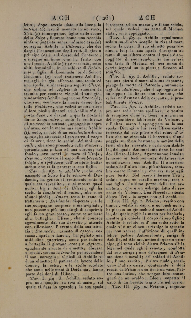 letto, dopo averlo dato alla luce; la nutrice (b) lava il neonato in un vaso ; ‘l'eti. (c) immerge suo figlio nelle acque dello Stige , figurato come una vecchia ninfa appoggiata sopra un'urna; essa (d) consegna Achille a Chirone, che dee dargli educazione degli eroi. Il giovin principe (e) è sul dorso del Centauro , e insegue un lione. che ha ferito con una freccia. Achille ( f) è nascosto, sotto abiti femminili, fra Je schiave di Deida- mia , figlia di Licomede re di Sciro ; Deidamia (g) vuol trattenere Achille , ma egli ha già afferrato uno scudo ed una spada, e s' accinge a seguire Ulisse, che ordina ad A4girte di suonare la tromba per eccitare vie più il suo gio- vine ardore; Achille pugna con Ettore (h), che vuol vendicare la morte di suo fra- tello Polidoro, che vedesi ancora steso a’ loro piedi; dinanzi ad Achille wéè la porta Scea, e davanti a quella porta il fiume Scamandro , sotto le sembianze di un vecchio coricato , appoggiato sopra un’ urna, con in mano una canna; Achille (i), nudo, armato di un caschetto e di una spada, ha attaccato al suo carro il corpo di Ettore ; tiene le redini, de’ suoi ca- valli, che sono preceduti dalla Zîttoria, portante una palma ed una corona; nel fondo, ove sonvi le mura di Troja, Priamo , coperto il capo di un berretto frigio , è spettatore dell’ orribile tratta- mento che si fa provare a suo figlio. Tav. I. fig. 2. Achille, che era nascosto in Sciro fra le schiave di Dci- damia, ha gettato il vestimento sotto il quale era travestito, e si mostra quasi nudo: fra i doni di Ulisse, egli ha scelto la Zancia ed il casco, che sono a’ suoi piedi; Amore tenta in vano di trattenerlo ; Deidamia disperata, e le sue compagne sorprese e maravigliate , non possono più impedirgli di scoprirsi; egli fa un gran passo, come se andasse alla battaglia: Ulisse, che si conosce agevolmente dal suo berretto , attende con riflessione l’ evento della sua astu- zia; Diomede, armato di casco, co- razza, spada e lancia, ha pigliato una attidudine guerriera, come per indurre a battaglia il giovane eroe; e Agirte , egualmente armato di elmetto, corazza e spada esuona la tromba per accendere il suo coraggio; a’ piedi di Achille vi é un elmetto; il paniere da lavoro delle donne, la cetra, e le stoffe rotolate che sono nelle mani di Deidamia, fanno parte dei doni di Ulisse. Tav. I. fig. 3. Achille seduto so- pra uno scoglio in riva al mare, sul maia è sospesa ad un masso, e il suo scudo, sul quale vedesi una testa di Medusa alata, vi.è appoggiato. Tav. I. fig. 4. Achille egualmente seduto su d’ uno scoglio in riva al mare suona la cetra. Il suo elmetto posa vi- cino a lui; la sua spada è sospesa al ramo di un albero contro il quale è ap- poggiato il sno scudo, su cui vedesi una testa di Medusa eJ nna corsa di carri; leggesi su la pietra; Lavoro di Panfilo. i Tav. I. fig. 5. Achille, seduto so- pra una pietra dinanzi alla sua capanna, piange la morte di Patroclo, annuncia- tagli da Artiloco, che è appoggiato ad un cippo: la figura con elmetto, che vedesi nell’ entrata della capanna, è pro- babilmente fenice. Tav. II. fig. I. Achille, sednto so- pra una sedia senza spalliera, e vestito di semplice clamide, tiene in una mano delle gambiere fabbricate da Vulcano , e l’altra mano è appogziata su la sua spada. Dinanzi a lui avvi Ulisse carat- terizzato dal suo pileo e dal ramo d’ u- livo che ne circonda il berretto ; s'° ap- poggia su d’ un bastone, a motivo della ferita che ha ricevuta, e parla con Achil- le, del quale Automedonte tiene lo scu- do. Dietro Ulisse, Agamennone innalza la mano in testimonianza della sua ri- conciliazione con Achille. Il guerriero seduto dall’ altro lato, più abbasso, sem- bra essere Diomede, che era stato egli pure terito. Nel piano inferiore Teti , seduta sopra nn cavallo marino, reca a suo figlio | ultimo pezzo della sua ar matura, che é un usbergo fatto di re- cente da Vulcano. Una Nereide, situata dietro Teti , la segue con gli occhi. Tay. III fig. 1. Priamo, vestito con tunica, velato il capo, e co’ piedi nudi , ha piegato un ginocchio dinanzi ad Achil- le, del quale piglia la mano per baciarla, mentre gli chiede il corpo di suo figlio 3 Achille è seduto su d’ una sedia sotto la. quale v'è un eletto : rivolge lo sguardo per non vedere l’ afflizione di quell’ in- felice padre: Automedonte , auriga di Achille, ed Alcimo, amico di questo prin- cipe, gli sono vicini; dietro Priamo v’è la biga nel quale egli è venuto, condotta dal suo auriga ; uno de’segnaci di Pria- mo tiene i cavalli; de’ soldati di Achil- le, l uno vestito, l’altro nudo, scari- cano l’ altro carro, contenente i doni recati da Priamo: uno tiene un vaso, lal- tro una lorica, che vengon loro conse- gnati da un araldo ; Ideo, coperto il capo di un beretto frigio , è nel carro.