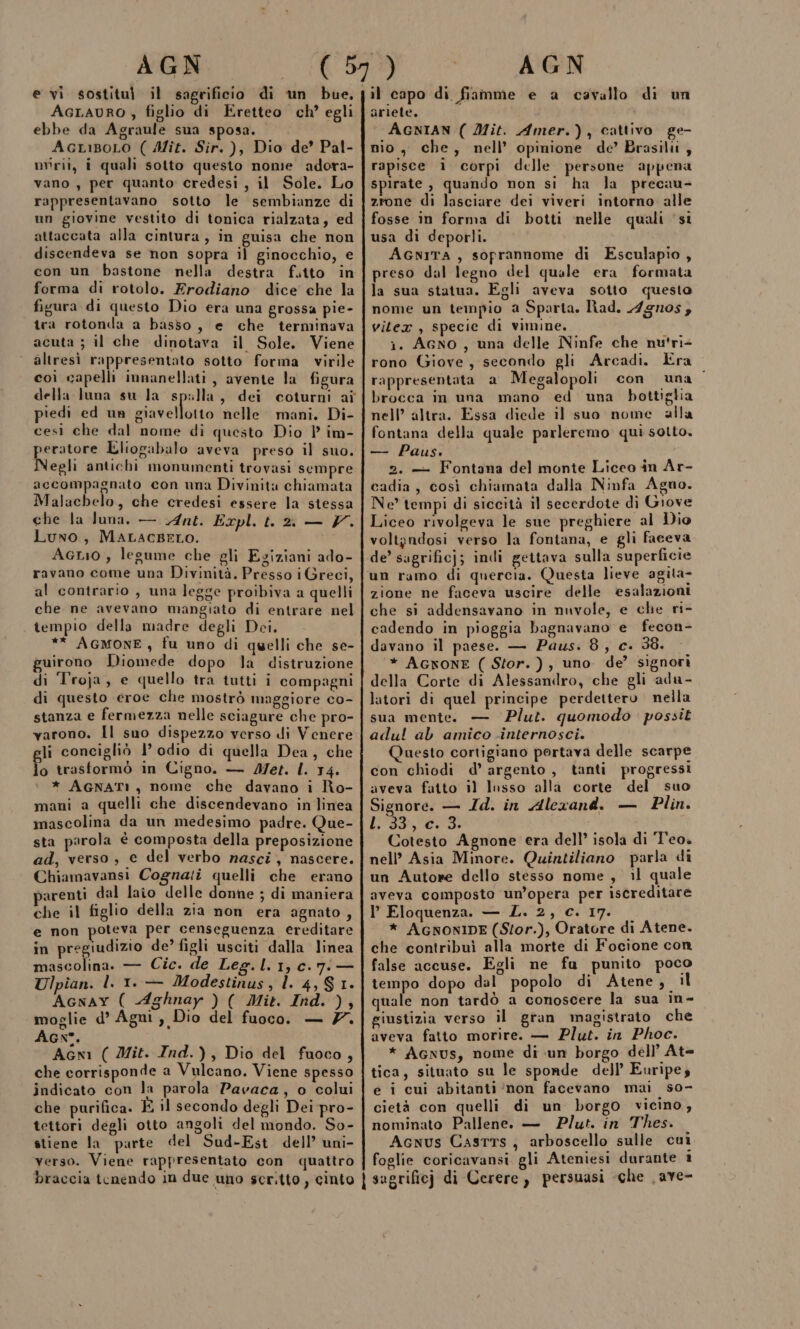 AGN e vi sostituì il sagrificio di un bue, AcLavro , figlio di Eretteo ch’ egli ebbe da Agraule sua sposa. Acnisoto ( Mit. Sir. ), Dio de’ Pal- nvirii, i quali sotto questo nome adora- vano , per quanto credesi , il Sole. Lo rappresentavano sotto le sembianze di un giovine vestito di tonica rialzata, ed attaccata alla cintura, in guisa che non discendeva se non sopra il ginocchio, e con un bastone nella destra futto in forma di rotolo. Erodiano dice che la figura di questo Dio era una grossa pie- tra rotonda a basso, e che terminava acuta ; il che dinotava il Sole. Viene altresi rappresentato sotto forma virile coì capelli imnanellati , avente la figura piedi ed un giavellotto nelle mani, Di- cesi che dal nome di questo Dio } im- prose Eliogabalo aveva preso il suo. Negli antichi monumenti trovasi sempre accompagnato con una Divinità chiamata Malacbelo, che credesi essere la stessa che la luna. — Ant. Expl.t. 2 — V. Luno, MaLacgBELO. Acnio , legume che gli Egiziani ado- ravano come una Divinità. Presso i Greci, al contrario , una legge proibiva a quelli che ne avevano mangiato di entrare nel tempio della madre degli Dei. ** AGMONE, fu uno di quelli che se- guirono Diomede dopo la distruzione di Troja, e quello tra tutti i compagni di questo eroe che mostrò maggiore co- stanza e fermezza nelle sciagure che pro- varono. Il suo dispezzo verso di Venere gli concigliò l’ odio di quella Dea, che lo trasformò in Cigno. — Met. l. 14. * AGNATI, nome che davano i Ro- mani a quelli che discendevano in linea mascolina da un medesimo padre. Que- sta parola è composta della preposizione ad, verso, e del verbo nasci, nascere. Chiamavansi Cognati quelli che erano parenti dal laio delle donne ; di maniera che il figlio della zia non era agnato, e non poteva per censeguenza ereditare in pregiudizio de’ figli usciti dalla linea mascolina. — Cic. de Leg. l. 1, c.7:— Ulpian. l. 1. — Modestinus, l. 4, St. Acnay ( Aghnay ) ( Mit. Ind. ), moglie d’ Agni , Dio del fuoco. — 7 Acx®. Agni ( Mit. Ind.), Dio del fuoco, che corrisponde a Vulcano. Viene spesso indicato con la parola Pavaca, o colui che purifica. È il secondo degli Dei pro- tettori degli otto angoli del mondo. So- stiene la parte del Sud-Est dell’ uni- AGN il capo di fiamme e a cavallo di un ariete, AGNIAN ( Mit. Amer.), cattivo ge- nio, che, nell’ opinione de’ Brasilii, rapisce i corpi delle persone appena spirate , quando non si ha la precau- zrone di lasciare dei viveri intorno alle fosse in forma di botti nelle quali ‘si usa di deporli. AGNITA , soprannome di Esculapio, preso dal legno del quale era formata la sua statua. Egli aveva sotto questo nome un tempio a Sparta. Rad. 4gnos, vitex , specie di vimine. i. AGNO, una delle Ninfe che nu'ri- rono Giove, secondo gli Arcadi. Era rappresentata a Megalopoli con una | brocca in una mano ed una bottiglia nell’ altra. Essa diede il suo nome alla fontana della quale parleremo qui sotto. — Paus, 2. — Fontana del monte Liceo in Ar- cadia, così chiamata dalla Ninfa Agno. Ne’ tempi di siccità il secerdote di Giove Liceo rivolgeva le sue preghiere al Dio voltindosi verso la fontana, e gli faceva un ramo di quercia. Questa lieve agita- zione ne faceva uscire delle esalazioni che si addensavano in nuvole, e che ri- cadendo in pioggia bagnavano e fecon- davano il paese. — Paus. 8, c. 38. * AGNONE ( Stor.), uno de’ signori della Corte di Alessandro, che gli adu- latori di quel principe perdettero nella sua mente. — Plut. quomodo possit adul ab amico -internosci. Questo cortigiano portava delle scarpe con chiodi d’ argento , tanti progressi aveva fatto il lasso alla corte del suo Signore. — Id. in Alexand. — Plin. L'33, 03: Cotesto Agnone era dell’ isola di T'eo. nell’ Asia Minore. Quintiliano parla di un Autore dello stesso nome, il quale aveva composto un’opera per iscreditare l Eloquenza. — L. 2, €. 17. * AGNONIDE (Stor.), Oratore di Atene. che contribuì alla morte di Focione con false accuse. Egli ne fu punito poco tempo dopo dal popolo di Atene, il quale non tardò a conoscere la sua in- giustizia verso il gran magistrato che aveva fatto morire. — Plut. in Phoc. * Agnus, nome di un borgo dell’ At= tica, situato su le sponde dell’ Euripes e i cui abitanti ‘non facevano mai so0- cietà con quelli di un borgo vicino, nominato Pallene. — Plut. in Thes. Acnus CastTs, arboscello sulle cui