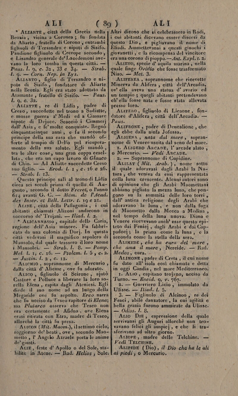 ALI * ALIARTE,. città della Grecia nella Beozia, vicina a Coronea ; fu. fondata da Aliarto , fratello di Corono, entrambi figliuoli di T'ersandro; e nipoti di Sisifo. Pandione figliuolo di Cecrope secondo , e Lisandro generale de’ Lacedemoni ave- vano la loro tomba in questa città. — Paus. l. 9,c. 32, 33 e 34. — Strab. I. 9. — Corn. Nep. in Lys. : Atiarto , figlio di Tersandro e ni- pote di Sisifo, fondatore di Aliarte nella Beozia. Egli erà stato adottato da Atamante , fratello di Sisifo. — Paus. È. 9; è032; “i e | ALfATTE, re di Lidia, padre di Creso, succedette nel trono a Sadiatte, e mosse guerra a° Medi ed a Ciassare nipote - di Dejoce. Scacciò i Cimmerj} dall’ Asia, e fe’ molte conquiste. Regnò Ginquantacinqae anni, e- fu il secondo principe della sua casa che mandò of- ferte al tempio di Dello pel ricupera- mento della sua salute. Egli mandò, tra le altre cose, una gran coppa cesel- lata, che era un capo lavoro di Glauco di Chio. — Ad Aliatte succedette Creso suo figlio. — £rod. L1,Cc:16 e 26. — Strab: l. 13. Questo principe sali al tronodi Lidia circa sei secoli prima di quello, di Au- gusto, secondo il dotto Freret, o l’anno 614 avanti G..C. — Mem. de l’Acad. des Inscr. et Bell. Lettr. t. 19 e 21. Ate, città della Paflagonia, i cui abitanti chiamati Alizoni andarono in soccorso de’ Trojani. — Iliad. l. 2. * ALICARNASSO , capitale della Caria, regione deli’ Asia minore. Fu fabbri- cata da una colonia di Dorj. In questa città vedevasi il magnifico sepolcro di Mausolo, dal quale trassero il loro nome i Mausolei. — Strab. l. 8. — Pomp. Mel. I. 1, c. 16. — Ptolem. L. 5; c. 2. — Justin. l. 2, c. 12. ‘ Aricmio , soprannome di Mercurio , dalla città d’ Alicme , ove fu adorato. Arico , figlinolo di Scirone, ajutò Castore e Polluce a liberare la loro s0- rella Elena, rapita dagli Ateniesi. Egli diede il suo nome ad un luogo della Megaride ove fu sepolto. Ereo narra che fu ucciso da l’eseo rapitore di Elena; _ ma Plutarco osserva che. Teseo non era certamente. ad Afidna, ove Elena erasi ritirata con Etra, madre di Teseo, allorché la città fu presa. Aturcon (Mit. Maom.), il settimo cielo, soggiorno de’ beati , ove’, secondo Mao- metto , °° Angelo Azraele porta le anime de’ giusti, i ALTE, feste d’ Apollo o del Sole, sta- ‘ bilite in Atene. — ad. ZZelios } Sole. ALI Altri dicono che si celebrassero in Rodi, i cui abitanti dicevano essere discesi da questo Dio, e pigliavano il nome dì Eliadi. Ammettevansi a questi giuochi i giovanetti , e la ricompensa del vincitore era una corona di pioppo.—.4nt. Expl. t. 2. ALIETO, specie d’ aquila marina, nella quale finge Ovidio che fosse trasformato Niso. — Met. 3. ALIFEREA , soprannome che ricevette Minerva da Alifera , città dell’Arcadia, ov? ella aveva una statua d’ avorio. ed un tempio 3 quegli abitanti pretendevano ch’ ella fosse nata e fosse stata allevata presso loro. AuFERO, figlinolo di Licaone, fon- datore d’Alifera, città dell'Arcadia. — Paus. ALIFRONE , padre di Deucalione , che egli ebbe dalla ninfa Jofossa. ALIGENA , nata dal mare, sopran- nome di Venere uscita dal seno del mare. T. ALIGERO ARCADE, l’ arcade alato , o Mercurio. — Zedi ARCADE. 2. — Soprannome di Cupidine. ALILAT ( Mit. Arab.), nome sotto il quale adoravasi dagli Arabi la Na- tura , che veniva da essi rappresentata colla luna crescente. Alcuni autori sono di opinione che gli Arabi Maomettani abbiano pigliato la mezza luna, che pon- gono su la sommità delle loro torri, dall’ antica religione degli Arabi che adoravano ‘la luna, e non dalla fuga di Maometto dalla. Mecca a Medina , nel tempo della luna nuova. Diana e Venere ricevevano anch? esse questo epi- teto dai Fenicj , dagli Arabi e dai Cap- padocj; la prima .come la luna, ce la seconda come la stella della sera. ALIMEDE., che ha cura del ‘mare, che ama il mare, Nereide. — Rad. Medos; cura. ALIMONE , padre di Creta , il cui nome fu dato all’ isola così chiamata e detta in oggi Candia, nel mare Mediterraneo. I. ALIO , capitano trojano, ucciso da Turno. — Eneid. 9; v. 767. 2. — Guerriero Licio, immolato da Ulisse. — Iliad. L. 5. : 3. — Figlinolo di Alcinoo, re dei Feaci, abile danzatore , la cui agilità e bella grazia furono ammirate da Ulisse. — Odiss. l. 8... Ario Dir, espressione della quale servivansi gli Auguri allorchè non tro- vavano felici gli auspicj, e che li tra- lorno. ALtopE, madre delle Telchine. — Vedi 'TELCHINE. i AripeDE ( Dio), : Dio che ha le ali ai piedi; o Mercurio, i