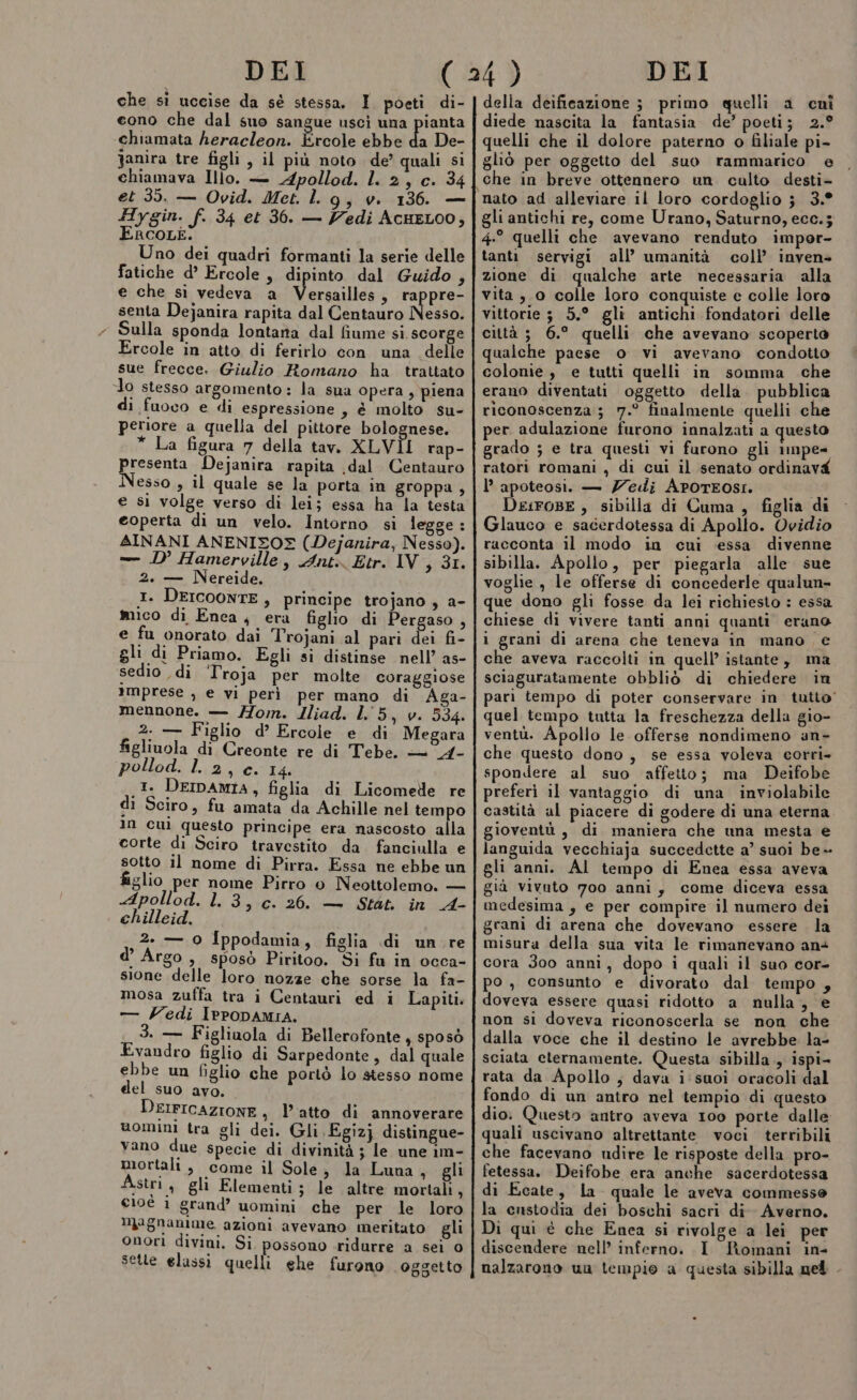 che si uccise da sé stessa. I poeti di- cono che dal suo sangue uscì una pianta «chiamata heracleon. Hail ebbe da De- Janira tre figli , il più noto de’ quali si chiamava Illo. — Apollod. l. 2, c. 34 et 35. — Ovid. Met. lg, v. 136. — Hygin. f. 34 et 36. — Vedi AcueELOO, ERCOLE. Uno dei quadri formanti la serie delle fatiche d’ Ercole, dipinto dal Guido, e che si vedeva a Versailles , rappre- senta Dejanira rapita dal Centauro Nesso. Sulla sponda lontana dal fiume si scorge Ercole in atto di ferirlo con una delle sue frecce. Giulio Romano ha trattato Jo stesso argomento: la sua Opera, piena di fuoco e di espressione, é molto su- periore a quella del pittore bolognese. * La figura 7 della tav. XLVÌI rap- presenta Dejanira rapita ,dal Centauro Nesso , il quale se la porta in groppa, e si volge verso di lei; essa ha la testa eoperta di un velo. Intorno si legge : AINANI ANENIZO® (Dejanira, Nesso). — D’ Hamerville, Ant. Etr. IV, 31. 2. — Nereide, I. DEICOONTE , principe trojano , a- mico di Enea, era figlio di Pergaso , e fu onorato dai Trojani al pari dei fi- gli di Priamo. Egli si distinse nell’ as- sedio , di Troja per molte coraggiose Imprese , e vi peri per mano di Aga- mennone. — Mom. Iliad. L'5, v. 534. 2. — Figlio d’ Ercole e di Megara figliuola di Creonte re di Tebe. — _4- pollod. l. 2, c. 14. 1. DeIpAmtA, figlia di Licomede re di Sciro, fu amata da Achille nel tempo In cui questo principe era nascosto alla corte di Sciro travestito da fanciulla e sotto il nome di Pirra. Essa ne ebbe un figlio per nome Pirro o Neottolemo. — «Apollod. l. 3, c. 26. — Stat. in A- chilleid, — 2. — 0 Ippodamia, figlia di un.re d° Argo , sposò Piritoo. Si fu in occa- sione delle loro nozze che sorse la fa- mosa zuffa tra i Centauri ed i Lapiti. — Fedi IPPODAMIA. 3 — Figliuola di Bellerofonte , sposò Evandro figlio di Sarpedonte, dal quale ebbe un figlio che portò lo stesso nome del suo avo. DEIFICAZIONE | l'atto di annoverare omini tra gli dei. Gli Egizj distingue- vano due specie di divinità ; le une im- mortali , come il Sole, la Luna, gli Astri » gli Elementi; le altre mortali, e10€ 1 grand’ uomini che per le loro Magnanime azioni avevano meritato gli onori divini. Si possono ridurre a sei 0 sette elassi quelli ehe furono oggetto della deificazione ; primo quelli a cuî diede nascita la fantasia de’ poeti; 2.° quelli che il dolore paterno o filiale pi- gliò per oggetto del suo rammarico e che in breve ottennero un culto desti- gli antichi re, come Urano, Saturno, ecc.; 4-° quelli che avevano renduto impor- tanti servigi all’ umanità coll’ inven- zione di qualche arte necessaria alla vita , 0 colle loro conquiste e colle loro vittorie 3 5.° gli antichi fondatori delle città ; 6.° quelli che avevano scoperto qualche paese o vi avevano condotto colonie , e tutti quelli in somma che erano diventati oggetto della. pubblica riconoscenza; 7.° finalmente quelli c per adulazione furono innalzati a questo grado ; e tra questi vi furono gli 1mnpe= ratori romani, di cui il senato ordinav&amp; l’ apoteosi. — Zedi APorEOsI. De:roBeE , sibilla di Cuma, figlia di Glauco e sacerdotessa di Apollo. Ovidio racconta il modo in cui essa divenne sibilla. Apollo, per piegarla alle sue voglie , le offerse di concederle qualun- que dono gli fosse da lei richiesto : essa chiese di vivere tanti anni quanti erano i grani di arena che teneva in mano e che aveva raccolti in quell’ istante, ma sciaguratamente obbliò di chiedere in pari tempo di poter conservare in tutto quel tempo tutta la freschezza della gio- ventù. Apollo le offerse nondimeno an- che questo dono, se essa voleva corri- spondere al suo affetto; ma Deifobe preferi il vantaggio di una inviolabile castità al piacere di godere di una eterna gioventù, di maniera che una mesta e languida vecchiaja succedctte a’ suoi be + gli anni. Al tempo di Enea essa aveva già vivuto 700 anni, come diceva essa medesima , e per compire il numero dei grani di arena che dovevano essere la misura della sua vita le rimanevano an+ cora 3oo annì, dopo i quali il suo cor- po , consunto e divorato dal tempo , doveva essere quasi ridotto a nulla, e non si doveva riconoscerla se non che dalla voce che il destino le avrebbe la- sciata clernamente. Questa sibilla., ispi- rata da Apollo ; dava i'suoi oracoli dal fondo di un antro nel tempio di questo dio: Questo antro aveva 100 porte dalle quali uscivano altrettante voci terribili che facevano udire le risposte della pro- fetessa. Deifobe era anche sacerdotessa di Ecate, la quale le aveva commesse la custodia dei boschi sacri di Averno. Di qui é che Enea si rivolge a lei per discendere nell’ inferno. I Romani in- nalzarono un tempio a questa sibilla nel -