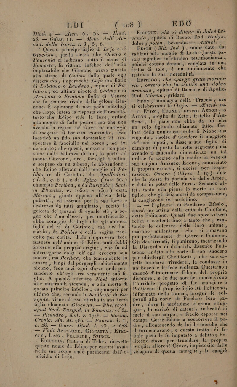 Diod. 4. — Aten. 6, 10. — dliad. 23. — Odiss. 11. — Uem. dell’ Ac- cad. delle Iscriz. 1.3, 5, 6. * Questo principe figlio di Lajo e di Giocasta , quella stessa che Omero e Pausania ci indicano sotto il nome di Epicaste, fu vittima infelice dell’ odio implacabile che Giunone aveva giurato alla stirpe di Cadmo dalla quale egli discendeva, imperocché Lajo era figlio di Labdace o Labdaco, nipote di P0- lidoro , ed ultimo nipote di Cadmo e di Armonia o Ermione figlia di Venere none. È opinione di non pochi mitologi che Lajo, intesa la risposta dell’ oracolo, tosto/che Edipo vide la luce, ordinò alla moglie di farlo perire; ma che non avendo la regina nè ‘forza nè coraggio di esegaire sì barbaro comando, essa incaricò un fido sno dumestico “di tra- sportare il fanciullo nel bosco , ed ivi ucciderlo ; che questi, mosso a compas- sione dalla bellezza di lui, lo portò sul monte Citerone, ove , foratigli i talloni e sospeso da un albero, lo abbandonò ; che Edipo allevato dalla moglie di Po- libio re di Corinto, da Apollodoro (1.3, c. 8.), e da Igino (fav: 66.) chiamata Peribea, e da Euripide ( Scol. in Pheniss. v. 1050, e 1591) detta AIferope , giunto appena all’ età della pubertà., ed essendo per la sua forza e destrezza da tutti ammirato , eccitò la gelosia de’ giovani di eguale età ,‘a se- gno che lun d’essi, per mortificarlo , ebbe coraggio di dirgli che egli non'era figlio del re di Corinto, ma un Dba- stardo ; da Polibio e dalla regina rae- colto per carità. Tale rimprovero fece nascere nell animo di Edipo tanti dubbi intorno alla propria origine, che fu ad interrogarne colei ch’ egli credeva sua madre; ma Peribea, che teneramente lo amava , lungi dal porgergli schiarimento alcuno, fece anzi ogni sforzo onde per- suaderlo ch? egli era veramente suo fi- alle miserabili vicende , e alla morte di questo principe infelice , aggiungasi per ultimo che, secondo lo Scoliaste di £u- figlia chiamata Giocasta. — Pherecyd. apud. Scol. Euripid. in Pheniss. vi 54. — Pisandro, ibid. v. 1748. — Simson. Cronic. An. M. 785. — Pausan. l. 1, c. 28. — Omer. Iliad. l 23, v. 678. — Vedi Axt:G0nE, GrocAstTA , ErEO- cre, Lazo, Porinice, SFINGE. EpIPODIA, fontana di Tebe, ricevette questo nome da Edipo per essersi lavato nelle sue acque onde purificarsi dall’.0- mieidio di Lajo, EDO Epiporr; che si diletta di dolce be-&gt; vanda ; epiteto di Bacco. fiad. Hedys), dolce ; potorn, bevanda. — Anthol. | &gt; Epir® (Mit. Ind.), nome dato dai rabbini alla moglie di Loth. Questa pa- rola significa in ebraico testimonianza 3 poichè cotesta donna , cangiata in’ una statua di sale, è un monumento che testifica la sua. incredulità. EpiTRO0 , che sparge grato mormo- rio , ovvero che fa sentire una dolce. armonia , epiteto di Bacco e di Apollo. ad. Threin, gridare. Epon, montagna della “Traccia, ove si celebravano le Orgie. — Zneid. 12. 1. Eron, EpoNnE ; ovvero AEDON ; 0 Aipon , moglie di Zeto , fratello d’An- ‘fione’, la quale non ebbe da lui .che un solo figlinolo chiamato Itilo. Ge- cognata , risolse d’ uccidere il maggiore de*suoi nipoti, e disse a suo figlio di cambiar di posto la notte seguente; ma avendo il fauciullo dimenticato un. tal ordine fu ucciso dalla madre in vece di sno cugino Amaneo. Edone, conosciuto il proprio errore , si uccise per dispe- razione. Omero ( Odyss. l. 19) dice che la stessa fu portata via dalle Arpie, e deta ‘in poter delle Furie. Secondo al- tri, tanto ella pianse la morte di ‘sno figlio, che gli dei, mossi da compassione, là cangiarono in cardellino. 2, — Figliuola di Pandareo Efesio, sposò un artista ‘della città di Colofone, detto Politecno. Questi due sposi vissero felici e contenti fino: a tanto che , van- tando le dolcezze della ‘loro unione , osarono millantarsi che. si amavano ;jù perfettamente di Giove e Giunone. Gli dei, irritati, li‘punirono, incaricando la Discordia di disunirli. Essendo Poli- tecno andato alla corte di suo suocero per chiedergli Chelidonia , che sua) so- rella bramava rivedere, la condusse in un bosco e le fece violenza. Questa non mancò d’informare Edone del. proprio I ‘orribile progetto di far mangiare a Politecno il proprio figlio Iti. Politecno, informato della trama , insegui le col- pevoli alla corte di Pandaro loro pa- dre, dove le medesime s’ erano rifug- gite ; lo caricò di catene , imbrattò di mele il suo corpo, e fecelo esporre nei campi. Corse Edone a soccorrere il pa- dre , allontanando ‘da lui le mosche che il tormentavano , e questo tratto di fi- liale pietà le fu imputato a delitto ; Po- liteeno stava per itrucidare la propria moglie, allorché Giove, impietosito dalle sciagure di questa famiglia , li cangiò