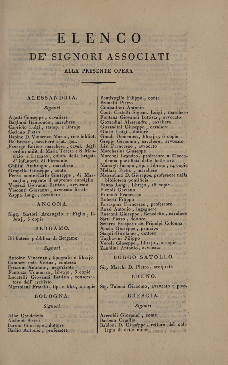 ALESSANDRIA. Signori Agosti Giuseppe , cavaliere Bagliani Raimondo, marchese Capriolo Luigi, stamp. e librajo Ceriano Pietro Dapino D. Vincenzo Maria , vice bibliot. De Bresse , cavaliere ajut. gen. .Faverge Enrico marchese , caval. degli ordini milit. di Maria Teresa e S. Mau- rizio e Lazzaro, colon. della brigata d’ infanteria di Piemonte Ghilini Ambrogio , marchese Gropello Giuseppe , conte Pensa conte ‘Carlo Giuseppe , di Mas- saglia , regente il supremo consiglio Vegezzi Giovanni Battista , avvocato Visconti Giovanni, avvocato fiscale | Zappa Luigi, cavaliere ANCONA. Sigg. Sartori Arcangelo e’ Figlio , li- bra], 5 copie BERGAMO. Biblioteca pubblica di Bergamo Signori Antoine Vincenzo ; tipografo e librajo Camozzi nata Vertua, contessa Frizzoni ‘Antonio, negoziante Fantozzi Tommaso, librajo , 3 copie Locatelli Giovanni Battista , conserva- tore dell’ archivio Mazzoleni Fratelli, tip. e.libr., 2 copie ” BOLOGNA. È Signori Albe Gaudenzio Audinot Pietro Baroni Giuseppe, dottore. Baslio Antonio , professore { Bentivoglio Filippo, conte Brunelli Pietro Cimballoni Antonio i Conti Castelli Sigism. Luigi , marchese Fontana Giovanni Battista, avvocato Gozzadini Alessandro , cavaliere Gozzadini Giuseppe ,. cavaliere Gnudi Domenico, librajo 6 copie Greppi Giacomo , cavaliere, avvocato Lisi Francesco , avvocato , Marchesini Giuseppe Marconi Leandro, professore nell’ acca- demia pontificia delle belle arti Marsigli Iacopo , tip. e librajo , 14, copie Mellara Pietro, marchese Mezzofanti D. Giuseppe, professore nella biblioteca pontificia Penna Luigi, librajo, 18 copie Pizzoli Gaetano Primodi Francesco Roberti Filippo Rosaspina Francesco , professore Rusconi Giuseppe , Benedetto, cavaliere Sarti Pietro , dottore Sciarra Prospero de Principi Colonna Spada Giuseppe , principe Stagni Girolamo , dottore Tagliavini Filippo Ì Veroli Giuseppe , librajo 3 2 copie Zanolini Antonio, avvocato BORGO SATOLLO. Sig. Marchi D. Pietro, arciprete BRENO. Sig. Taboni Giacomo, avvocato e poss... BRESCIA. vadb Signori Averoldi Giovanni, conte. Barbera Camillo Baldoni D. Giuseppe 4 rettore del col- legio di detto nome vai “na I