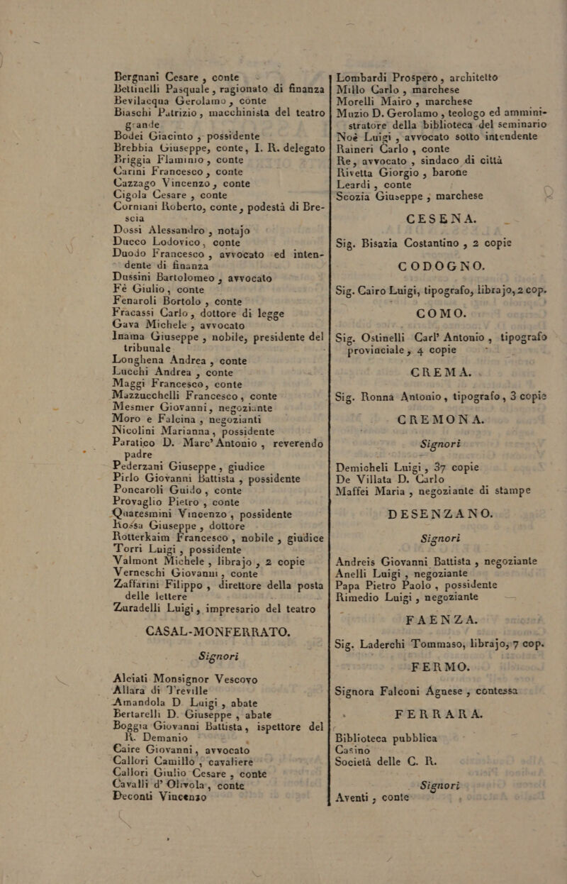 Bergnani Cesare , conte Bettinelli Pasquale, ragionato di finanza Bevilacqua Gerolamo, conte Biaschi Patrizio, macchinista del teatro grande È Bodei Giacinto , possidente Brebbia Giuseppe, conte, I. R. delegato Briggia Flamimio, conte Carini Francesco, conte Cazzago Vincenzo, conte Cigola Cesare , conte Corniani Roberto, conte, podestà di Bre- scia Dossì Alessandro, notajo Duceco Lodovico, conte Duodo Francesco , avvocato ‘ed inten- dente di finanza Dussini Bartolomeo , avvocato Fè Giulio, conte Fenaroli Bortolo , conte Fracassi Carlo, dottore di legge Gava Michele, avvocato Inama Giuseppe , nobile, presidente del tribunale Longhena Andrea, conte Lucchi Andrea , conte Maggi Francesco, conte Mazzucchelli Francesco, conte Mesmer Giovanni, negoziante Moro e Falcina , negozianti Nicolini Marianna, possidente Paratico D. Mare” Antonio , reverendo padre - Pederzani Giuseppe, giudice Pirlo Giovanni Battista , possidente Poncaroli Guido, conte Provaglio Pietro, conte Quaresmini Vincenzo, possidente Hossa Giuseppe , dottore Rotterkaim Francesco , nobile, giudice Torri Luigi, possidente Valmont Michele , librajo!, 2 copie Verneschi Giovanni, conte Zaffarini Filippo, direttore della posta delle lettere &gt; Zuradelli Luigi, impresario del teatro CASAL-MONFERRATO. Signori Alciati. Monsignor Vescovo - Allara di Treville Amandola D. Luigi, abate Bertarelli D. Giuseppe , abate Boggia Giovanni Battista, ispettore del R. Demanio È Caire Giovanni, avvocato Callori Camillo | ‘cavaliere Callori Giulio Cesare , conte Cavalli d’ Olivola, conte Beconti Vincenzo Lombardi Prospero , architetto Millo Carlo, marchese Morelli Mairo , marchese fo Muzio D. Gerolamo , teologo ed ammini» stratore della biblioteca .del seminario Noè Luigi, avvocato sotto intendente Raineri Carlo , conte Re, avvocato , sindaco di città Rivetta Giorgio , barone Leardi, conte Scozia Giuseppe ; marchese CESENA. DE Sig. Bisazia Costantino , 2 copie CODOGNO. Sig. Cairo Luigi, tipografo, librajo,2 cop. | | como. | Sig. Ostinelli Carl? Antonio , tipografo provinciale } 4 copie CREMA... Sig. Ronna Antonio, tipografo, 3 copie CREMONA. | Signori Demicheli Luigiy&lt;ife vapie De Villata D. Carlo | Maffei Maria , negoziante di stampe DESENZA NO. Signori Andreis Giovanni Battista , negoziante Anelli Luigi, negoziante Papa Pietro Paolo, possidente Rimedio Luigi, negoziante _ I FAENZA. Sig. Laderchi Tommaso, librajo; 7 cop. FERMO. Signora Falconi Agnese ; contessa : FERRARA. Biblioteca pubblica Casino Società delle C. R. Signori Aventi , conte