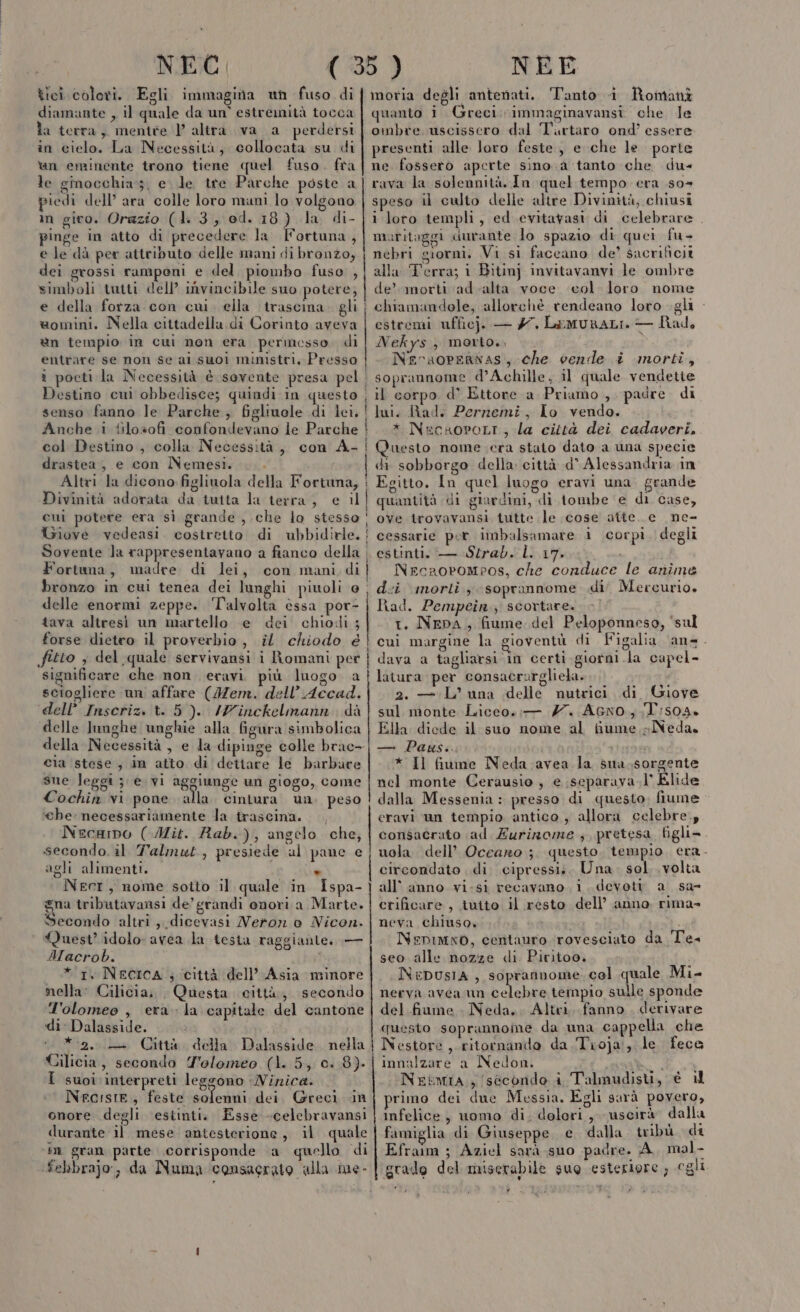 NEC. tici coloti. Egli immagina un fuso di diamante , il quale da un’ estremità tocca la terra; mente |) altra va a perdersi in cielo, La Necessità, collocata su di Un eminente trono tiene quel fuso. fra le ginocchia:;, e le tre Parche poste a piedi dell’ ara colle loro muni lo volgono im gito. Orazio (1.3, od. 18) la di- pinge in atto di precedere la Fortuna, e le dà per attributo delle mani di bronzo, dei grossi rampeni e del piombo fuso , simboli tutti dell’ invincibile suo potere, e della forza. con cui. ella trascima. gli «omini. Nella cittadella. di Corinto aveva èn tempio in cui non era permosso, di entrare se non se al suoi ministri, Presso îì poeti la Necessità è sovente presa pel senso fanno le Parche, figliuele di lei, col Destino , colla Necessità, con A- drastea , e con Nemesi. ... cui potere era si grande ,.che lo stesso Giove vedeasi. costretto di ubbidirle. Fortuna, madre di lei, con mani di bronzo in cui tenea dei lunghi pinoli @ delle enormi zeppe. Talvolta essa por- tava altresì un martello e dei chiodi 3 forse dietro il proverbio, il chiodo è fitto , del quale servivansi i Romani per significare che non eravi più luogo a sciogliere un affare (Mem. dell’ Accad. ‘dell’ Inscrizx 1. 5). /Vinckelmann dà delle Janghe unghie alla figura simbolica cia stese, in atto di dettare le barbare sue leggi; e.vi aggiunge un giogo, come Cochin vi pone alla: cintura’ un. peso ‘che necessariamente la trascina. Necamo (Mit. Rab.), angelo che, secondo. il Talmut, presiede al pane e agli alimenti. l % Necr, nome sotto il quale in Îspa- gna tributavansi de’ grandi onori a Marte. Secondo altri, dicevasi Neron o Nicon. Quest idolo: avea la testa raggiante. — Macrob. * 1, Necrca ; città dell’ Asia minore nella: Cilicia; . Questa città, secondo T'olomeo , era: la capitale del cantone di: Dalasside. i “ * 2... Città della Dalasside. nella Cilicia, secondo Tolomeo (1. 5, c..8). I suoi interpreti leggono :-Ninica. Nrcisie, feste solcsdti dei. Greci «in onore degli ‘estinti. Esse -celebravansi durante il mese antesterione , il quale in gran parte corrisponde a quello di ‘febbrajo,, da Numa consaerato alla me- A i—m——————_—m6m_@ id I LI i x ì | i I &lt;P _——————_—_ tere er ___m@—@©_——212—11—————_——_—m NEE moria degli antenati. Tanto «i Romani quanto i Greci. immaginavansi. che Ile ombre uscissero dal Turtaro ond’ essere presenti alle loro feste, e che le porte ne fossero aperte sino.a tanto che du- rava la solennità. In quel tempo era .so- speso il culto delle altre Divinità, chiusi i loro templi, ed evitavasi di celebrare . muritaggi durante lo spazio di quei fu- nebri giorni, Vi si faceano de’ sacrificit alla Terra; i Bitinj invitavanvi le ombre de’ morti ad alta voce col loro nome chiamandole, allorchè rendeano loro gli estremi ufficj. — # LeMURALI. — Rado Nekys} morto.. NEersopeRNnAs, che vende i morti, soprannome d'Achille, il quale vendette * NucaoroLt, la città dei cadaveri, Questo nome. era stato dato a una specie di sobborgo della: città d° Alessandria in Egitto, In quel luogo eravi una. grande quantità di giardini, di tombe e di case, ove trovavansi tutte le cose atte. e ne- estinti. Strabello — NecroroMPos, che conduce le anime d:i morti; soprannome .di' Mercurio, Rad. Pempein., scortare. &gt;| t. NepA, fiume. del Peloponneso, ‘sul cui margine la gioventù di Figalia ans. dava a tagliarsi in certi. giorni Ja capel- latura per consacrargliela. 2. — L'una delle nutrici di Giove sul monte Liceo.:— #7. AGNO, T:s04» Ella diede il suo nome al fiume.» Neda. — Paus.. * Il fiume Neda.avea la sua.sorgente nel monte Cerausio , e separava. l' Elide dalla Messenia : presso di questo. fiume eravi un tempio antico , allora celebre., consacrato ad. Eurinome ; pretesa tigli- uola. dell’ Ocearo ;. questo. tempio. era - circondato di cipressis. Una. sol. volta all’ anno vi-si recavano. i. devott a sa- crificare , tutto il resto dell’ anno rima- neva chiuso, al Nepimxò, centauro ‘rovesciato da Te. seo alle nozze di. Piritoo. NepusiA, soprannome col quale Mi- nerva avea un pae tempio sulle sponde del fiume . Neda,. Altri, fanno. derivare questo soprannoine da una cappella che Nestore ,.ritornando da Tioja;, le fece innalzare a Nedon. Neimia., secondo i Talmudisu, è il primo dei due Messia. Egli sarà povero, infelice , uomo di. dolori, uscirà dalla famiglia di Giuseppe e dalla. tribù di Efrarm ; Aziel sarà suo padre. A. mal- grado del miserabile suo esteriore; egli , b: } *