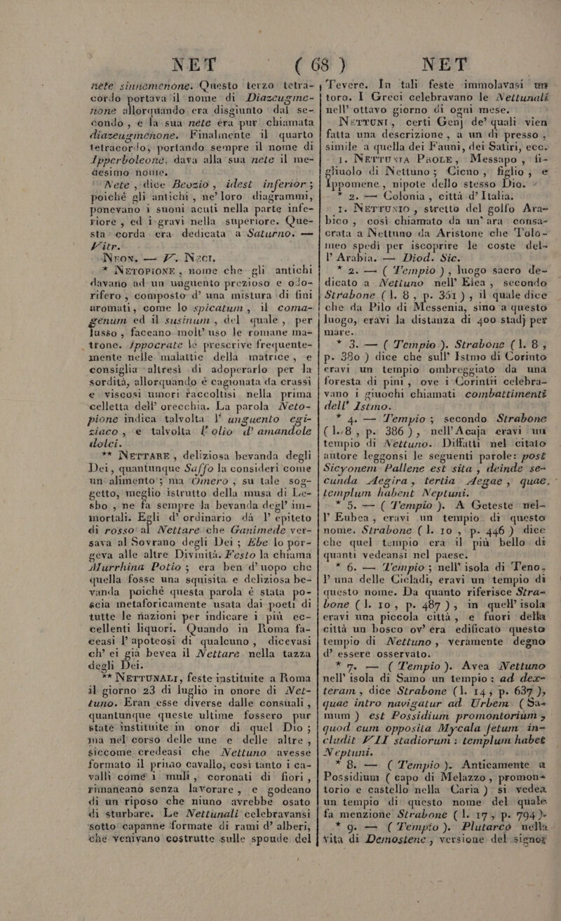 7) cordo portava ‘il nome di Diazeugme- none allorquando era disgiunto ‘ dal se- condo, e la sua zete éra pur. chiamata diazeuginenone. Finalinente ‘il. quarto Ipperboleone; dava alla sua rete il me- desimo none. Nete ‘dice Beozio , idest. inferior; poiché gli antichi, ne loro diagrammi, ponevano i suoni acuti nella parte infe- riore , ed i:gravi nella superiore. Que- sta: corda. era dedicata a Saturno. — Vitr. Nron, — 77. Nscr. * NeroPionE, nome che gli antichi rifero, composto d’ una mistura di fini aromati, come lo spicatum, i coma- genum ed il susinum, del quale, per flusso ; faccano. molt’ uso le romane ma- trone. /ppocrate le prescrive frequente- mente nelle malattie. della matrice, e consiglia “altresì di adoperarlo per la e. viscosi umori raccoltisi. nella prima celletta dell’ orecchia. La parola MNeto- pione indica talvolta } unguento egi- ziaco, e talvolta folio d’ amandole dolci. ** NeTrTARE, deliziosa bevanda degli Dei, quantunque Saffo la consideri come un alimento’; ma ‘Omero ; su tale SOg- getto, meglio istrutto della musa di Le- sbo , ne fa sempre la bevanda degl’ im- mortali. Egli d° ordinario «dà 1 epiteto di rosso: al Nettare ‘che Ganimede ver- sava al Sovrano degli Dei; £be lo por- geva alle altre Divinità. Festo la chiama Murrhina Potio ; era ben 'd’uopo che quella fosse una squisita e deliziosa be- vanda poichè questa parola è stata po- scia metaforicamente usata dai poeti di tutte le riazioni cellenti liquori. ceasi l’ apoteosi ch’ ei già bevea degli Dei. ** NETTUNALI, feste instituite a Roma il giorno 23 di luglio in onore di Nez- tuno. Eran esse diverse dalle consuali, quantunque queste ultime fossero pur state instittite im onor di quel Dio; ma nel corso delle une e delle altre, siccome credeasi che Nettuno avesse formato il prinao cavallo; così tanto i ca- valli come i muli, coronati di fiori, rimaneano senza lavorare, e godeano di un riposo che niuno avrebbe osato di starbare. Le Netzunali celebravansi ‘sotto ‘(capanne ‘formate di rami d’ alberi, ché venivano costrutte sulle spoude del per indicare i più ec- Quando in Roma fa- di qualcuno, dicevasi il Nettare. nella tazza —————_—_—_—_—È€__—_——_——_—_——_————————_—_—————_————_—___—_____ ——___,Pir——m_T_—_—__r@@@—@@@€—@m@@6@6@@€@@@\m9@P1911rr@@ toro. I Greci celebravano le MNettunali nell’ ottavo giorno di ogni mese. Nerruni, certi Gen) de’ quali vien fatta una descrizione, a un di presso , 1. Nertuvra PaoLe, Messapo , fi- ghiuolo di Nettuno; Cicno , figlio, e Ippomene.,, nipote dello stesso Dio. - * 2. — Colonia, città :d’ Italia. 1. NerruxIo , streito del golfo Ara bico, così chiamato da un’ ara consa- crata a Nettuno da Aristone che Tl'olo- ineo spedi per iscoprire le coste del- Arabia. — Diod. Sic. * 2.-— ( Z'empio ), luogo sacro de- dicato a. Nettuno nell’ Eiea, secondo + 351); 11 quale dice che da Pilo di Messenia, sino a questo luogo, eravi la distanza di 400 stadj per mare. * 3. — ( Tempio ). Strabone (1.8, p- 380 ) dice che sull’ Istmo di Corinto eravi un tempio ombreggiato da una foresta di pini, ove 1 Coriniti celebra vano i giuochi chiamati combattimenti dell’ Istmo. * 4. — Tempio ; secondo Strabone (1.8, p. 386), nell’Acaja eravi un tempio di Neztuno. Ditfatti nel citato autore leggonsi le seguenti parole: pos Sicyonem Pallene est sita , deinde se- cunda Aegira, tertia Aegae , quae, ‘ templum habent Neptuni. * 5. — ( Tempio ). A Geteste nel- V Eubea, eravi .un tempio. di questo nome. Strabone (l. 10, p. 446} dice che quel tempio era il più bello. di quanti vedeansi nel paese. * 6. — Tempio ; nell’ isola di 'Teno, VP una delle Cicladi, eravi un tempio di questo nome. Da quanto riferisce Stra= bone (1. 10, p. 487), in quell’isola eravi una piccola città, e fuori delta città un bosco ov’ era edificato questo tempio di Nettuno, veramente degno d’ essere osservato. * 7. — (Tempio). Avea Nettuno nell’ isola di Samo un tempio : ad dex- teram, dice Strabone (1. 14; p. 637); quae intro navigatur ad Urbem. (Sa mum ) est Possidium promontoriùm &gt; quod cum opposita Mycala fetum in- cludit VLI stadiorum : templum habet Neptuni. * 8. — ( Tempio ). Anticamente a Possidium ( capo di Melazzo, promon+ torio e castello nella Caria ); si vedea un tempio di: questo nome del quale fa menzione Strabone (1. 17, p. 794 *- * 9g. — (Tempio). Plutarco nella Yita di Demostene ; versione del .signoz