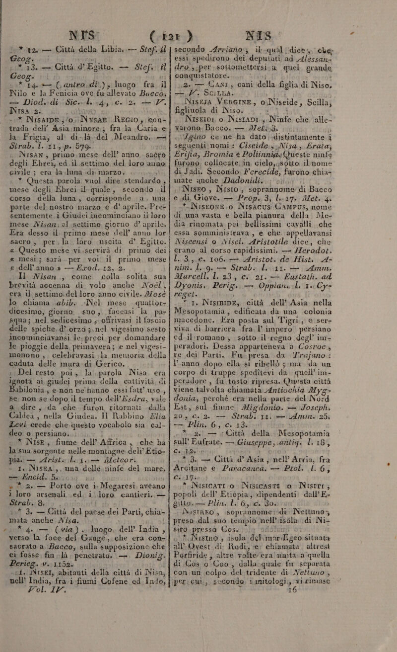 # *rz-— Città della Libia. — Stef. al Geog. 1% 13. — Geog. |. pri | * 14 (antro.di,); luogo fra il Nilo e la Fenicia ove fu allevato Bacco. SNISA (2% i L cIDIIO. ..* NisarpE.;/o;;Nysar REGIO, (con- trada dell’ Asia;minore;; fra la Caria e la. Frigia, al di-là. del Meandro.,, Strab. I. 11,:p. 579 ron NISAN, primo, mese dell’ anno, saèro degli Ebrei, ed .il settimo del loro anno; civile ; era da luna «dr marzo. MS * Questa. parola vuol dire stendardo , mese degli Ebrei.il quale, secondo il corso della luna, corrisponde (a, una parte del nostro marzo e d’ aprile. Pre- sentemente. i Giudei incominciano il loro mese Nisan; al settimo giorno d’ aprile. Era desso il. primo mese dell’ anno lor sacro, per, la loro uscita d’ Egiito. « Questo mese .vi.servirà di primo dei « mesi; sarà per. voi il primo mese e dell'anno.» — Erod.12, Il Nisan., come colla solita sua brevità accenna di. volo anche Noél, era il settimo, del loro anno civile. José lo chiama \abib» «Nel mese quattor: dicesimo, giorno: suo, faccasi la par squa; nel sedicesimo , offrivasi il fascio delle spiche, d’ orzo; nel vigesimo sesto incomingiavansi le, preci, per domandare le pioggie della, primavera; e nel vigesi- imonono , celebravasi la memoria della caduta delle mura-di Gerico. i Del resto poi, la parola Nisa, era ignota ai giudei prima della. cattività, di abilonia.; e-non ne'hanno essi fatt’ uso,, se, non se dopo il tempo delbEsdra, vale a dire, da che furon ritornati dalia Caldea, nella Giudea. Il Rabbino Zia Levi crede che. questo vocabolo sia. cal- deo o persiano...) * Nise, fiume dell’ Africa, che ha la sua sorgente nelle montagne deli’ Etio- pia. — Arista Lig. Meteor. - I. Nisra.,. una delle ninfe del mare — Encid. hozoi Di CLITILI » * 2. — Porto.ove i. Megaresi, aveano ì loro arsenali \ed. i loro cantieri. — nerabiz Boo oi i.% 3. — Città del paese dei Parti, chia- mata anche Misa. ti * 4. — (eia), luogo, dell’ India, verso la foce del Gange, che era. con- sacrato a. Bacco, sulla supposizione che ci fosse. fin là. penetrato. —. Dionig. Perieg. v. 1152. -s1. INTSEI, abitanti della città di INisa, nell’ India, fra i fiumi Cofene ed Indo, Fol. IV. i Città d’ Egitto. — Stef. il D9) PT] NIS. essi spedirono dei depuiati ad A/essan- dro per sotiomettersi. a quel, grande conquistatore. 26 CANI, cani —, 7. SCILLA. figliuola di Niso. della figlia di Niso, i. Niseioi o Nisrani., Ninfe che alle- varono, Bacco. — Mebi3. (1%) Li «Ugo ce me ha dato distintamente i seguenti;momi: Ciseide;,.Nisa, Erata; Erifia, Broinia € PoliinniasQueste ninfe furono; collocate in, cielo, sotto il mome di Jadi. Secondo Ferecide, furono chia» mate anche Dadoniedi, ;Nisro, Nisio,, soprannome di Bacco e di, Giove. — Prop. 3, li.17. Met. 4. *..NiseonE.o Nrsacus CAMPUS, nome di una vasta e bella pianura della. Me- dia rinomata, pei bellissimi cavalli. che essa somministrava, e che appellavansi Niseensi o Nisei. Aristotile Lei che erano al corso rapidissimi. — /Z7erodoe. L. 3,,,c. 106. Aristot. de Hist. A- nim. l..9. — Strab. li 11. — Amm. Marcell. l. 23, ci 21. — Éustath. ad Dyonis. Perig.. — Oppian»:L. 1. Cy- regel. *. 1. NIsiBipe, città dell’ Asia nella Mesopotamia, edificata da una colonia macedone. Era posta sul Tigri, e ser- viva, di barriera fra l’ impero persiano ed.il'romano; sotto -il'regno degl’ im- peradori. Dessa apparteneva a Cosroe, re dei Parti. Fu- presa da Yrajano: l’anno dopo ella.si ribellò ;;ma da un corpo di truppe speditevi da. quell’ im- peradore,, fu tosto ripresa. Questa città viene talvolta chiamata v4ntiochia Myg- donia, perchè cera nella pavie del Nord Est, sul fiume Migdonio. — Joseph. 20, €. 2. — Strabi ri. — (Amin. 25; -—— Plin. 6, c. 13. *....gel — Città della Mesopotamia sull’ Eufrate. — Giuseppe, santig. l, 18, Esid@ pena a Dr 3, — Città d° Asia, nell’ Arria, fra Arcitane e. Puracanea. — Ptol. LL. 6; C.:17: * NisicaTI 0. NisicastIi ‘o Nistrr; popoli dell’ Etiopia, dipendenti. dall’ E- gilto. — Plin. I. 6; iicL' do. INisiREO., soprannome?vdì: Nettuno, preso..dal suo tempio nell'isola di Ni- siro presso Cos. r'odlsfenfi' ‘014 o oNisiro ; isola del\mariTgeo sitnata all’ Ovest di Rodi, er chiamata. altresi Porfiride , altre volte/era' unita a quella di Cos 9 Coo, dalla quale fw separata con;un colpo del tridente di NeMuno , percui, seconda 1 prgiostarni rimase I