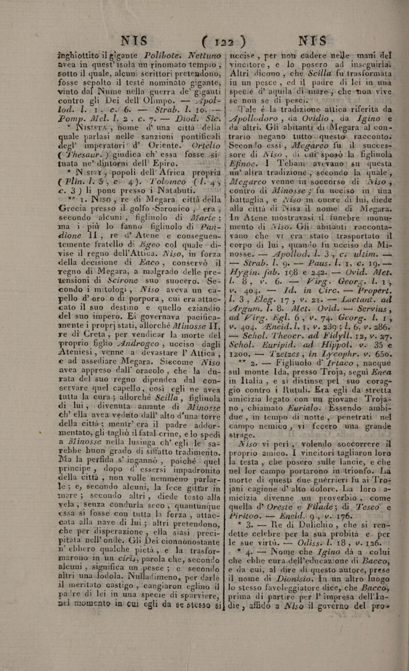 . NIS ìnghiottito il gigante Polibote: Nettuno avea in quest'isola un rinomato tempio } sotto il quale, alcuni scrittori pretendono, fosse sepolto il tesiè nominato gigante, vinto dal Nume nella guerra de’ giganti contro gli Dei dell'Olimpo. — c4pol- lodiol. 10904460 UU Strab. Lio. — Pomp. Mel. l 2, c. 7. — Diod. Sic. i ica 3 fiome. d*' una. città della uale parlasi nelle sanzioni pontificali degl imperatori” d’. Oriente. Ortelio ( T'hesaur:) giudica ch’ essa fosse si: tuata ne” dintorni dell’ Epiro. TASARI * Nisrer,; popoli dell’ Africa propria CPlinv 15,0) 4). Tolomeo (1-43 c. 3) li pone presso i Natabuti. n ** 1. Niso j re di Megara, città della { RIE SA EEA aretha PRE OA secondo ‘alcuni, figlinolo di Afarie; i ma iù lo fanno figliuolo di’ Dar- dione II, re d° Atene e conseguen- temente fratello di Ligeo col quale di- vise il regno dell’Attica, Niso, in forza della decisione di Eaco, conservò il regno di Megara, a malgrado delle pre- tensioni di Scirone suo suocero. Se: condo ‘1 mitologi,: Niso aveva un ca- pello. d’.oro. 0 di porpora, cui era attac- cato il suo destino e quello eziandio del suo impero, Ei governava pacifica- amente 1 proprj stati, allorché Minosse II, re dî Creta, per vendicar la morte del proprio figlio Androgeo } ucciso dagli Ateniesi, venne a’ devastare l’ Altica , e ad assediare Megara. Siecome Niso avea appreso dall’ oracolo, che la: du- rata del suo ‘regno dipendea dal con- servare quel capello, così egli ne avea tutta la cura; allorché Scilla, figlinola di lui, divenuta anrante di Min0ss6 ch’ ella avea veduto dall’ alto d’una' torre della città mentr’ cra il padre addor- mentato, gli-tagliò il fatal-crine, e lo spedi a Jiinosse nella lusinga ch’ egli ile. sa= rebbe buon grado di siffatto tradimento. Ma la perfida 8’ ingannò , poiché quel popepo » dopo d' essersi impadronito ella città , non volle nemmeno parlar- e; e, secondo alcuni, la fece gittar in mare; secondo altri, diede tosto‘alla vela, senza condurla seco, quantunque essa sì fosse con tutta la forza, attac= cata alla nave.di lui ;. altri pretendono, che per disperazione, ella siasi preci- pitota nell’onde. Gli Dei cionnonostante n’ ebbero qualche pietà, e la’ trasfor- maronocIn.un cirzs, parola che, secondo alcuni , ‘significa un «pesce 5. e secondo altri una-lodola, Nulladimeno, per darle il meritato castigo, cangiaron eglino il pacre di lei In una specie di sparviere, nel momento ini cui egli da se.6tesso si t————_——————————ÈmÈ@€Èm€Ègo-_——m—————__cr———r“@‘urmcmcuiq@pm@p@òò@ò@nts@@ii@@ò’@’ ‘imbatte ion NITS vincitore, c lo posero ad inseguirla) Altri dicono , che Scilla fu trasformata in un pesce, ed il padre di lei in una specié &lt;’ aquila di-mare; che-non vive se non sé di pesci dI | Tale é-la tradizione attica.»riferita da Apollodoro , da Ovidio, da Igino ‘€ da altri. Gli abitanti di Megara al con- negano tutto. questo. racconto. succes sore di Niso , di cui sposò ‘la. figlinola Efinoe. 1 'Tebanw avevano; su questa un alira tradizione, ‘secondo la. quale|, Megareo vennerim' soccorso ‘di ‘viso 4 contro di Minosse fu ueciso in’ vna battaglia, e /viso:rin onore di lui, diede alla cità di INisa il nome. di Megara. In Atene mostiravasi il: funebre. monu- mento di Aiso. Gli: abitanti. racconta- vano. che vr era stato lrasportato il corpo di lui, quando tu ucciso da Mi- nosse. — Apollod..L. 3: co ultim. — — Strab. l. 9. — Paus. l.'1,:0. 19. — Hygin. fab. 198 e 242. — Ovid. Met L 8, v. 6. — Zirg. Georg. L 13, v.' 404. — Id. in Circ. — Propert. L.3, leg. 17, v. 21. — Lactant. ad Argum, I. 8. Metis Ovid.:- Servius, ad Virg. gl. 6, v. 74. Georg. L. 1 v. 404. Aneid.l.1, v. 2395 L 6,9. 286. &gt; — Schol. Theocr.\ad Fidyll. 12, v. 27. Schol. Euripid. ad Hippol. vi 35 e 1200, — zelzes , în Lycophr. vi 650. ** 2. — Figliuolo: d° /rtaco , nacque sul monte Ida, presso Troja; segui Enea in Italia , e si distinse pel suo corag&gt; gio contro i Rutuli. Era egli da: siretta amicizia legato con un. giovane: Troja= no, chiamato Zurialo. AMT) ambi- due , in tempo di inotte:, penetrati | nel campo nemico y''vi! fecero ‘uma. grande strage. i Niso vi peri, volendo soccorrere il piennio amico. I vincitori tagliaron loro a testa, che posero sulle lancie, e che nel lor campo portarono invtrionfo. La morte di questi ciue guérrieri fu ai'Tro: jani cagione ‘id’ alto dolore. Lia loro: a- micizia divenne un proverbio , come quella d° Oreste e Piladé; di, Teseo e Piritoo. — Eneid. 9:;:v.1:176. * 3. — Re di Daulichio, che si ren- dette celebre per la sua probità e. per le sue virtù. — Odisseo L. 18, . 126. * 4. — Nome che Zgina dà a . colui che ebbe cura.dell’educazione di Bacco; e da cui, al dire di questo autore; prese il nome di Dionisio. In un ‘altro inbga lo stesso favoleggiatore dice, che Bacco, prima di partire per l'impresa dell’In- die , aflido a Niso il governo: del. pro»