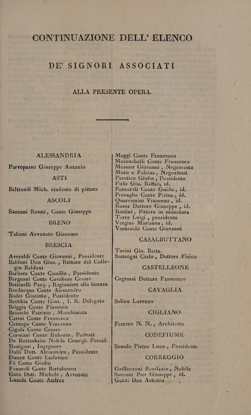 CONTINUAZIONE DELL’ ELENCO DE’ SIGNORI ASSOCIATI ALLA PRESENTE OPERA. amare ALESSANDRIA Maggi Conte Francesco Mazzuchelli onte Francesco Parvopasso Giuseppe Antonio Mesmer Giovanni, Negoziante Moro e Falsina, Negozianti ASTI Paratico Giulio, Possidente Pirlo Gio. Battas, id. Beltrandi Mich. studente di pittura Poncarali Conte Guido, id. Provaglio Conte Pietro , id. ASCOLI Quaresmini Vincenzo , id. Rossa Dottore Giuseppe , id. Sacconi Rosati, Conte Giuseppe Rottini, Pittore in miniatura i Torre Luigi, possidente. BRENO Vergine Marianna, id. Verneschi Conte Giovanni T'aboni Avvoeato Giacomo BRESCIA CASALBUTTANO Tacini Gio. Baita. Averoldi Conte Giovanni, Possidente Sonzogui Carlo, Dottore Fisico Baldoni Don Gius. , Rettore del Golle- gio Baldoni CASTELLEONE Barbera Conte Camillo , Possidente Bergnani Conte Cavaliere Cesare Cogrossi Dottore Francesco Bettinelli Pasq.; Ragioniere alla finanza Bevilacqua Conte Alessandro i CAVAGLIA Bodei Giatisiò , Possidente Brebbia Conte Gius. , I. R. Delegato |Salino Lorenzo Briggia Conte Flaminio Brioschi Patrizio, Macchinista CIGLIANO Carini Conte Francesco Cazzago Conte Vincenzo Ferrero N, N., Architetto Cigola Conte Cesare i Corniani Conte Roberto, Podestà CODEFIUME De Rotterkaim Nobile Consigl. Possid. Donigani , Ingegnere Bonola Pietro Luco , Possidente _. Dolli Dott. Alessandro, Possidente Ducco Conte Lodovico CORREGGIO Fe Conte Giulio A ) Fenaroli Conte Bartolomeo Grillenzoni Bonifazio, Nobile Gava Dott. Michele , Avvocato Sacconi Pier Giuseppe, ide Lucchi Conte Andrea . {Gozzi Don Antonio, ì