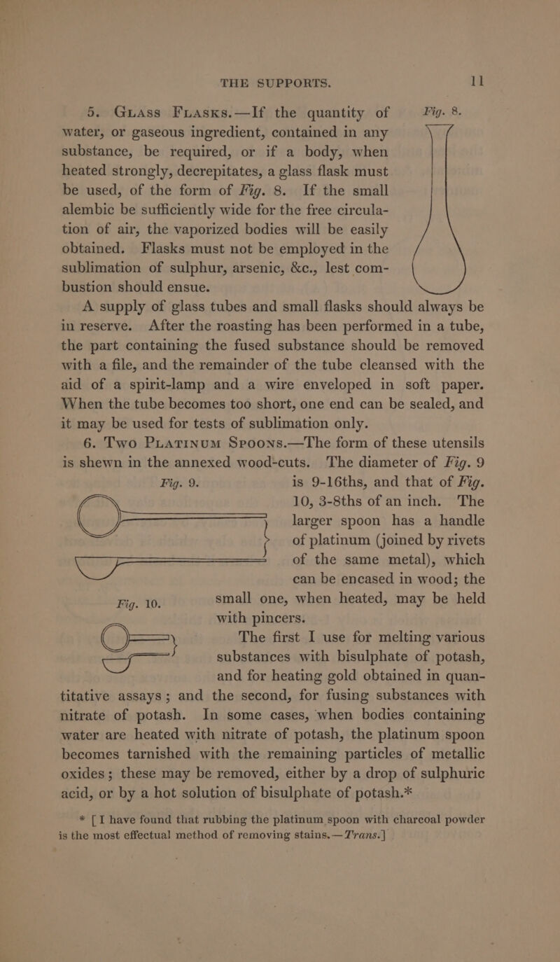 5. Guass Fuasxs.—lIf the quantity of Fig. 8. water, or gaseous ingredient, contained in any substance, be required, or if a body, when heated strongly, decrepitates, a glass flask must be used, of the form of Fig. 8. If the small alembic be sufficiently wide for the free circula- tion of air, the vaporized bodies will be easily obtained. Flasks must not be employed in the sublimation of sulphur, arsenic, &amp;c., lest com- bustion should ensue. A supply of glass tubes and small flasks should always be in reserve. After the roasting has been performed in a tube, the part containing the fused substance should be removed with a file, and the remainder of the tube cleansed with the aid of a spirit-lamp and a wire enveloped in soft paper. When the tube becomes too short, one end can be sealed, and it may be used for tests of sublimation only. 6. Two PLatinum Spoons.—The form of these utensils is shewn in the annexed wood-cuts. The diameter of Fig. 9 Fig. 9. is 9-16ths, and that of Fig. 10, 3-8ths of an inch. The ss larger spoon has a handle of platinum (joined by rivets 9) alliemae of the same metal), which can be encased in wood; the Fig. 10. small one, when heated, may be held with pincers. \ The first I use for melting various id substances with bisulphate of potash, and for heating gold obtained in quan- titative assays; and the second, for fusing substances with nitrate of potash. In some cases, when bodies containing water are heated with nitrate of potash, the platinum spoon becomes tarnished with the remaining particles of metallic oxides ; these may be removed, either by a drop of sulphuric acid, or by a hot solution of bisulphate of potash.* * [I have found that rubbing the platinum spoon with charcoal powder is the most effectual method of removing stains. —7'rans. |