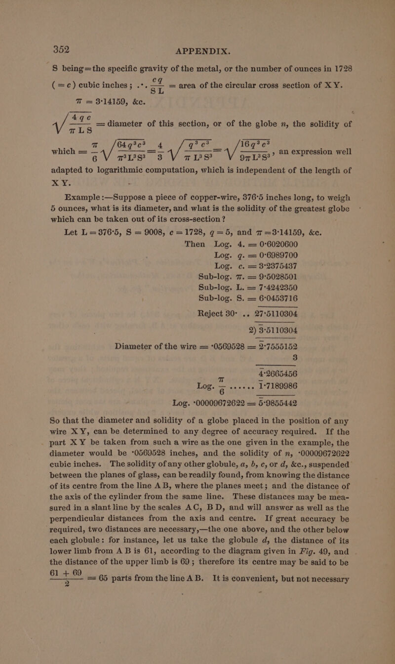 S being=the specific gravity of the metal, or the number of ounces in 1728 ( =c) cubic inches; .°. 5 = area of the circular cross section of XY. 7 = 314159, &amp;e. 4q¢ ’ 4/ Siar == diameter of this section, or of the globe m, the solidity of 7 which = 7 / Mae 8 fae ea) eS an expression well ~¢6V mus 3 V 7s On L3S*’ adapted to logarithmic computation, which is independent of the length of xX ¥. - Example :—Suppose a piece of copper-wire, 376°5 inches long, to weigh 5 ounces, what is its diameter, and what is the solidity of the greatest globe which can be taken out of its cross-section ? ; Let L =376°5, S = 9008, c = 1728, g=5, and 7 =3°14159, &amp;c. Then Log. 4. = 0°6020600 Log. g. = 0°6989700 Log. c. = 3°2375437 Sub-log. 7. = 9°5028501 Sub-log. L. = 7°4242350 Sub-log. S. = 6°0453716 Reject 30° .. 27°5110304 2) 35110304 Diameter of the wire = °0569528 = 2°7555152 3 8 42665456 Log. 6 eeeeee 1°7189986 Log. 00009672622 = 5:9855442 So that the diameter and solidity of a globe placed in the position of any wire X Y, can be determined to any degree of accuracy required. If the . part X Y be taken from such a wire as the one given in the example, the diameter would be *0569528 inches, and the solidity of n, *00009672622 cubic inches. The solidity of any other globule, a, b, c, or d, &amp;c., suspended between the planes of glass, can be readily found, from knowing the distance of its centre from the line AB, where the planes meet; and the distance of the axis of the cylinder from the same line. These distances may be mea- sured in a slant line by the scales AC, BD, and will answer as well as the perpendicular distances from the axis and centre. If great accuracy be required, two distances are necessary,—the one above, and the other below each globule: for instance, let us take the globule d, the distance of its lower limb from A B is 61, according to the diagram given in Fig. 49, and - the distance of the upper limb is 69; therefore its centre may be said to be 61 + 69 = 65 parts from the line AB. It is convenient, but not necessary