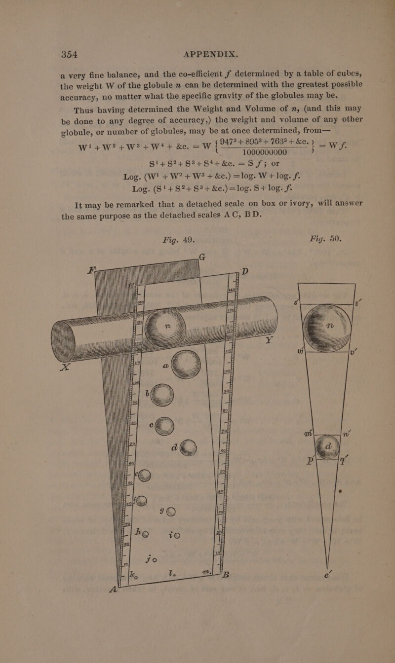 a very fine balance, and the co-efficient f determined by a table of cubes, the weight W of the globule m can be determined with the greatest possible accuracy, no matter what the specific gravity of the globules may be. Thus having determined the Weight and Volume of m, (and this may be done to any degree of accuracy,) the weight and volume of any other globule, or number of globules, may be at once determined, from— ( 9473 + 8953 + 7635 + Ke. } —wWrf. WW Wes Cy ts a S'4+8?+83+S84+k&amp;e. =S8 f; or Log. (W! + W? + W® + &amp;c.) =log. W + log. f. Log. (S'+S?+ 83+ &amp;c.)=log. S + log. f. It may be remarked that a detached scale on box or ivory, will answer the same purpose as the detached scales A C, BD. ‘eangeasa fe pa WWW i | nr sige tit | E Wi i} 4 Ur} } i} Wy, eee, ele YY LLL “I “4 | = ———S—_ = ——— ——— 0 = = = 4 ms a te itor Q O io Listy —— ee Crit WES Sn Sy a 7  tet et eT TT i - ( \ ri i H E : 'B AN