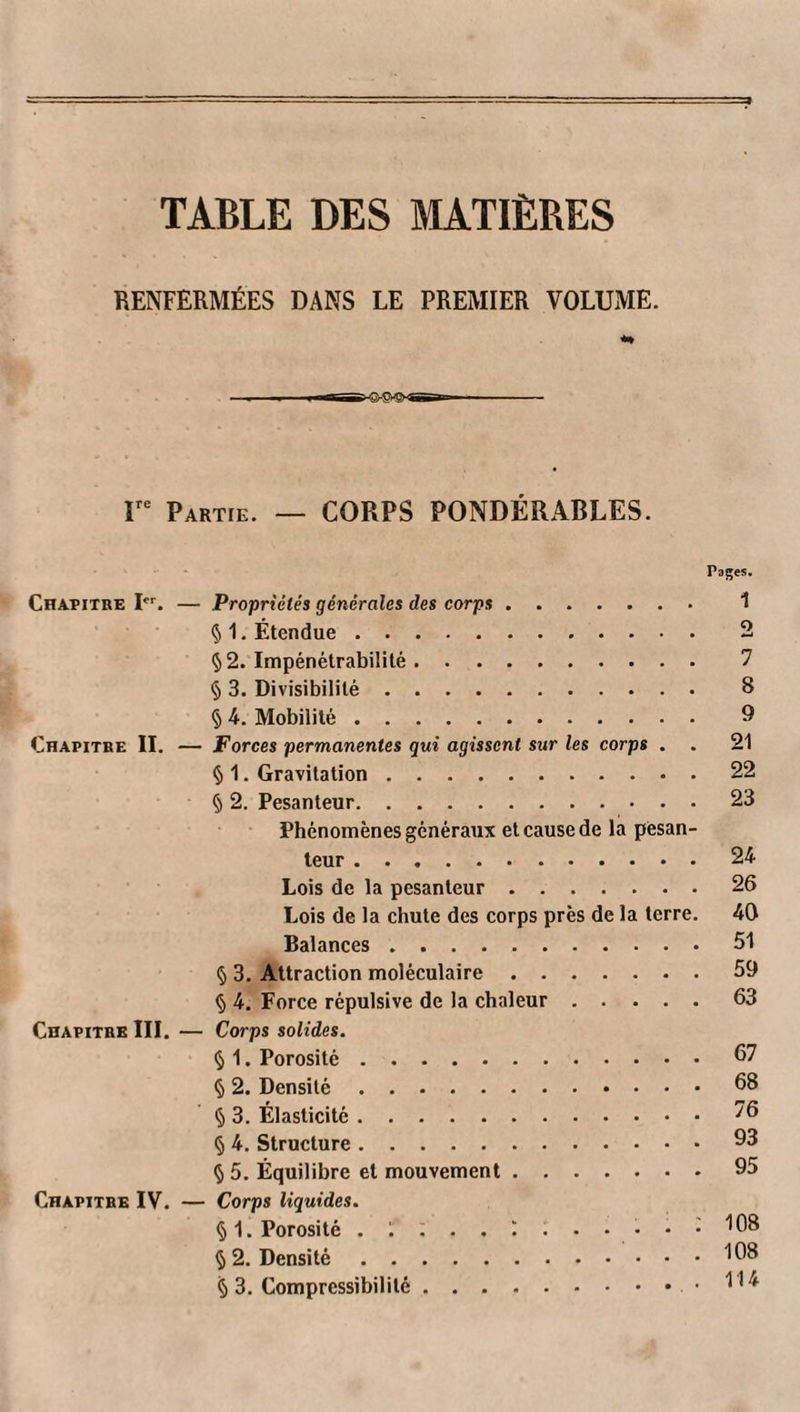 TABLE DES MATIÈRES RENFERMÉES DANS LE PREMIER VOLUME. r Partie. — CORPS PONDÉRABLES. Pages. Chapitre I^. — Propriétés générales des corps .. 1 Ç) 1. Étendue. 2 §2. Impénétrabilité. 7 § 3. Divisibilité. 8 § 4. Mobilité. 9 Chapitre II. — Forces permanentes qui agissent sur les corps . . 21 § 1. Gravitation.22 § 2. Pesanteur.23 Phénomènes généraux et cause de la pesan¬ teur .24 Lois de la pesanteur.26 Lois de la chute des corps près de la terre. 40 Balances.51 § 3. Attraction moléculaire.59 § 4. Force répulsive de la chaleur.63 Chapitre III. — Corps solides. § 1. Porosité.57 § 2. Densité.58 § 3. Élasticité.^5 § 4. Structure.93 § 5. Équilibre et mouvement.95 Chapitre IV. — Corps liquides. §1. Porosité . 1 1 . . . • • • ‘'03 §2. Densité.^58 §3. Compressibilité..114