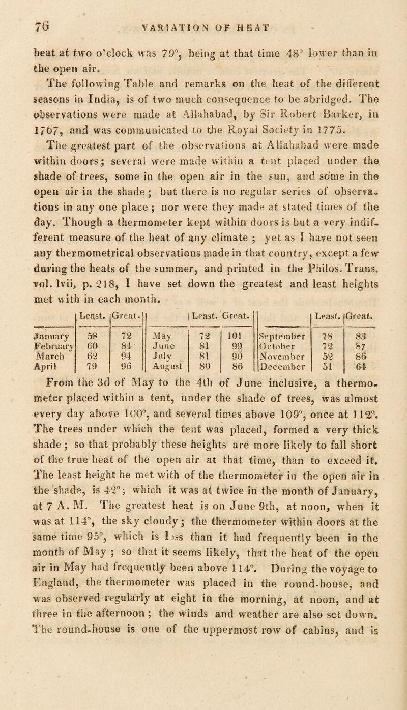 heat at two o'clock was 79°, being at that time 48’ lower than in the open air. The following Table and remarks on the heat of the different seasons in India, is of two much consequence to be abridged. The observations were made at Allahabad, by Sir Robert Barker, in 1/6/, and was communicated to the Royal Society in 1775. The greatest part of the observations at Allahabad were made within doors; several were made within a tent placed under the shade of trees, some in the open air in the sun, and seme in the open air in the shade ; but there is no regular series of observa¬ tions in any one place ; nor were they made at stated times of the day. Though a thermometer kept within doors is but a very indif¬ ferent measure of the heat of any climate ; yet as I have not seen auy thermometrical observations made in that country, except a few during the heats of the summer, and printed in the Philos. Trans, vol. lvii, p. 218, I have set down the greatest and least heights met with in each month. Least. Great. | Least. Great. Least. Great. January 58 72 M ay 72 101 September 7S 83 February 60 84 June 81 99 October 72 87 March 62 94 July 81 90 November 52 86 April 79 96 August 80 86 December 51 64 From the 3d of May to the 4 th of June inclusive, a thermo¬ meter placed within a tent, under the shade of trees, was almost every day above 100°, and several times above 109°, once at 112% The trees under which the tent was placed, formed a very thick shade ; so that probably these heights are more likely to fall short of the true heat of the open air at that time, than to exceed it. The least height he met with of the thermometer in the open air in the shade, is 42°; which it was at twice in the month of January, at 7 A. M, The greatest heat is on June 9th, at noon, when it was at 114°, the sky cloudy; the thermometer within doors at the same time 95°, which is Ijss than it had frequently been in the month ot May ; so that it seems likely, that the heat of the open air in May had frequently been above 114°. During the voyage to England, the thermometer was placed in the round-house, and was observed regularly at eight in the morning, at noon, and at three in the afternoon ; the winds and weather are also set down. The round-house is one of the uppermost row of cabins, and is