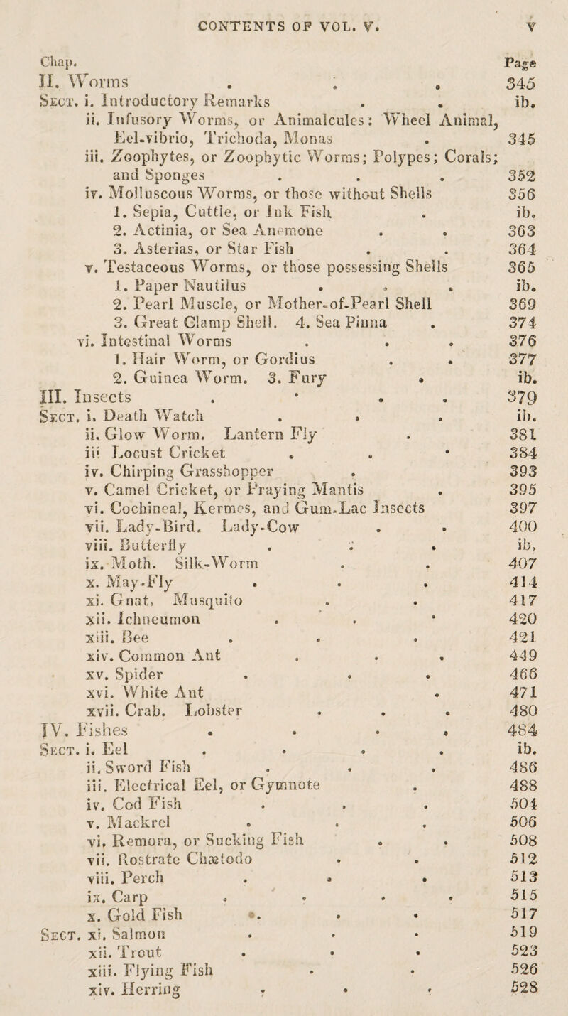 Chap. Page II. Worms . . . 345 Sect. i. Introductory Remarks . . ib. ii. Iiifusory Worms, or Animalcules : Wheel Animal, Eel-vibrio, Trichoda, Monas . 345 iii. Zoophytes, or Zoophytic Worms; Polypes; Corals; and Sponges . . . 352 iv. Molluscous Worms, or those without Shells 356 1. Sepia, Cuttle, or Ink Fish . ib. 2. Actinia, or Sea Anemone . . 363 3. Asterias, or Star Fish , . 364 Y. Testaceous Worms, or those possessing Shells 365 1. Paper Nautilus . , . ib. 2. Pearl Muscle, or Mother-of.Pearl Shell 369 3. Great Clamp Shell. 4. Sea Pinna . 374 vi. Intestinal Worms . . . 376 1. Hair Worm, or Gordius . . 377 2. Guinea Worm. 3. Fury • ib. III. Insects . • . . 379 Sect. i. Death Vvatch . . , ib. ii. Glow Worm. Lantern Fly . 381 iii Locust Cricket . . * 384 iv. Chirping Grasshopper . 393 V. Camel Cricket, or Praying Mantis . 395 vi. Cochineal, Kermes, and Gum-Lac Insects 397 vii. Lady-Bird. Lady-Cow . • 400 viii. Butterfly . . . ib, ix. Moth. Silk-Worm . . 407 X. May.Fly . . . 414 xi. Gnat. Musquiio . . 417 xii. Ichneumon . . * 420 xiii. Bee . . . 421 xiv. Common Ant . . . 449 XV. Spider . . . 466 xvi. White Ant . 471 xvii. Crab. Imbster . . . 480 IV. Fishes . . • . 484 Sect. i. Eel . . . . ib. ii. Sword Ihsh . . . 486 iii. Electrical Eel, or Gymnote . 488 iv. Cod Fish . . . 504 V. Mackrei . . . 506 vi. Remora, or Sucking Fish . . 508 vii. Rostrate Cliaitodo . . 512 viii. Perch . » . 513 ix. Carp .... 515 X. Gold Fish . 517 Sect. xi. Salmon . » • 519 xii. Trout . • • 523 xiii. Flying Fish . • 526 xiv. Herring ; • • 528