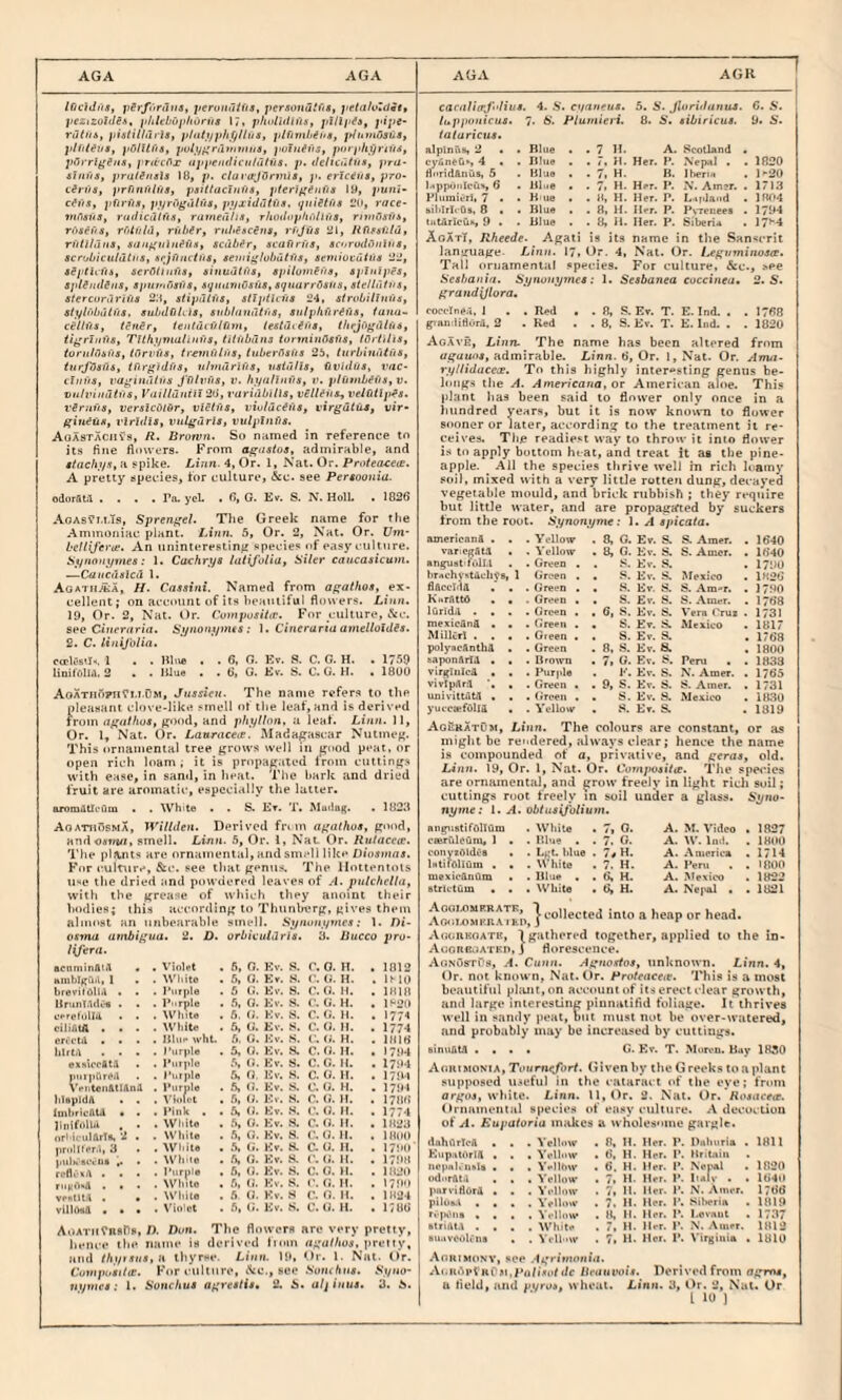 iQcldiis, j)Srfnratt8, ]ieruniitUs, jiersondtftt, ]>eZizoltle>>t jiltUbuii/iunis 17. phullilli'n, ruins, lu'aiil/firls, plnii/phTjIlus, plftml'ina, jdutnOstia, )i6litb8, j>ulyf(runitiiiis, yoTuivs, ytuyhyriua, piitTlf'Sns, ynicl^x miytiitliculCitus. p. tielici'.ttis, pru- sJnfis, prai/nals 18, />. claraJOnnis, }>. e7-ic8iii, pro- cii-iis, prfinfilfis, psiltucJiifia, pter)ff^iifig 19, punt- cftis, pftrfia, pi/rogtilus, pyxiddtiia. (jniiti'ia I’d, race- viOaus, riidiciUfta, raineii/is, rluuloplu'illiia, rmifisfis, rOaeua, riituld, rubir, rubfacSna, rf'Jtis 81, Itilaafilu, riitlluiia, auit^iiliiffi.i, acubfr, acafirfia, acorudiiiilua, acrubiculdtus, arjUmtua, aeiiii^lubutiis, aeniiucutua 28, aipthi'ia, aerbliui'ia, aititidiua, apilomffia, ayiuipea, apliudiua, apui’irisua, sqHaviG8(ia,aqiiarr08Hs, aieUiitns, atercoruriiia 2;<, stipCdua, silpilciia 84, slrobilltnia, alylnbtUi'ta, aubdOhia, sublunritfia, aulphnrifia, iana- celh'is, tSnir, ieitidifilfnn, leatdiiiia, tUejOgdlua, ti^riiifis, Tllhymaliufia, tiiiibdna iortniiiGafia, iOrt'ilia, tonilOsi'ia, iOri'fia, trefnfili'is, luberGsfia 23, lurbhiutiia, turfOafis, iOrgidi'ia, vlmdrifia, natu/ls, €vidiia, X'ac- vhifis, t'a^iuiiina J'tihu'ia, v. hyalluva, i*. pl(imbifis,v- Duh'iuuifis, Vtiilldiiili 28, t'ariubills, vElliiia^ velGUpEa, vSrnna, versicOidr, viSh'ia, violucEiia, virgdiiia, vir- gitiEUa, x'lrUlis, viilffdrla, vulpiiii'ta. AoASTACitva, /?. Brown. So niimed in reference tn its fine flowers. From agustoa, jtdinirable, and atachya, a spike. Linn. 4, Or. 1, Nat. Or. Proteaxea. A pretty species, for culture, &c. see Peraoonia. odorAtil .... Pa, yeL • fi, G. Ev. S. N. HolL . 1826 Aoas?m.Ts, Spren^el. The Greek name for tlie Ammoniac plant. Linn. 5, Or. 2, Nat. Or. C/m- beHifer<e. An uninierestinjf species of easy culture. Synonyinea: 1. Cachrya lutifotia, Siler caucajicum. —Caiicdalcd 1. Agath.5lA, H. Cassini. Named from afjathos, ex¬ cellent; on accmint of its heantiful fl{u\'ers. Linn. 19, Or. 2, Nat. Or. Coutpusihc. For culture, &c. see Cinemr/rt. Synonymts: 1. Cineraria atnelloidis. 2. C. linij'olia. ccrU-stl-t. 1 • . Hli\e . . 6, G. Ev. S. C. G. H. . 1759 linil'olld. 2 • . Hlue • . 6, G. Kv. S. C. G. H. • 1800 AoATnr)pn?i.i.OM, Jussieu. The name refers to the pleasant dove-like smell of the leaf, and is derived from r7/'o//(u«, ^o«id, and phyllon, a leaf. Linn. 11, Or. 1, Nat. Or. Lanrnceie. Madagascar Nutmeg. This ornamental tree grows well in good peat, or open rich loam; it is propagated from cuttings with ease, in sanil, in heat. Tlie hark and dried fruit are aromatic, especially the latter. aromdUi'iItu « . White • • S. Et. T. Muilug. . 1823 Aoatuosma, Willden. Derived fn m good, andoatn/i, smell. Linn. 5, Or. 1, Nat Or. Ruiaccie. I'he pIfUits are ornamental, and smell like Diosmas. For culture, &c. see that genits. The Hottentots use the dried and powdered leaves of .4. pulchelUi, with the grease of whidi they anoint their bodies; this according to Thunhvrg, gives them almost an nnhearahle smell. Synutiyines: 1. /)i- osma ambi^ua. 2. D. orbieuldrla. 3. liucco pro- lifer a. scnminAiit « . Violet 5, 0. Ev. P. r. 0. H. . 1812 umhlgua. 1 . . Wliito 6. 0. Et. .s\ C. (i. H. . IHO hrevimllA . • . Purple . 5 G. Ev. S. C. G. H. . 1K18 Brui)T.Ul«?« . . . Purple . 5, G. Kv. .S. C. G. H. . 1^‘2U vfrctolld . . . White 5. a. Kv. S. C. G. H. . 1774 ciliAtA . • • . White 6. G. Ev. S. C. 0. II. . 1774 crti'til ■ • . . Hhi- ivht. 6. (i. Kv. .S. V. a. H. . 1816 IilrtA . . . , I'tirple 5, G. Kv. S. C. G. H. . 1 794 . 1794 exMccAtA • . Purple 5, (J. Ev. S. C. G. H. piirpArcA . Ptitjile 6, G, Ev. S. c. 0. n. . 171M Vftiteit&tlAnA . Purple 6. G. Kv. .S. 0. G. H. . 1794 liIspidA . . . Violet 5. G. Kv. S. r. G. H. . I7II8 imhricAlA • . . Pink . . 5, (;. Kv. S. C. (?. M. . 1774 liiiifolU , . . White . 5, G. Kv. S. C. G. II. . 1823 ori-iciilArTs. 2 . . White 5, G. Kv. 8. C. a. II. . 18(10 |)ri)l[tVr.l, 3 • .While . 5. (i. Kv. 8. C. 0. n. . 1790 )>u1h8CcUS ,. . . While . fs G. Kv. 8. (’. G. H. . 1798 refli-xA . . • . Purple . . White . 6. G. Kv. .S. C. G. II. . 1820 riixAhA . • • 5. G. Kv. S. r. (J. II. . I79'l vfnlUA . • . White . 6 (}. Kv. 8 C. G. H. . 1824 villOsA . • • . Vio'ct 5. G. Kv. 8. C. G. II. . i:u6 AoATiifBsns, 7). Dun. The flowers are very pretty, hence the name is derived horn naaihos, pretty, and thyrsus, n ihyrse. Liun. 19, Or. 1. Nat. O'r. C’y»»ip(.ii7tf. For culture, \c., see Somhua. Syno- cacnlicrj\'liua. 4. S. cyaneua. 5. S. Jluriilunua. C. luppinticus. (alaricua. 7. s. Pluvtieri. 8. aibiricua. 9. alpinus, 2 • . Blue . . 7 H. A. Scotland cyAneQk, 4 • . Blue . . 7. B. Her. P. Nepal . ’. 1820 ii»rid&nus, 5 . Blue . . 7, H. B. iheria . 1-20 InDpoiiIcCix, 6 . Blue . . 7, M. Her. P. N*. Am?r. . 1713 PlumiOrl, 7 • . K ue . . 8, H. Her. P. L.>r>laod . 1804 bihlrIcQe, 8 ■ . Blue . . 8, H. Her. P. PvTeiiees . 1794 lutArlcub, 9 . . Blue . . B, it. Her. P. Siberia . 17»'4 AoatI, Rheede. Agati is its name in the San^crii language- Linn. 17, Or. 4, Nat. Or. LeguminuacE. Tall oruamental species. For culture, &c., see Seahauia. Synonymea: 1. Seabanea coccinea. 2. S. f^randyiora. rocclnen. 1 . . R^d . . fi, S. Et. T. E. Ind, . . 1768 giansliriOrd. 2 . Red . . 8, S. Et. T. E. Ind. . . 1820 Agave, The name has been altered from u^auoa, admirable. Linn, ti, Or. I, Nat. Or. Anut- ryUiducece. To this highly interesting genus be¬ longs the A. Americana, or American ame. This plant has been said to flower only once in a hundred years, but it is now known to flower sooner or later, according to the treatment it re¬ ceives. Tlie readiest way to throw it into flower is to apply bottom heat, and treat it at the pine¬ apple. All the species thrive well in rich loamy soil, mixed with a very little rotten dung, decayed vegetable mould, and brick rubbish ; they require but little water, and are propagated by suckers from the root. Synonyme: 1. A apicata. americanA . . . V'ellow . 8, G. Et. S. S. Amer. , . 1640 varicgAU . . Yellow , 8, 0. Ev. S. S. Amer. . . 1640 anguettVilU ■ Green . . S. Ev. 8. . 1790 hrachv^tAchys, 1 Green . . .8. Ev. S, Mexico . 1826 flAccI'k . . . Green . . 8. Ev. S. S. Ara-r. , . 1790 KurAttO . a . Green . . S. Ev. 8. 8. Amer. . 1768 lArldA . . . . Green . . 6, S. Ev. 8. Vera Cru* . . 1731 mexicAnfi . . . Green . . S. Et. S. Mexico . 1817 MilkrI . . . . Green « . S. Ev. 8. . 1768 polyncAnthA . . Green . 8, S. Ev. S. . 1800 napon&rfA . . . Brown . 7. G. Ev. 8. Pern . , . 1838 virglnlcA . . . Purple . Ev. S. N. Amer. , . 1765 vivlpArA , . Green . . 9, S. Ev. S. 8. Amer. , . 1731 univittatA , « . Green . . 8. Ev. 8. Mexico . 1830 yuccaefOlld , . Yellow . 8. Et. S. . 1819 AoEratOm, Linn. The colours are constant, or as might be re' idered, al ways clear; hence the name is compounded of a, , privative, and geraa. , old. Linn. 19, Or. 1, Nat. Or. t’ompyaiVte. TJie species are ornamental, and ^row freely in light rich soil; cuttings root freely m soil under a glass. Syuo- nyme: 1. A. obtuaifolium. aiigiiBtirdllCim . White . 7, 0. A. M. Video . 1827 oaeruleunv, 1 . . lUue . . 7. O. A. W. Ind. . IHUO conyzAldCa . . L^'t. hlue . 7«H. A. America . 1714 Utiroliuni . . . \t*hite . 7. H. A. Peru . . IflOO mexicAnilm . . lilue . . 6, H. A. Mexico . 1822 strietdm . . . White . 6, H. A. Nej>al . . 1821 ‘I “ '“'“P »'■ AotJRKOATK, 1 gathered together, applied to the Id- Augbcuatko, J florescence. AuNOsrf's, A. Ctiim. Agnostoa, unknown. Linn. 4, Or. not known, Nat. Or. Proteacctt. 'I'his is a most beautiful phuit, on account of its erect clear growth, and largo interesting piunalifid foliage. It thrives well in sandy peat, but must not be over-watered, and probably may be increased by cuttings, sinu&tl .... G. Kv. T. Mun-u. Buy 1R50 Aouimoma, Toumefort. Given by the Greeks to a plant supposed u.<eful in the cataract of the eye; from orgoj, white. Linn. U, Or. 2. Nat. t)r. Resuceir. Ornamental species of easy culture. A decoction of A. Eupaioria miUtes a wholesome gargle. (InhArlcA • . . Yellow . 8, H. Her. P. Duhuria . 1811 Kup.UorlA . . . Yellow . 6, H. Her. V. Hritniu . ncpnliiibU . , . Y,«llow . 6. H. Her. P. Netutl 1820 odorAtA . , . ^'e^ow . 7, H. Her. P. I'xlv . . 1640 purviHorA . . . Yellow . 7, H. Her. P. N. Amer. 1766 pilii».l ... . Yellow . 7. H. Her. P. Silwiift . 1819 ri'IKUIB • . , . Yellow , 8, H. Her. P. I.ovnut . 1737 BtriAtA . . . . White . 7, H. Her. P. N. Amer. 1812 ■u.tvciiU'ns . . Yclh'W . 7i Aobimonv, see .4g>*irnriniii. H. Her. P. \'ir((iui« . 1810 Auiinpi rCm./i Ueauvoia. Denvod from <1 grrw. 1 10 )