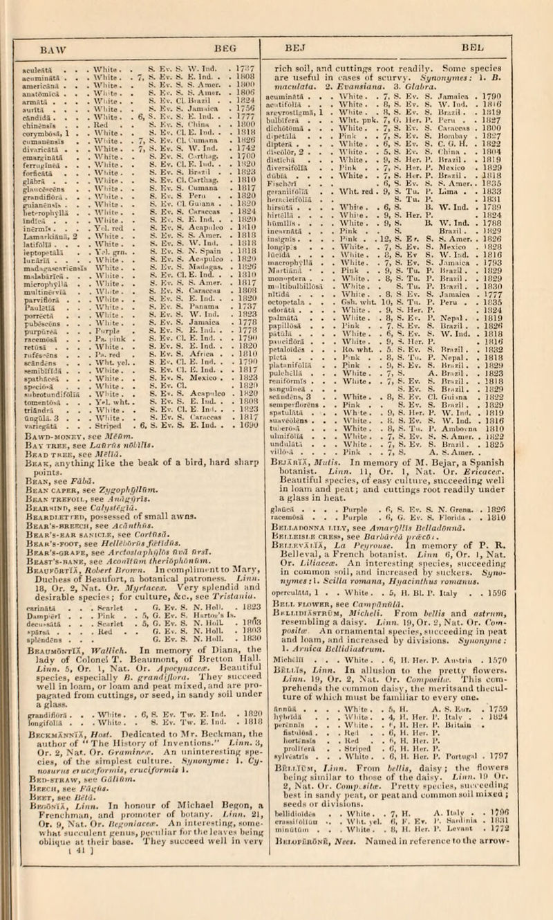 BAU' BCulefttA . . . White. . S. Ev. S. W. Ind. . I-!? uciiminAU . . • Wliite . . 7. f'- 15'’. S. K. Ind. . . 1W)8 amfricAiiA . . . White. S. Ev. !?. S. Amcr. . l»C«l Rii8l<vaiicA . . . Wli'te. {<. K>-. S. S. Amcr. . IHOR amfiW .... Widte. S. Kv. Cl. Ihmil . . lKiJ4 aurlU .... While. S. Kv. S. Jam lioa . eftndlda. . . . Wliite. 6, S. Kv. S. K. Ind. . . 1777 chiovQsTs ... Red « . S. Kv. S. ('liiiia . . IHOO njr>-mliO-A, 1 . . While. S. Ev. CL E. Ind. . . lfU» ciimBUfnais . . White. 7» S. Kv. CLCumana . lH2t) diiMricAU • . . White. 7> Kv. S. W. Ind. . 1742 eniBTvin&tA . • ^Vhite. . S. Ev, S, C.>rth.>g. . 1/00 femiL'Inea . . . V.’liile. S. Ev. Cl.K. Ind. . . lliSO forficAta . . . White. S. Ev. J». ErA»il . . 1H23 gUbrA . . . .While. S. Ev. Cl. Carthag. . IHIO cleiic^-TJnB . . White. S. Kv. 8. Cumana . 1B17 gTnodifluM . . . While. S. Ev. S Peru . . 1B20 giiianvn^Iii • . . White. • S. Ev. Cl. Gmana • . 1K20 liet^TophylU . . White. . S. Ev. S. Caraceas . 1H24 IndicA .... White. . S. E'. S. K. Ind. . . 1H20 inerml^. . . . Yol. ml . S. Ev. 8. Ac-apnli-o . iHlO LamarkiAa.’i, 2 . White. . S. Ev. 8. S. Ainer. . 1818 UtifdlU .... White . . 8. Ev. S. W. In.l. . lUlH ieptopetil.l . • \ ■'*1. crn. . S. Ev. 8. N. 8pa!n . 1818 lucarLl .... White. . S. Ev. 8. Acipiilco . lH2i) inBda(ra*carien»I» White. . S. Ev. S. Mndegaa. . ll’2() in>«inbiTleii . . . Wliite . . 8. Kv. (1. K. Inu. . . iJIlO mierophfUa . . AVhite. . 8. Kv. 8. 8. Amer. . 1817 multinciVlA . . White. , S. Ev. S. Crtraccns . 1808 parviSnni ... M’liite . • 8. Ev. 8. t. Ind. . . 182U Fanlsm . . .While. . S. Ev. 8. Panama . 1737 poTTeCtA . . . White . . 8. Ev. 8. W. Ind. . 1823 rubcscCns . . . Wliite. . S. Ev. S. Jamaica . 1778 purpiireA . . . P'»r]de . 8. Ev. 8. E. lad. . . 1778 racemusA . . • Pa. I'ink . S. Ev. Cl. K. In<l. . . l<80 reti'isd .... While. . 8. Ev. S. E. Ind. . . 1820 ruf^s'ens . . . Pe. red , 8. Ev. S. .A.friCH . . 1810 acSndvna . . . Wht. vcJ. . S- Ev, Cl. E. Ind. . . 1<}8) femiblflJA • . . Wliite ■ • S. Ev. t). K. Ind. • .1817 spathSceA . . . Wiiiie. . 8. Ev. S. Mexico . . 1823 6pi*ciii»4 . • . White. • 8. Ev. Cl. . 1820 •iibrotundifOlIa .White. . S. Ev. 8. Acapilco . 1820 tomenthsA . . . Vel. wht.. 8. Ev. S. E. Ind, . . IBOH triftndra . . . Wlnte. . 8. Ev. Cl. E In-I. . . 1823 OoeuU.3 . . .White. . 8. Ev. 8. CaT.icca# . 1817 variegiitA . . . Striped • 6. 8. Ev. S. E. Ind. . • 1000 BAwn-MONEV, Bce Mfnm. Bay tree, see Luiirfis nOhllla. Bead tree, see MPlIil. Beak, rtnylhins like the beak of a bird, hard sharp points. Bean, see Fabd, Bean caper, see ZjigophfjHfim. Bean trbfoii-, see Anr<i!})rls. Bearmind, see Calystffihl. BEARDiETrEii, pO'sessed of sm.Tll awns. Bear's-rrbeci), see Ac'inthfit. Bbar's-ear sANici.K, see Cnrifiaa. BEAK's-ptKjr, see HellfMrfia f^rtlJas. Brar'S'ORape, see Arcfoslaphfflos ftiul firsT. Beast's-bane, see AcoitJtnm IheriRphOuUin. BbaukoiitTa, Robert Tiruivn. In eompliim ntto l\Tary, Duchess of Beauhirt, a botanical patroness. Linn. 18, Or. 2, Nat. Or. Mi^rtaceae. Very splendid and de.'.irable specie-*: fur culture, &c., see Tr/j/aHJu. carinAtA ... Scarlet • G. Ev. S. N. Holh . 1823 OninD'erl . . . Pink . . •'>, G. Ev. 8. Hartou'a Is. deci.rsuta . . . Scarlet . 5, 0. Ev. 8. N. ll.dL . 1803 . *pfirb.V . . . . Red . . G. E*. 8. N. Holl. . 1803 aplcndens ... C. Ev. S. N. Hull. . IH.U* BkaumOntIa, Wallick. In memory of Diana, the lady of Colonel T. Beaumont, of Brelton Hall. Linn. 5, Or. 1, Nat. Or. Apocifiiacerp. Beautiful species, especially B. granitijlora. They sticceed well in loam, or loam and peal mixed, and are pro- pa>£Hted from cuttings, or seed, in sandy soil under a glass. grandiflord. . . Wl-ite . . 6, S. Ev. Tw. E. Ind. .1820 longifOUA . . .White. . 8. Ev. Tvv. K. hid. .1818 BpxkmannTa, Host. Dedicated to Mr. Beckman, the author of “ The History of Inventions.” Linn. 3, Or. 2, Nat. Or. Grarnineir. An uninteresting spe¬ cies, of the simplest culture. Synunijme: 1. Cy* noaurna et ucnformia, erucifurmia 1. BEn-smtAW, see Gu/lfim. Bp.ech, see /•‘•Tt’fis. Beet, see Bp/iOnTa, Linn. In honour of Michael Begon, a Frenchman, and promoter of botany. Linn. 21, Or. U, Nat. Or. lle^oniaceif. An intciCHiing, some¬ what succulent genus, j>c«Miliar for the leaves being oblique at tlieir base. They succeed well in very 1 41 1 rich soil, and cuttings root readily. Some species are useful in cases tif scurvy. .S,yno;i^»irj; 1. B. innculata. 2. Evansiana. 3. Glabra. acuininfitA . • . White. . 7. 8. Ev. 8. .Tamnica . 1700 nci.tifolIA . . . White. . 8, S. Ev. S. W. Ind. . l«lG ari-vrnstlijmA, 1 • Wliite . . 8, 8. Ev. 8. Rr.izil . . 1819 hulblfcrA . . . Wht. pok. 7, G. Her. P. Pern . . 1827 dichutOniA . . . While. . 7> 8. Ev. S. CamccHS . 1800 dipetilA . * . Pink . , 7i 8. Ev. S. Honibny . 1827 dipterA .... White. . 6, 8. Ev. 8. C. (i. H. . 1822 lU'ColAr, 2 . . • White. . 5.8. Kv. 8. Cliin.a . . 1804 dlHtk-hii . . . White. . 0, 8. Her. ]’. Hrazil. . 18!9 diverbifOlIA . . Pink . . 7> 8- Her. P. Mexico . 1029 dubla .... White. . 7, 8. Hvr. P. liruzil . . 18)8 h'ischiJrl ... . 8, S. Ev. 8. 8. Amer.. 18.35 goraniiiOiTA . . Wht. red. 9, 8. Tu. P. Lima . . 1833 hernLleifulii . . S. Tu. P. . 1831 hirsCibt . . . . Whi-e. . 6,-8. U. W. lud. . 1789 hirtcllA .... Whi-e. . 9, 8. Her. P. . 1824 hhmills. . . . ^V■hite. . 9, 8. IL W. Ind, . 1788 incHmfttA . . . Pink . . 8. Brazil. . 1829 insigiils. . . . Pmk . . 12, 8. E r. S. 8. Amer. . 1826 longip s . . . WliiU*. . 7» Kv. 8. Mexico . 1828 lAcIdA .... White. . 8, S. Ev S. W. I:.d. . 1810 iiiacrnphvllA . . White. . 7i 8. Ev. 8. Jamaica . 1793 MurtiAiiA * . . Pink . . 9, 8. Tu. P. ItrazU . . 1829 mon-iptera . . . White. . 8, 8. Tu. P. Bra'/il . . 1829 m-ltibiilhillOsA . White. . S. Tu. P. Rra/il. . 1830 nltidu .... While. . 8. S Ev. 8. Jamaica . 1777 octopetahi . . . Gsh. w-lit. lO, 8. Tu. P. Peru , . 1835 udnr&U .... White. . 9, S. Hvr. P. . 1824 palmutA . . . White. . 8, S. Ev. P. Nep*l. . 1819 papillOsA . . . Pink . .7-8. Ev. 8. liruzil . . 1826 p.iiicidurA . . . White. . 9, 9. Her. P. . 1816 petaloidc-a • • . Ro. wht. . 5. 8. Ev. 8. Rmstil . , 1832 ph'U .... Pink . . 8, S. Tu. P. Nepal. . 1818 platiinifulIA . . Pink . . 9, 8. Ev. 8. Bruzil . . 1829 puk'hcllA . • . White. . 7» •8. A. Brazil. , 1823 rcuit'Omils . . . White. . 7> Ev. 8. Brazil. . 1818 sangulneA ... S. Ev. S. Brazil. . 1829 KcAiidenH, 3 . . White. . 8, 8. Kv. CL Guima . 1822 seinperlliircnB . . Pink . . 8. Ev. S. Brazil. . 1829 spatulAtA . . , Wh te. . 9, 8. Her. P. W. luH. , 1819 auiiveoUnB . . . White. . 8. 8. Ev, 8. IV'. Ind. . 1816 tuher6«A • . . While. . B, .8. Tu. P. Ambovnn 1810 ulmit’OlIA ... White. . 7» 8. Ev. 8. S. Amer. , 1822 undulut.'i . . . AVhite . . 7> 8. Ev. S. Brazil. . 1825 vilh'i-.i .... Pink . . 7i 8. A. 8. Amer. . BrjarTa, Miilis. In memory of M. Bejar, a Spanish botanist. Linn, 11, Or. 1, Nat. Or. Ericaceir. Beautiful species, of easy culture, succeeding well in loam and peat; and cuttings root readily under a glass in heat. glaQcA .... Purple . 6, 8. Kv. S. N. Grena. . 1026 racemCsA . . . Purple . 6, G. Ev. S. KInridn . . lUlO Bkm.aoonna i.ir.v, see Bcltailrmnd. Bei.leisib cres!*, see DarbdrSd nidcOi, Bkt.i.evai.Ia, La Peyrouse. In memory of P. R. BelJeval, a French botanist. Linn 6, Or. 1, Nat. Or. LiUacece. An intere.sting .species, .succeeding in common soil, and increased by suckers, ii.i/no- ti^wie^rl. Scilln rornana, Hyacinthus romanua. operculAin, 1 . . While. . 5, H. Bl. P. Italy . .1596 Bbm. pmjwbr, see Campdnutil. BklmiuastrC’m, MicheH. From beUis and nstrumy resembling a daisy. L/nit. 19, Or. 2, Nut. Or. Com- posUie An ornamental species, succeeding in peat and loam, and increased by divisions. Hynonyme: 1. Arnica BelliJiaatrum. Michcln . . . White. . 6, H. Her. P. Auvliin . 1.57(1 Bkcj.Ts, Linn. In nllii.elon to the pretty flowers. Linn. 19, Or. 2, Nut. Or. Cimi/awiVu-. This com¬ prehends the coinmoii daisy, tlie nieritsaud tliccul- ture of which must be familiar tu every one. ftnnQA . . . .Whte. ..5,11. A. S. Eur. .17.59 hj'hrlil,l . . . lyiiite. . 4, 11. Her. P. Itulv . . 1824 pvriiinrii . . . White. . (, 11. Her. 1'. UiiUiu . libtulAsit . . . He<l . . (>, H. Her. P. horUnste . . K<-d . . h, K. Her. P. prollterA . . 8tri]icd . 6, H. Her. P. •lylvcBtrlB . . . White. . 6, H. Her. P. Purlugd . 1797 Ukt.r.TCst, I.inn, From beUia, daisy; the flowers being siinilHr to thcise of the dHi.*.y. Linn. 19 Or. 2, Nut. Or. Comp.aiht. I’reltv species, succeeding best in sandy _|)eat, or peat ami coimiion soil mixea ; seeds or divisions. iMillidinldea . .While. . 7, H. A. Itulv . . 1/96 cruMiilblluu .. . V\'hl. ;ieL 8, K. Kv. P. Hnnluiia . 1831 minutfiiii . . . While. . 8, H. Her. P. Levant . 1772 BKiopiiuONft, Nect. Named in reference to the arniw-