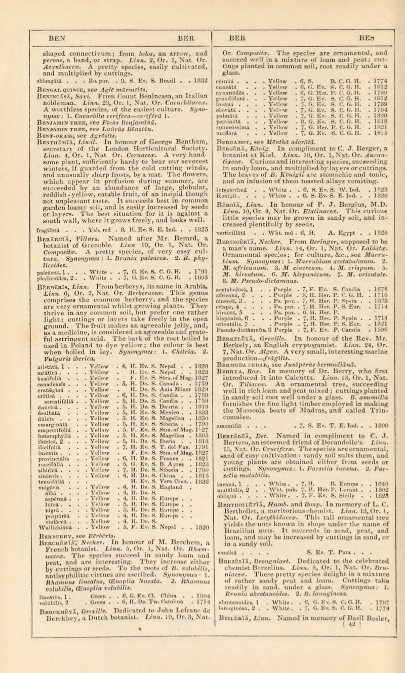 shnped connectivum; from belos, an arrow, and pfrojie, a band, or strap. Linn. 2, Or. 1, Nat. Or. Aciintiiuceie. A pretty species, easily cultivated, and multiplied by cutting's. oblongAia . • . Ro.pur. . 9. S. Er. S. Brazil > • 1B32 Rkngai. quince, see A^lf mrirmi’ln.i. liRNiKCASA, Sari. From Count Heninoasa.an Italian nobleman. Linn. 23, Or. 1, .Vat. Or. Cuciii-biiaceiP. A wiuthless species, of the ea<ie«t culture. Sj/nu^ Tj;/mc; 1. Cncurbila ceri,fera—ce>lffrd 1. Benjamin TREE, see FTcfis HenjamTfid. Benmmin tree, see Lafln'is liinzdin. Bbnt-orass, see A^rOstls. BsNTiiAMiA, Lilt’ll. In honour of Geoppe Bentham, secretary of the London !I«)rticulmral Society. Linn. 4, Or. 1, Nat Or. Cornacere. A very hand¬ some plant, sufficiently hardy to bear our severest winters, if guarded from the cold cuttinf? winds, and unusually sharp frosts, by a mat. The flowers, which appear in profusion during summer, are succeeded by an abundance of larfje, globular, reddish-yellow, eatable fruit, of an insipid thou/fh not unpleasant taste. It succeeds best in common garden loamv soil, and is easily increa-sed by seed*: or layers. The best situation for it is against a south wall, where it grows freely, and looks well, fragtferi . . . Ysli. red . 8, H. lir. S. E. Ind. . , 1825 BerardTa, Villars. Named after Mr. Berard, a botanist of Grenoble. Linn 19, Or. 1, Nat. Or. Cumposita?. A pretty species, of very easy cul¬ ture. Synont/mes: 1. Urania paleacea. 2. D. phy- licoidest paleAceri, 1 . . . Wliite . , 7» f*. K'*. S. C. G. H. ,1 91 phvlicniilcB, 2 . • Wliite . • 7» G. Ev. S. C. 0. H. . 1805 BfiRBuRTs, Linn. Frombcrberys, its name in -Arabia. Linn 6, Or. 2, Nat. Or. Uerberaceis. This genus compri.ses the common berberry, and the species are verv ornamental whilst growing plants. They thrive in any ctuiunon soil, but prefer one rather light; cuttings or layers take ireely in the open ground. The fruit makes an agreeable jelly, and, as a medicine, is considered an agreeable and grate¬ ful astringent acid. The iiurk of the nnit boiled is used in Poland to dye yellow; the cohmr is best when boiled in ley. Synonymcs: 1. Chitria. 2. Vulgaris iberica. ari‘tAtS, 1 . . • Yellow . 4, H. Ev. S. Nep-il . . 1829 asifttlcA. . . . Yellow . H. Ev. S. Nep.il . . 1823 buxifoUA . . . A'ellow . K. Ev. S. Strn.ofMivg. 182 canadenslB . . . Yelloiv • 5, H. De. S. Cnnadn . . 1759 crutiectoA . . . Yellow . H. l)e. H. Asia Minor 1829 cr^tlcA .... Yellow . fi, H. De. S. ('nndiii . . 1759 8erratifilll& . . A'ellow . 5, H. Dv. S. Gnndia . . K.59 duArlcA. . . . Yellow . fi, H. De. 8. Daoriii . . 1818 ' denlbatA . . • Yellow . 5, H. Ev. S. Mexico . . llUiB dulciA .... Yvllow . 3. H, Ev. S. Magellan . 1830 emarginAtft . . Yellow . 5» H. Ev. 8. Siberia . . 1799 empetrifcdlil . . A’ellow . 5. F. Kv. S. Stra.iifMog. 1‘'27 hclerophvlU • . Yellow . .5. M. Ev. .8. Mngelliin . 189.5 ib&rIcA, 2 . . . Yellow . 5, H. l)e. S. Iberia . . 1818 ilicifbllA . . .Yellow . 7. H. Ev. .8. T. del Fue. 1791 itivmits .... Yellow . K. Ev. .8. .Strn. of Mag. 1827 provinciAllB . . Yellow . 0, H. De. S. France . . 1821 riixcifOlIA . • • A'ellow . 6, O. Ev. .8. H. Avres . 1823 bibIrIcA .... Yellow . 7* H. De. S. Siberia . . 1799 binen'.fs. . . . Yellow . 4, H. De. S. ('hina . . 181.5 toiiuifoliA ... H. Ev. 8. Vera Cruz.. I83li vulirArla . . . A'ellow . 4, H. De. S. England . ^bil .... A’ellow . 4, H. De. S. nspermA . . • Yellow . 4, H. De. S. Eorope . . luteA. . . . AVlIiiw . 5, H. De. S. Europe . . nlgrA .... Yellow . .5, H. De. S. Eiiiope . . piirpfirSA . . S'l-llow . 4, 11. Do. S. Eurojio . . violflceA . . . Yellow . 4. 11. lb-. H. WallichiAnA . . Yellow . 5, F. Ev. 8. Nepal . . 1020 Bkrhrurv, see n?rbi'rls. BFuru«>iTA7 Necker. In honour of M, Berchem, a French botanist. Linn. 5, t)r. 1, Nat. Or. Uham- tufcctf. The species succeed iu sandy loam and peal, and are interesting. 'Phey increa.so either by cuttings nr .‘«eeds. Tu the mots of U. volubilis, antisyphiliiic virtues are nscribecl. • i. Rhainnn$ linratus, (Enoplia Uneata. 2. lihamnus vohibtlia, (Enuplia volubilis. lineAtbs, 1 . Green . . 0, G. Ev. ri. rhina . . IMU-l volubllI%, 2 . Uieeii . . f), M. De. Tw. Farolum . 171-J BruckuPvX, Gr/fi7/f. Dedii-ated to John Lefranc de Berckhey, a Mulch botanist. Linn. 19, Dr. 3, Nat. Or. Composi/tv. The species are omainenial, and succeed well in a mixture of loam and peal; cut¬ tings planted in common soil, rout readily under a glass. eC-rnuH .... Yellow . 6, S. B. C-G. H. . 1774 cuneAtA . . . A’elinw . G, G. Ev. .8. C. G. H. . 1812 Cy nnroldds . . . A'ellow . G, 0. H t. I*. C. G. H. • 1789 crandifloru . . . Yellow . 7, G. Ev. S. C. G. H. . 1812 incAnA . . . .Yellow . 7. G. Ev. .8, C. G. H. . 1739 oliovAtA .... A’ell'‘W . 7» G. Ev. S. C. G. H. . 1794 paltnAM . . . A'ellow . 7, G. Ev. 8. C. G. H. . 1800 peciinatA . . . Yellow . 8, G. Ev. S. C. G. H. . 1818 npinob!»B(mA . . Yellow . 7. G. Her. P. C. G. H, . 182) imiflorA . . . Yellow . 7> 0. Ev. 8. C. G. H. . 1815 Bergamot, see MSnthd orfon7/d. Bergkra, /vGiiig. In compliment to C. J. Berger, a botanist at Kiel. Linn. 10, Or. 1, Nat. Or. Aur/zii- tiacetF. Curiousand intere-'ting species,sucoeeding in sandy loam, and multiplied by layers or cuttings. The leaves of U. A'Huigji are stomachic and tonic, a:id an infusion of them toasted allays vomiting. inteiferrlniA . . Wbile . . 6, 8. Ev. S. W. Ind. . 182.3 K(inl<il.... AYliile . . 6, 8- Ev. 8. E. Ind. . . 1820 BkroTa, Linn. In honour of P. .T. Bergius, M.D. Linn. 10, Or 4, .Nat. Or. Elatlnacsie. This curious little species may be grown in sandy soil, and in¬ creased plentifully by seeds, verticLlLltA . . Wht. red . 6, H. A. Eg^'pt . . 1820 Bkrinokria, A'ecArcr. From Tieringer, supposed to be a man’s name. Linn. 14, Or. 1, Nat. Or. Lnbiata. Ornamental species; for culture, &c., see Marra- biunu Synonyines: 1. Marrubium acetabu/osiim. 2. M. africanum. 3. M cincrenm. 4. M. crispnm. 5. M. hirsntum, G. Jf. hispanicam. 7> Jf- orientale. 8. M. Psendo-dictamnus. aeetnbtdi'jb^, 1 . • Purple . 7, F. Ev. 8. Candia . IG76 afneann, 2 . . • Purple . 8, H. Her. P. G. H. . 1710 cioeriJA, 3 . . . . Pu- pur. • 7, H. Her. P. .Npein . . lM-’3 crlsp.1, 4 . . . . Pa. pur. . 7* H. Her. P. S. Eur. . 1714 hir»uM, 5 ... Pa. pur. . f>, 11. Her. P. lii3p.lDied, 6 . . . Purple . 7. H. Her. P. Spain . . 1714 nrieiitAlis. 7 • • Purple . 7» H. Her. P, S. Eur. . 1821 pBoudo.dictAmnQs, 8 Purple . 7> F. Ev. P. Candia . 159(1 BERKEbEYA, GrevUU. In honour of the Rev. iVIr. Berkely, an English crypingamist. Linn. 24, Or. 7, Nat. Or. Algetc. A very small, interesting marine p rod u c t ion —frd gilts. Bbk.muda ckoab, see Junlpfnls bermudidnd. Bkrrva, Rox. In memory of Dr. Berry, who first introduced it into Calcutta. Linn. 13, Or. 1, Nat. Or. Tiliacfre. An ornamental tree, succeeding well in rich loam and peat mixed; cuttings planted in .sandy soil root well tinder a glass, fl. ami>»it7/a furttishes the fine light timber employed in making the Massuola boats of 3Jadras, and called Triu- comalee. nmomlllA ... . 7, Ev. T. E. Ind. . . 1800 BertKrOa, Dec. Named in compliment to C. .1. Bertero, an esteemed friend of Decandolle's. Liiiu. 15, Vat. Or. Cruciferar. 'Thespecie.s are ornamental, •and of easy cultivation: sandy soil suits ihein, and young plants are obtained either from seeds or cuttings. Siynonyrnts: 1. Farselia incana. 2. Far- si tia inultibilis. incAiul, 1 . . . White. . 7. B. 11. Kurnpe . . 1G40 uiiUAbills, 2 . . AVbt. pnlt. 7.1'. Her. P. I.evnnt . . 1892 obhijuA .... W’liite. . 7.1”. Ev. S. Sicily . . 182.3 BKRTUoi.i.RrTA, Ilnmb. and Zlo/ip. In memory ttf I.. C. Berihollel, a uteriioriouschetnivt. 13,Or. 1, Nat. Or. Lerythidacex. This tall oruaniontal tree yields the nuts known in shops under the name of Bra/ilian nuts. It succeeds in sand, peat, and loam, and luav be iucro:ised by cuttings in sand, or in a sandy soil. TxcclbA .... S. Ev. T. Para . . . Biuirrji.TX, Uroni:ninrt. Dedicated to the celebrated cbemiat Berzelius. Linn. .5, Or. 1. Nat. Or. /Gu- nitufir. These pretty species delight in a mixture of rather sandy peat and loam. Cuttings take readily in sand, under a gliuss. Synonymes: 1. Urania abrotunoides. 3. U. Uiniigitwsa. nbruUnoldi't, 1 , W'bilc . . G, (i. Ev. S. C, 0. H. . 1787 lunuKiiiOfat, 2 . . White. . ■ G. Ev. S. C. G. H. . 1774 BkslCuTX, Linn. Named in ntemory of Basil Bcsler,