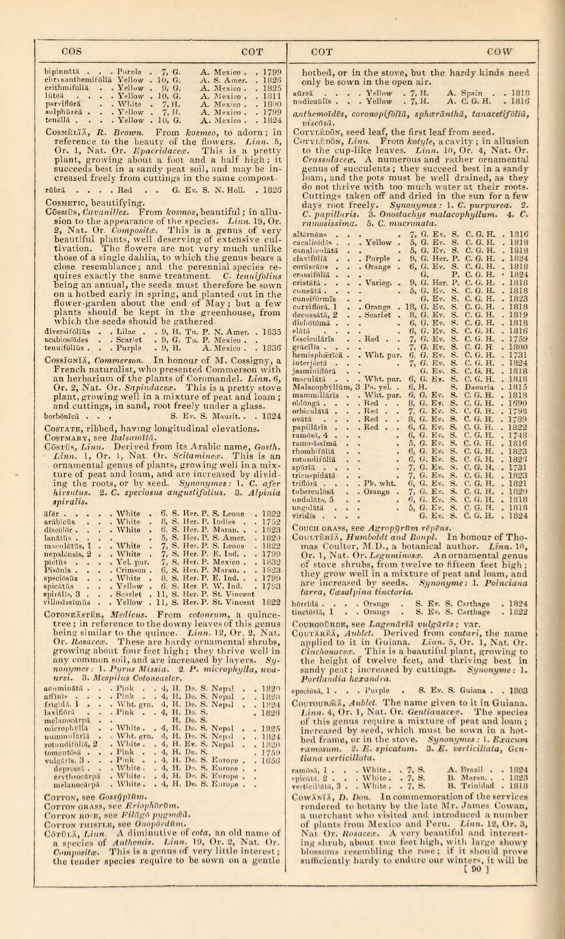 bipinnfttA , . . Pnrnle . 7> 0. c}ir«Raiitlierail'AlIi Yellow . l<i| G. crithmifolld . . Yellow . !)• 0. liiteo .... Yi'llow . 1(1, G. pxrvjftflrft . . M'liite . 7, H. siilphureA . . . Y-»llnw . 7. H. teDcllA .... Y'ellow . lU, G. A- Mexico . . 1790 A. S. Ainer. . IH2G A. Mexico . . 1825 A. Mexico . .1811 A. Mex'co . . IB'JO A. Mexico . . 1799 A. .Mexico . . 1U24 Cos.MHMA, R. tirown. From kosmen, to adorn; in reference to the beauty of the flowers. Linn. 5, Or. 1, Nat. Or. Rpacridacere. This is a pretty plant, growing about a foot and a half high ; it succeeds best in a sandy peat soil, and may be in¬ creased freely from cuttings in the same compost. rubm .... Red . . G. Ev. S. X. HoU. . 102G Cosmetic, beautifying. Co&mDs, Cavanilles. From ArosTnns, beautiful; in allu¬ sion to the appearance of the species. Linn. 19, Or. 2, Nat. Or. Ci)7npositis. This is a genus of very beautiful plants, well deserving of extensive cuf- tivation. The flowers are not very much unlike those of a single dahlia, to which the genus bears a close resemblance; and the perenuial species re¬ quires exactly the same treatment. C. lennijbliita being an annual, the seeds mu.ot therefore be sown on a hotbed early in spring, and planted out in the flower-garden about the end of May; but a few plants should be kept in the greenhouse, from which the seeds should be gathered diverxifollua . . Lilac . . 9, H. Tu. P. X. Amer. . 1835 BcabinoAIdcB . . Scarlet . 9, G. Tu. P. Mexico . . tenuifoilus . . . Purple . 9, H. A. Mexico . . 1836 CossIgnTa, Cominersun. In honour nf M. Cosslgny, a French naturalist, who presented Commerson with an herbarium of the plants of Coromandel. Linn. 6, Or. 2, Nat. Or. Sanindacece. This is a pretty stove plant, growing well in a mixture of peat and loam; and cuttings, in sand, root freely under a glass. borbOnlcd ... S. Kv. S. M.iurit. . . 1824 Costate, ribbed, having longitudinal elevations. CoSTMARV, see liahnntUn. CosrOs, Linn. Derived from its Arabic name, Go.tM. Linn. I, Or. I, Nat. Or. Scilam}iie(je. Tiiis is an ornamental genus of plants, grouing well in a mix¬ ture of peat and loam, and are increased by divid¬ ing the roots, or by seed. Synonr/mes: 1. C. afer hiranlus. 2. C. siieciotit4 anguslifvlius. 3. Alpinia spiraliji. ar«r .... . White . 6. 8. Her. P. S. Lrnne . 1822 Brftblcns . . . White . 8. S. Her. r. Inilies . . 1752 dlfti’OlOr . . . . White . 6, s. Her. P. Mnrnii. . . 1823 InrifitCiH . 5. s. Her. P. 8. Amer. . lB2il m D'l-ldtils, t . ! Wiite ! 7, s. Her. P. S. Lcooe 1822 iwpaknblB, 2 . , White . 7. s. Her. P. E. Ind. . . 1799 pictns . . . . YpL pur. 7. .s. Her. P. Mexico . . 1832 I'inOnls . . . . ('rimMOii . 6. s. H-t. P. M iraii. . . 1823 BpvcirigiiB . . . White , B, 8. Her. P. E. Ind. . . 1799 apicfSttiB . . . Yelh.w . 6. S. llcrP. W. lull. . 1793 BpirftUs 3 . . . 8c‘.*rlet . 11. S. Her. P. St. Vincent viUuNlsBlmu* . . Yellow . Ill s. Her. P. Si. Vincent 1822 COTONEASTrcB, Medicua. From ro/oiiram, a quince- tree ; in reference to the downy leaves of this genus being sitnilar to the quince. Linn. 12, Or. 2. Nat. Or. Rosnceit. These are hardy ornamental shrubs, growing about four feet high; they ilirive well in any common Hnll,Hnd are increased by layers. S«/- ; 1. Pi/rjM MisBia. 2. P. niicrophi/lla, ucu- ttrsi. 3. Mespilua Culoneaatcr. ac'iminAtil . . Pink . . , 4, 11 D.v S. Xepd . , 4. M. Do. S. Nrnul . . 1820 alfliil* . . . . Pink . , . 1820 frmul,;. 1 . . . Wht. grn. 4. H. Dc. S. Nepal . . 1824 iHxillnrJ . . mcliiiiH'flrpA . . Pink . . , 4, II. Dc. 8. H. Dp. S. . 1826 inicrniihvll.l . ! White . . . 4. H. Do. S. Nepal . . 1825 uiiinin-ilArl.'l . . ^VIlt. xm. 4. H. l>n. S. Nepil . . 1824 rot>iliiiit(>hA, 2 . White . , . 4, H. Kr. 8. Xepnl . . 1820 tomoiitO-n . . . Pink . . . 4, H. Dc. 8. . 1758 viilitArls. 3 . . . P-iik . . . 4. n. Pe. 8. Europe . . 1656 depr.as't . . .While. , . 4, H. D-. 8. Eurni-e . erv tlirnoArpA .White. , , 4, H. P*'. 8. EiiroiM . luehuiocAipA .White. . . 4. H. Po. S. E.iropt . Corrov, see Cinn.iJpIlJtii. Cotton o«ass, see Rrinphlirdm. CorroN no B, see Fililgi'i pygnuM. CorroN niisTi.K, see Onopfirtlnm. Cbrfit-X, Linn. diminutive of cola, an old name of H H[)ecles of Anllinnia. lAnn. 19, Or. 2, Nat. Or. This is a genus of very Htile inieresi; tlic iiMuler species require to be sown uti u gentle hotbed, or in the stove, but the hardy kinds need only be sown in the open air. sOr^u .... Y«'11W . 7. lb A. Sp*in . . 1818 nudicafills . . . Yellow . 7, H. A. C. G. H. . 1816 a.ntkemoidea, coronopiJblJd, apheerdnthd, itinacetifoUu, viaemd. CoTYLKDo.v, seed leaf, the first leaf from seed. Cirrvi.rnoN, Linn. From koh/te, a cavity; in allusion to the cup-like leaves. Linn. Ki, Or. 4, .Nat. Or. Crassnlncece. A numerous and rather ornamental f;enus of succulents: they succeed best in a sandy oam, and the pots must be well drained, as they do not thrive with too much water at their roots. Cuttings taken otF and dried in the sun for a few days root freely. Synonymea : 1. C. purpurea. 2. C. papillnrts. ranwaiasima. 3. Ono«/ac/i.v« malacophyilum. 5. C. mucronata. 4. C. altemfins . . 7, 0. Ev. S. C. G. H. . laiG cacalinldcH . . . Yellow . 5, G. Ev. S. C. G. H. . 1818 cnnnLc'iliihl . 5, G. Ev. S. C. G. H. . 1818 t4avifAl(A . . , Purple . 9, G. Her. P. a G. H. . 1824 eonjscfins . . . Or.iDge . 6, G. Ev. S. a G. H. . 1818 crassifOliA • • G. P. C. G. H. • 1824 cristnU . . . . . Varieg. . 9, G. Her. P. C. G. H. . 1818 cune&U . . . . 5. G. Ev. 8. C. G. H. . 1818 cuneifOrtnls . G. Ev. S. C. G. H. . 1823 cur\-iflOrA, 1 . . Orange . 18, G. Ev. S. C. C. H. . 1818 deciisMiU, 2 . . Scarlet . 8, G. Ev. S. C. G. H. . 1HI9 dicIiOtOmA . . 6, G. Ev. S. C. G. H. . 1818 elaui . . . . 6, G. Kv. S. C. G. H. . 1816 fasciculfirls . ! Re«l . ! 7, G. Ev. S. C. G. H. . 1759 grAcIllB . . . . 7, G. Ev. S. C. G. H . 1800 hcmispliurlcd . . . Wht. pur. 6. 0. Ev. S. C. G. H. . 1731 inter^cctil . . . jasminidOrA . . 7, G. Kv. S. G. Ev. S. C ti. H. C. G. H. . 1824 . 1818 maculfttu . . . . Wht. pur. 6, G. Ev. S. C. G. H. . 1B18 Malacnphvllam, 3 Pa. yel. . 6. H. 8. Danuria . 1815 mamroillarlB . . . Wht. pur. 6. 0. Ev. .S. C. G. H. . I81B ohldngA . . • . Hed . . 8, G. Ev. S. C. G. H. , 1690 orbiouUtA . . . . Ue.l . . 7. G. Ev. S. C. G. H. . 1798 oviit.t . . . . , Red . . 8, G. Ev. 8. C. G. H. . 1789 papillArla . . . . Red . . 6, G. Ev. S. C G. H. . 1822 ramAs), 4 . . . 6, G. Ev. S. r. G. H. . 1748 ramn.InsImA . . 5. G. Ev. S. C. G. K. . 1816 rliomh-foliA . . 6, O. Ev. S. C. G. H. . 1823 rotiinilit'Olld . . 6, tJ. Ev. S. C. O. H. . 182-> BpOrlA . . . . 7. G. Ev. S. C. G. H. . 1731 tru-U'pid&U . . 7. G. Ev. S. C. G. H. . 1823 triilorA . . . . ' PV. wbL* 6, G. Kv. S. C. G. H. . 1821 tnberculOsA . . Orange . 7, G. Ev. S. G G. H. . 1820 iindulAU, 5 . . 6. r;. Ev. 8. C. G. H. . 1818 uni^ulAtA . . . vlrldia . . . . 6, G. Ev. S. C. Ev. S. C. G. H. C. G. H. . 1818 . 1824 Couen CRASS, see Agropprnm rSpins. Coui.tkrTa, Humboldt and DonpL In honour of Tho¬ mas Coulter, j\I.D., a botanical author. Linn, in, Or. 1, Nat. llr. LrgnHiiHus.p. -Vnornamental genus of stove shrubs, from twelve to fifteen feet high; they grow well in a mixture of peat and loam, aud are increased by seeds. 1. Pornciana tarra, Citaulpina tinctoria. bArrltlA .... Ornn(5« . S. Er. S. CArthxge . 1824 tiiictOrlA, 1 . . Omn^j . S. Ev. C<«rtha;^ . 1822 CouROoranE, see L/igendrM var. CouTAuiyi, AnUet. Derived from coutnri, the name applied to it in (luiana. Linn. 5, Or. 1, Nat. Or. Vincfionuceiv. This is a beautiful plant, gn>wing to the height of twelve feel, and thriving best in sandy peat; increased by cuttings. S>ijHunt/nie: 1. Portiaiulia hexandra. iipo).'iO»A, 1 . . . I’uiple • S. Kv. S. Guinne . . 1803 CoutoubAX, Aublet. The name given to it in Guiana. Linn. 4, Or. 1, Nat. Or. Genliitnacer. The species of this genus require a mixture I'f pent and loam ; increased by seed, which must be sown in a hot¬ bed frame, or in tlu* stove. Syiwnt/mea: \. Exacum ramoaum. 2. E. apicatum. 3. E. varticillata, G<n- finnu trrGVi7/(ihi. I . . . While. . 7. A. Prnill . . 1824 i-punUA. 2 . . . While-. , 7, S. IJ. Mumo. . . 1823 vo-ticiHnu, 3 . . Whils . . 7> IL Triuiditd . 1818 CowXNTil, J). Don. Incommemorationof iheservices rendered to botany by the late Mr. James Cowan, a merchant who visited and introduced a number nf plants Ironi Mexico and Peru. Liari. 12, (>r. 3, Nut Or. Itoanceir. A very beanlifiil and interest¬ ing shrub, about two feet high, with large showy blossoms resembling the rose; if it should prove surticiently hardy to endure our winters, it uill bo [ 00 J