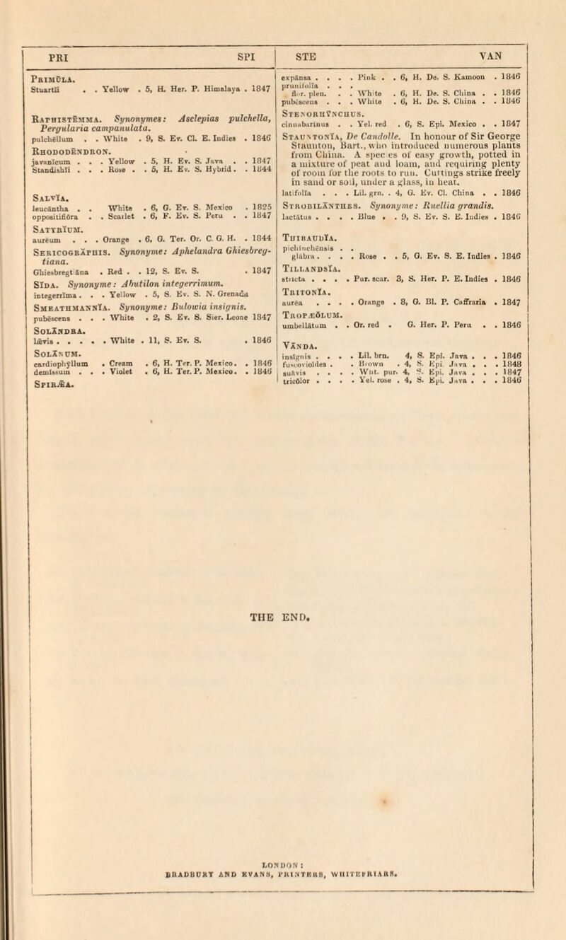 PRI SPI PbimOla. Stu«ftTi , . Yellow . 5i H. Her. P. Himalaya . 1847 Rapoistemma. Synonymes: Jsclepias pulchella, Pergularia campanulata. pulchfiUum . . White , 9, S. Er. Cl. E. Indies . 1846 Rhododendron. iavaalcum . . ■ Yellow . 5. H. Er. S. JsTa . . 1047 8laDdi»hIi . . . Roae . . 6, H. Er. S. Hybrid. . 1044 Salvia. leucAntha . . White . 6, 0. Er. S. Mexico . 1825 opposiiiflOra . , Scarlet . 6, F. Er. 8. Peru . . 1847 SattbIum. aureum . • . Orange . , 6, 0. Ter. Or. C. 0. H. . 1844 Sericografuis. Synonyme: Aphelandra Ghiesbreg- tiana. Gliieftbregt 6ns • Red . . 12, S. Ev. S. . 1847 SiDA. Synonyme: Jhutilon integerrimum. integenlma. . . Yellow • 5, S. Ev. S. N. Grenada SmeathmannYa. Synonyme: Bulowia inaignie. pub6&ceDS • • . White • 2, S. Er. 8. Sier. Leooe 1847 SOLlnSBA. IsTia • • • • • White • 11, S. £t. S> • 1846 SOLAMTM. cardiopli^Uum • Cream . 6, H. Ter. P. Mexico. . 1846 demlsbuin . • • Violet . 6, U. Ter. P. Mexico. . 1846 Spib^a. STE VAN exp6nsa . . . . Pink . . 6, H. De. 8. Kamoou 1846 prunitolTa . • fliir. pleu. . Wh le . 6, H. De. 8. China . 1846 pubcsceua . . . While . 6, H. De. 8. China . 1U46 Stbnoru?ncuus. cinnttbunniis . . Yel. red . 6| S. Epi. Mexico . 1047 StaumonTa, De Candolle. In honour of Sir George Staunton, liart.,\vlio introduced numerous plants from CUina A spec es of easy growth, potted in a mixture of peat and loam, and requiring plenty of room lor the roots to run. Cuttings striBe freely in sand or sod, under a glass, in heat. latifolia . . . Lil. grn. . 4, G. Ev. Cl. China . 1846 Strobilantubs. Synonyme: Ruellia grandia. Idctatus . . . . Elue • . 9, S. Er. S. E. ludiee 184G TuibaudIa. pichinchtosis . glObni. . . . Rose . . 5, G. Et. S. E. Indies 1846 TillandsIa. stiicta . • . . Pur. Bear. 3, 8. Her. P. E. Indiee IB'ie TritonIa. aurea . • . . Ornnge . 8, (i. HI. F. Uatfraria 1847 Trop.e6lom. umbellAlum • . Or. red . G. Her. P. Peru . 1846 Vanda. . Lil. brn. 4, 8. Epi. .Tava • • 1046 . Hiowii . 4, H. Epi Java , . 1848 . Wat. pur. 4, *?. Kpi. Java . . 1847 iricftlor . . . . a el. rose . 4, 8. Epi. Jiiva . . 1046 I THE END* 1 LONDON; BQADUUBT AND EVANS, PKlNTRttS, WillTEflUABfl.