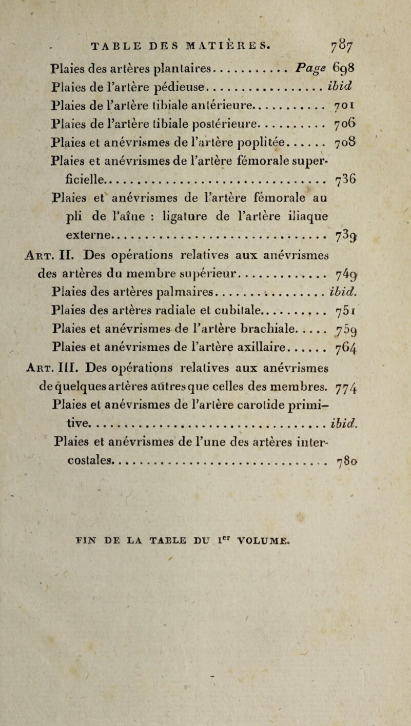 Plaies des artères planlaires.Page 698 Plaies de Tarière pédieuse.ibid Plaies de Tarière tibiale antérieure. 701 Plaies de l’artère tibiale postérieure. 706 Plaies et anévrismes de Tarière poplitée. 708 Plaies et anévrismes de Tartère fémorale super* ficielle. 736 Plaies et anévrismes de Tartère fémorale au pli de Taine : ligature de Tartère iliaque externe. 789 Art. II. Des opérations relatives aux anévrismes des artères du membre su])érieur. 749 Plaies des artères palmaires.ihid. Plaies des artères radiale et cubitale.. .. 761 Plaies et anévrismes de Tarière brachiale. 769 Plaies et anévrismes de Tarière axillaire.764 Art. III. Des opérations relatives aux anévrismes de quelques artères autres que celles des membres. 774 Plaies et anévrismes de Tartère carotide primi¬ tive.ïbid. \ Plaies et anévrismes de Tune des artères inter¬ costales. 780 FIN DE LA TABLE DU l VOLUME. r / /