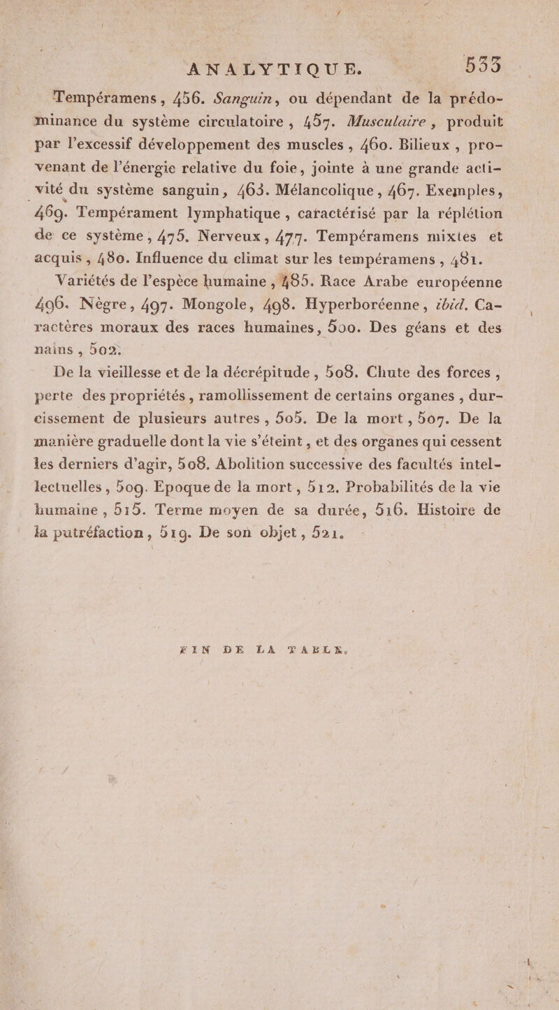 Tempéramens , 456. Sanguir, ou dépendant de la prédo- minance du système circulatoire , 457. Musculaire , produit par l’excessif développement des muscles , 460. Bilieux , pro- venant de l’énergie relative du foie, jointe à une grande acti- _vité dn système sanguin, 463. Mélancolique , 467. Exemples, 469. Tempérament lymphatique , caractérisé par la réplétion de ce système, 475. Nerveux, 477. Tempéramens mixtes et acquis , 480. Influence du climat sur les tempéramens , 481. Variétés de l'espèce humaine , 485. Race Arabe européenne 406. Nègre, 497. Mongole, 498. Hyperboréenne, ibid. Ca- ractères moraux des races humaines, 500. Des géans et des nains , 902, De la vieillesse et de la décrépitude , 508. Chute des forces, perte des propriétés, ramollissement de certains organes , dur- cissement de plusieurs autres , 505. De la mort, 507. De la manière graduelle dont la vie s'éteint , et des organes qui cessent les derniers d’agir, 508. Abolition successive des facultés intel- lectuelles , 509. Epoque de la mort, 512. Probabilités de la vie humaine , 515. Terme moyen de sa durée, 516. Histoire de la putréfaction, 519. De son objet, 521. ÊIN DE LA TABLE.