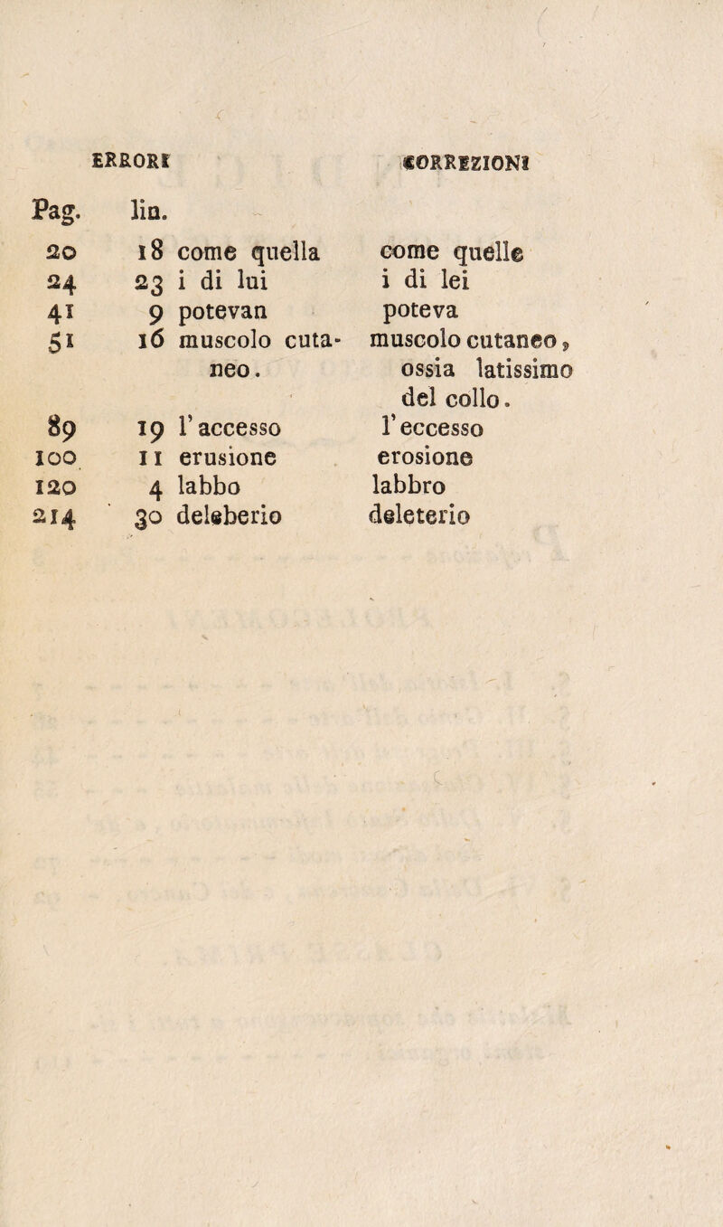 ERRORI CORRIZIONI Pag. lin. 20 18 come quella come quelle 24 23 i di lui i di lei 41 9 potevan poteva 51 16 muscolo cuta¬ muscolo cutaneo ^ neo. ossia latissimo ■ del collo. 89 19 l’accesso l’eccesso 100 Il erosione erosione 120 4 labbo labbro 214 30 deleberio deleterio