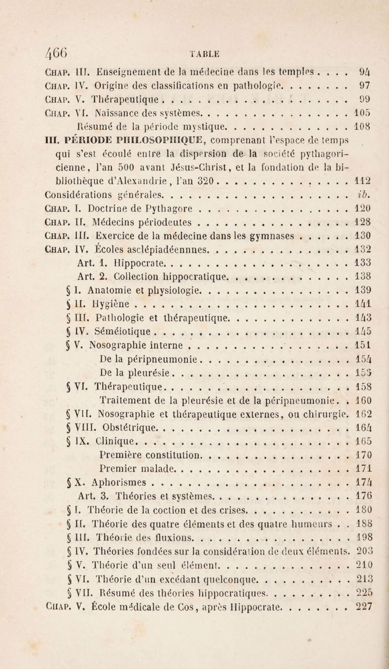 Ghap. lir. Enseignement de la médecine dans les temples .... 9/i Chap. IV. Origine des classiücalions en pathologie. 97 Ghap. V. Thérapeutique. 99 Ghap. Vf. Naissance des systèmes.105 Résumé de la période mystique.108 III. PÉRIODE PïîILOSOPïIIQUE, comprenant l’espace de teiT]j)s qui s’est écoulé entre la dispersion de la société pythagori¬ cienne, l’an 500 avant Jésus-Ghrist, et la fondation de la bi¬ bliothèque d’Alexandrie, l’an 320. ..... 112 Gonsidérations générales.ib. Ghap. ï. Doctrine de Pythagore.120 Ghap. II. Médecins périodeutes.128 Ghap. III. Exercice de la médecine dans les gymnases.130 Ghap. IV. Écoles asclépiadéennnes.132 Art. 1. Hippocrate.. . 133 Art. 2. Gollection hippocratique.138 § 1. Anatomie et physiologie.139 $ II. Hygiène.1^1 § ni. Pathologie et thérapeutique.l/i3 § IV. Séméiotique.lZj5 § V. Nosographie interne..151 De la péripneumonie.154 De la pleurésie.153 § VI. Thérapeutique.158 Traitement de la pleurésie et de la péripneumonie. . 160 § VII. Nosographie et thérapeutique externes, ou chirurgie. 162 § VIH. Obstétrique.164 § IX. Clinique. . ..165 Première constitution.170 Premier malade. 171 § X. Aphorismes.174 Art. 3. Théories et systèmes.176 § I. Théorie de la coction et des crises.180 § II. Théorie des quatre éléments et des quatre humeurs . . 188 § 111. Théorie des fluxions.198 § IV. Théories fondées sur la considéraiion de deux éléments. 203 § V. Théorie d’un seul élément.210 § VI. Théorie d’un excédant quelconque.213 § VH. Résumé des théories hippocratiques.225 Ghap. V. École médicale de Cos, après Hippocrate.227