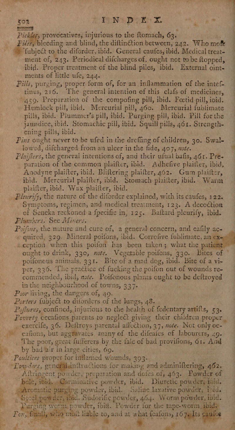 ns Md a > ‘a sr, ; ay eo) SP ar ba a he es; provecatives, injurious to the (inci 63. | 63 bleeding and blind, the diftinGtion hatweni 242. Who mot * fu bject to ithe diforder, ibid. General caufes, ibid. Medical treat- ment of, 243. Periodical difcharges of, ought not tobe {topped, ibid. Biooes treatment of the blind piles, ibid. External oint- ments.of little ufe, 244. Pills, purging, proper form of, for an inflammation of the intef- tines, 216. The general intention of this clafs of medicines, ‘459. Preparation of the. compofing pill, ibid. Foetid pill, ivid. Hemlock pill, ibid. Mercurial pill, 460. Mercurial fublimate puls, ibid. Plummer’s pill, ibid, Parging pill, ibid. Pill for the jaundice, ibid. Stomachic pill, ibid. Bt palas 461. Strength- ening pills, ibid. Fins ought never to be ufed in the ‘drefling of children, 30. Swal- lowed, difcharged: from an ulcer in the fide, 407, xote. Plaifters, the general intentions of, and their ufual bafis, 461. Pre- paration of the common alison, ibid. . Adhefive plaifler, ibid, Anodyne plaiiter, ibid. Bhiftering plailter, 462. Gum plaifter, - ibid. “Mercarial plaifter, ibid. Stomach piaiiters ibid.. Warm plaifter, ibid. Wax plaifier, ibid. Bleurify, the nature of the diforder explained, Bons a caufes, 122. Symptoms, regimen, and medical treatment, 123. A decoction of GSeneka reckoned a fpecific in, 125. Baftard pleurify, ibid. Filinerbers. See Afiners. Poi fs dis a6 nature and cure of, a general concern, and eafily ace ~ quired, 329. Mineral poitons, ibid. Corrofive fublimate, an ex s.ception when. this poifon has been taken 5 what the patient ought to drink, 33 ©, note. Vegetable poifons, 330. . Bites of poifonous animals, 331. Bite of a mad dog, ibid. Bite of a vi-~ per, 336. The practice of fucking the poifon out of wounds re- commended, ibid, ate. Poifonous plants ought to be deftroyed in the neighbourhood of towns, 337. . Poor living, the dangers of, 4o. ; Porters fubjedt to dilorders, of the lungs, 48. Poflures, confined, injurious to the health of fedentary artifts, 53, Poverty eccafions parents to neglect giving their children proper _ , exercile, 36. Deitroys parental alfeCtion, 37, note. Not only oc- © ‘cafions, but aggtevates many of the seine of labourers, 49. The poor, great fuiferers by the fale of bad prevehone, 61. And ; by bad ‘air in large cities, 60. . ,Poultices proper for inflamed wounds, 393. | Lowders, genefaleinitruCtions for making and adminilberingy 462. “Atti gent powder » pre p2ration and dofes of, 453. Powder of ole, ibid. Gar minative powder, ibid. Diuretic powder; i iuid. rae purg) ng powder, ibid. Saline laxative powder; Pid. Toe atts id. Sudorific pow der, 464. Worm powder, i ibid. powder, ibid. Powder for. the tape-worm,1 oat liable to, and at what ee. 16 Jelis | s an . c ry