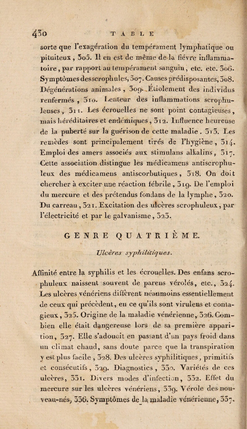 sorte que rexagération du tempérament lymphatique ou pituiteux , 5o5. Il en est de même de la fiév re inflamma¬ toire , par rapport au tempérament sanguin, etc. etc. 5o6. Symptômes desscropliiiles, 007. Causes prédisposantes, SoS. Dégénérations animales , Sog. .Étiolement des individus renfermés , 510. Lenteur des inflammations scropliu- ieuses, 5iï. Les écrouelles ne sont point contagieuses, mais héréditaires et endérniques, 312. Influence heureuse de la puberté sur la guérison de cette maladie . 5i3. Les remedes sont principalement tirés de Thygiène , 5i4* Emploi des amers associés aux stimulans alkalins, 517. Celte association distingue les médicamens antiscrophu- leux des médicamens antiscorbutiques, 318. On doit chercher à exciter une réaction fébrile , 3ig. De Femploi du mercure et des prétendus fondans de la lymphe, 3*2o. Du carreau, 32i. Excitation des ulcères scropliuleux, par Félectricité et par le galvanisme, 325. GENRE QUATRIÈME. Ulcères sypJLilitîcjues, Affinité entre la syphilis et les écrouelles. Des enfans scro- pbuleux naissent souvent de parens vérolés, etc., 324. Les ulcères vénériens diffèrent néanmoins essentiellement de ceux qui précèdent, en ce qu’ils sont virulens et conta¬ gieux, 325. Origine de la maladie vénérienne, 526. Com¬ bien elle était dangereuse lors de sa première appari¬ tion, 327. Elle s’adoucit en passant d’an pays froid dans un climat chaud, sans doute parce que la transpiration y est plus facile , 328. Des ulcères syphilitiques , primitifs et consécutifs , 329. Diagnostics , 33o. Variétés de ces ulcères, 33i. Divers modes d’infection, 532. Effet du mercure sur les ulcères vénériens, Sog. Vérole des nou- yeau-nés^ 336. Symptômes de la, maladie vénérienne, 357.