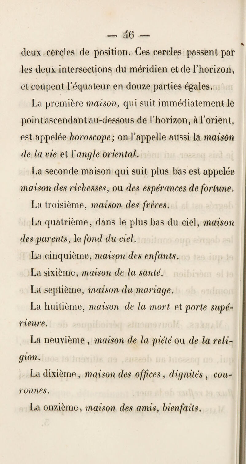 deux cercles de position. Ces cercles passent par les deux intersections du méridien et de Thorizon, et coupent l’équateur en douze parties égales. La première maison, qui suit immédiatement le point ascendant au-dessous de l’horizon, à Lorient, est appelée horoscope; on l’appelle aussi la maison de la vie et Vangle oriental. La seconde maison qui suit plus bas est appelée maison des richesses, ou des espérances de fortune. î^a troisième, maison des frères. l^a quatrième, dans le plus bas du ciel, maison des parents, le fond du ciel. La cinquième, maison des enfants. La sixième, maison de la santé. La septième, maison du mariage. La huitième, maison de la mort et porte supé¬ rieure. La neuvième , maison de la piété ou de la reli¬ gion. La dixième, maison des offices , dignités , cou¬ ronnes. La onzième, maison des amis, bienfaits.