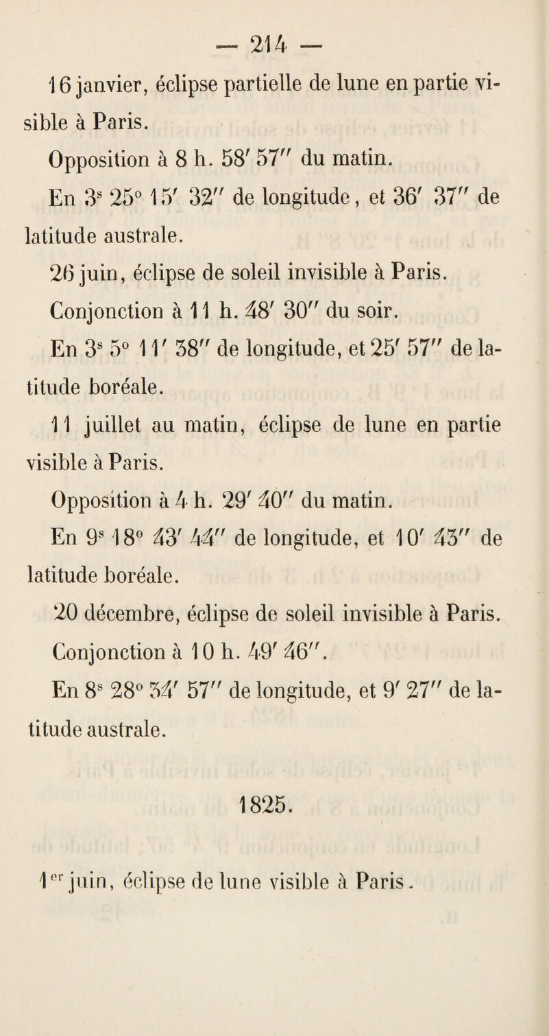 16 janvier, éclipse partielle de lune en partie vi¬ sible à Paris. Opposition à 8 h. 58^ 57'^ du matin. En 3® 25'' 15' 32^' de longitude, et 36' 37 de latitude australe. 26 juin, éclipse de soleil invisible à Paris. Conjonction à 11 h. 48' 30 du soir. En 3® 5 11' 38 de longitude, et 25' 57 de la¬ titude boréale. 11 juillet au matin, éclipse de lune en partie visible à Paris. Opposition à 4 h. 29' 40 du matin. En 9® 18 43' 44 de longitude, et 10' 43 de latitude boréale. 20 décembre, éclipse de soleil invisible à Paris. Conjonction à 10 h. 49' 46. En 8® 28 34' 57 de longitude, et 9' 27 de la¬ titude australe. 1825.