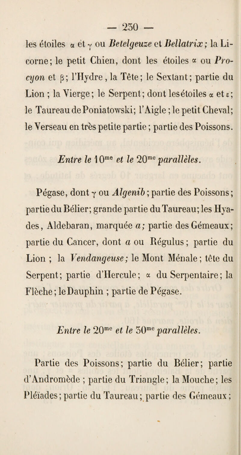 — 250 — les étoiles « et y ou Betelgeuze et Bellatrix; la Li¬ corne; le petit Chien, dont les étoiles a ou Pro- cyon et p; l’Hydre , la Tête; le Sextant; partie du Lion ; la Vierge; le Serpent; dont lesétoiles a et s; le Taureau de Poniatowski; l’Aigle ; le petit Cheval; le Verseau en très petite partie ; partie des Poissons. Entre le 10“® et le 20^^ parallèles. Pégase, dont y ou Algenib ; partie des Poissons ; partie du Bélier; grande partie du Taureau; les Hya- des, Aldebaran, marquée a; partie des Gémeaux; partie du Cancer, dont a ou Régulus ; partie du Lion ; la Vendangeuse; le Mont Ménale; tête du Serpent ; partie d’Hercule ; a du Serpentaire ; la Flèche; le Dauphin ; partie de Pégase. Entre le 20“® et le parallèles. Partie des Poissons; partie du Bélier; partie d’Andromède ; partie du Triangle; la Mouche; les Pléiades; partie du Taureau; partie des Gémeaux;