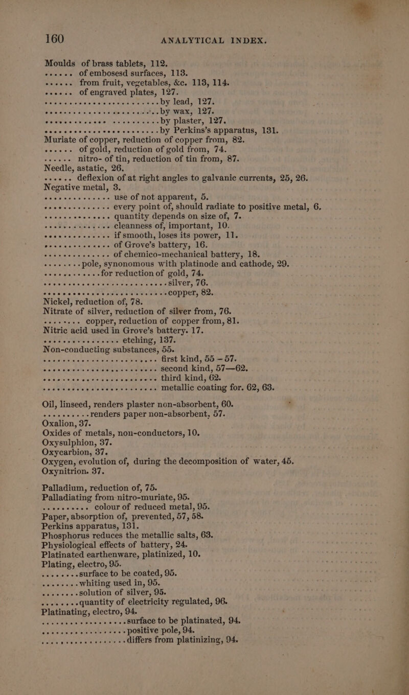 Moulds of brass tablets, 112. e+eeee Of embosesd surfaces, 113. «+... from fruit, vegetables, &amp;c. 113, 114. eeeeee Of engraved plates, 127. ot Fa om b asnonve epuid eiataels by lead, 127. RES Alias B-5,«, Nala antag *.-by wax, 127. Palate oN aed Pes sk ews by plaster, 127. inp Cedse vessel dane awnwe by Perkins’s apparatus, 131. Muriate of copper, reduction of copper from, 82. e+ee-. Of gold, reduction of gold from, 74. Scie ghee nitro- of tin, reduction of tin from, 87. Needle, astatic, 26. +++. Geflexion of at right angles to galvanic currents, 25, 26. Negative metal, 3. eA rer use of not apparent, 5. Falla atc e Cart every point of, should radiate to positive metal, 6, trinenves ss +++ quantity depends on size of, 7. A a od een cleanness of, important, 10. whee oer er eet if smooth, loses its power, 11. Be cick crntataucaiaite of Grove’s battery, 16. Se epee io of chemico-mechanical battery, 18. be aw sie's pole, synonomous with platinode and cathode, 29. eee wesceees for reduction of gold, 74. eh oie Ween ce aereenth wrieee wee ee silver, 76. TETPUNIE EEO AY et ier copper, 82. Nickel, reduction of, 78. Nitrate of silver, reduction of silver from, 76. re ee a copper, reduction of copper from, 81. Nitric acid used in Grove’s battery. 17. Sa sop wales an one etching, 137. Non-conducting substances, 55. Re Saas n'a Sree ected ..-- first kind, 55 — 57. bia Pa singlet ea bean take ..-. second kind, 57—62. ob 0.90 00s og snk iad spiaih wale tat po RUG nD ore bitte Salt Ct ame re ae metallic coating for. 62, 63. Oil, linseed, renders plaster non-absorbent, 60. ea ele ee bis le renders paper non-absorbent, 57. Oxalion, 37. Oxides of metals, non-conductors, 10. Oxysulphion, 37. Oxycarbion, 37. Oxygen, evolution of, during the decomposition of water, 45. Oxynitrion. 37. Palladium, reduction of, 75. Palladiating from nitro-muriate, 95. -eeeeeeeee Colour of reduced metal, 95. Paper, absorption of, prevented, 57, 58. Perkins apparatus, 131. Phosphorus reduces the metallic salts, 63. Physiological effects of battery, 24. Platinated earthenware, platinized, 10. epee: electro, 95. . .surface to be coated, 95. bial alt wide whiting used in, 95. Silex. 3 solution of silver, 95. «see... quantity of electricity regulated, 96. Platinating, fear 94. . -surface to be platinated, 94. . -positive pole, 94. ek vaele pal ean 3% differs from platinizing, 94. eer ereweoeeeeeee