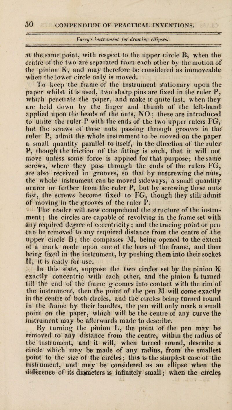 Farey’s instrument for drawing' ellipses. at th e same point, with respect to the upper circle B, when the centre of the two are separated from each other by the motion of the pinion K, and may therefore be considered as immoveable when the lower circle only is moved* To keep the frame of the instrument stationary upon the paper whilst it is used, two sharp pins are fixed in the ruler P? which penetrate the paper, and make it quite fast, when they are held down by the finger and thumb of the left-hand applied upon the heads of the nuts, NO ; these are introduced to unite the ruler P with the ends of the two upper rulers FG, but the screws of these nuts passing through grooves in the ruler P, admit the whole instrument to be moved on the paper a small quantity parallel to itself, in the direction of the ruler P, though the friction of the fitting is such, that it will not move unless some force is applied for that purpose; the same screws, where they pass through the ends of the rulers FG, are also received in grooves, so that by unscrewing the nuts, the whole instrument can be moved sideways, a small quantity nearer or farther from the ruler P, but by screwing these nuts fast, the screws become fixed to FG, though they still admit of moving in the grooves of the ruler P. The reader will now comprehend the structure of the instru¬ ment; the circles are capable of revolving in the frame set with any required degree of eccentricity; and the tracing point or pen Can be removed to any required distance from the centre of the upper circle B; the compasses M, being opened to the extent of a mark made upon one of the bars of the frame, and then being fixed in the instrument, by pushing them into their socket H, it is ready for use. In this state, suppose the two circles set by the pinion K exactly concentric with each other, and the pinion L turned till the end of the frame g comes into contact with the rim of the instrument, then the point of the pen M will come exactly in the centre of both circles, and the circles being turned round in the frame by their handles, the pen will only mark a small point on the paper, which will be the centre of any curve the instrument may be afterwards made to describe. By turning the pinion L, the point of the pen may be removed to any distance from the centre, within the radius of the instrument, and it wilt, when turned round, describe a circle which may be made of any radius, from the smallest point to the size of the circles; this is the simplest case of the instrument, and may be considered as an ellipse when the difference of its diameters is infinitely small; when the circles