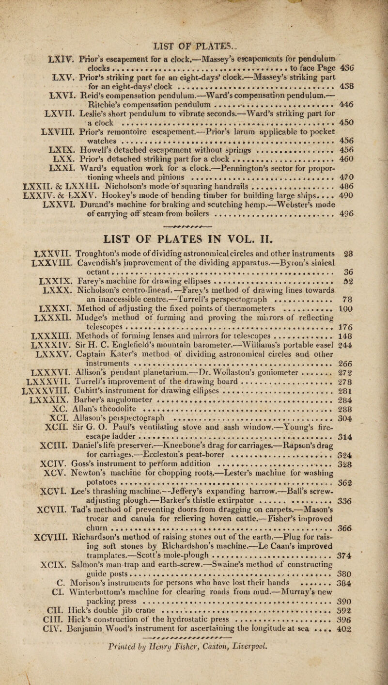 LXIV. Prior’s escapement for a clock.—Massey’s escapements for pendulum clocks ... to face Page 436 LXV. Prior’s striking part for an eight-days’ clock.—Massey’s striking part for an eight-days’ clock .....438 LXVI. Reid’s compensation pendulum.—Ward’s compensation pendujum.— Ritchie’s compensation pendulum....446 LXVII. Leslie’s short pendulum to vibrate seconds.—Ward’s striking part for a dock ...... 450 LXVIII. Prior’s remontoire escapement.—Prior’s larura applicable to pocket watches.......456 LXIX. Howell’s detached escapement without springs..... 456 LXX. Prior’s detached striking part for a clock ... 460 LXXI. Ward’s equation work for a clock.—Pennington’s sector for propor¬ tioning wheels and pinions ...470 LXXII. & LXXIII. Nicholson’s mode'of squaring handrails .. 486 LXXIV. & LXXV. Hookey’s mode of bending timber for building large strips. .. . 490 LXXVI. Durand’s machine for braking and scutching hemp.—Webster’s mode of carrying otf steam from boilers . 496 LIST OF PLATES IN VOL. II. LXXVII. Troughton’s mode of dividing astronomical circles and other instruments 28 LXXVIII. Cavendish’s improvement of the dividing apparatus.—Byron’s sinical octant........ 36 LXXTX. Farey’s machine for drawing ellipses .... 52 LXXX. Nicholson’s centro-linead.—Fareds method of drawing lines towards an inaccessible centre.—Turrell’s perspectograph . 78 LXXXI. Method of adjusting the fixed points of thermometers . 100 LXXXI1. Mudge’s method of forming and proving the miirors of reflecting telescopes. 176 LXXXIIL Methods of forming lenses and mirrors for telescopes. 148 LXXXIV. Sir H. C. Englefield’s mountain barometer.'—Williams’s portable easel 244 LXXXV. Captain Rater’s method of dividing astronomical circles and other instruments. 266 LXXXVI. Allison’s pendant planetarium.—Dr. Wollaston’s goniometer . 272 LXXXVII. Turrell’s improvement of the drawing board.278 LXXXVIH. Cubitt’s instrument for drawing ellipses.281 LXXXIX. Barber’s angulometer. 284 XC. Allan’s theodolite . 288 XCI. Allason’s peispectograph . 304 XCII. Sir G. O. Paul’s ventilating stove and sash window.—Young’s fire- escape ladder .. 314 XCIII. Daniel’s life preserver.—Kneebone’s drag for carriages.—Rapson’s drag lor carriages.—Ecclestones peat-borer .. 324 XCIV. Goss’s instrument to perform addition . 328 XCV. Newton’s machine for chopping roots.—Lester’s machine for washing potatoes. 362 XCVI. Lee’s thrashing machine.—Jeffery’s expanding harrow.—Ball’s screw¬ adjusting plough.—Barker’s thistle extirpator.336 XCVII. Tad’s method of preventing doors from dragging on carpets.—Mason’s trocar and canula for relieving hoven cattle.—Fisher’s improved churn. 366 XCVHI. Richardson’s method of raising stones out of the earth.—Plug for rais¬ ing soft stones by Richardshon’s machine.—Le Caan’s improved tramplates.—Scott’s mole-plough. 374 XCIX. Salmon’s man-trap and earth-screw.—Swaine’s method of constructing guide posts. 380 C. Morison’s instruments for persons who have lost their hands .384 Cl. Winterbottom’s machine for clearing roads from mud.—Murray’s new packing press .390 CII. Hick’s double jib crane . 392 CI.IL Hick’s construction of the hydrostatic press . 396 CIV. Benjamin Wood’s instrument for ascertaining the longitude at sea .... 402 Printed by Henry Fisher, Caxton, Liverpool.