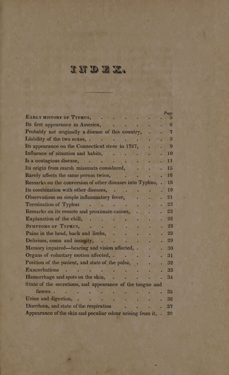 LEWD BK EARLY HISTORY oF TyPHUs, “ Its first appearance in America, Probably not originally a disease of this Santi Liability of the two sexes, . : : 4 Its appearance on the Connecticut river in 1787, Influence of situation and habits, Is a contagious disease, - ° : Its origin from marsh miasmata Peatiaced, Rarely affects the same person twice, ° é Remarks on the conversion of other diseases into Typhns, d Its combination with other diseases, Observations on simple inflammatory fever, Termination of Typhus . Remarks on its remote and proximate causes, Explanation of the chill, . 5 y ‘ Symptoms or Typuus, . f Pains in the head, back and limbs, . : : Delirium, coma and insagity, . ‘ ‘ : ‘ Memory impaired—hearing and vision affected, Organs of voluntary motion affected, Position of the patient, and state of the pulse, . Exacerbations . : : ‘ ; : Hemorrhage and spots on the skin, . ‘ . State of the secretions, and appearance of the are sid fauces . ; d : . , ‘ : : . Urine and digestion, . ‘ . : Diarrhea, and state of the respiration é : Appearance of the skin and peculiar odour arising from it, 23